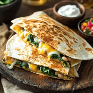 - 1 can (15 oz) white beans, drained and rinsed - 2 cups fresh spinach, chopped - 1 cup shredded Monterey Jack cheese (or cheese of your choice) - 1 small onion, finely diced - 2 cloves garlic, minced - 1 teaspoon ground cumin - 1 teaspoon chili powder - Salt and pepper to taste - 4 large flour tortillas - 1 tablespoon olive oil (for cooking) You need these ingredients for a tasty white bean spinach quesadilla. Each one plays a key role in the flavor and health of the dish. White beans add creaminess and protein. Fresh spinach gives a boost of vitamins. Cheese adds richness, and onion and garlic bring depth to the taste. The spices add warmth and zest. - Alternatives for white beans: You can use black beans or chickpeas. Both add great flavor and protein. - Cheese variations: Try cheddar, pepper jack, or a dairy-free cheese if you prefer. - Fresh vs. frozen spinach: Fresh spinach is best, but frozen works too. Just thaw it and squeeze out the water before using. - Calories per serving: Each quesadilla has around 300 calories. - Breakdown of macronutrients: Expect about 12 grams of protein, 10 grams of fat, and 40 grams of carbs. - Health benefits of key ingredients: White beans support heart health. Spinach is rich in iron and vitamins. Cheese provides calcium for strong bones. Olive oil is a healthy fat that can lower bad cholesterol. For a complete guide on making these delicious quesadillas, check out the Full Recipe. - Mashing the white beans Start by draining and rinsing the can of white beans. Place them in a medium bowl. Use a fork or potato masher to mash the beans. Aim for a mix that is slightly chunky yet mostly smooth. This texture adds a nice feel to the quesadillas. - Sautéing onions and garlic In a skillet over medium heat, drizzle some olive oil. Add the finely diced onion. Sauté it for about 3 to 4 minutes until it softens. Next, throw in the minced garlic, ground cumin, and chili powder. Stir for another minute until the mix smells great. This step builds a strong flavor base for your filling. - Adding spinach and seasoning Stir in the chopped spinach to the skillet. Cook it for 1 to 2 minutes until it wilts. Remove the skillet from heat. Combine this onion and spinach mix with the mashed white beans in your bowl. Add half of the shredded cheese, mixing well. Season the filling with salt and pepper to taste. - Spreading the filling on tortillas Heat a clean skillet over medium heat. Place one tortilla in the skillet. Spread about a quarter of the white bean-spinach filling onto half of the tortilla. Top it with some more cheese. Fold the tortilla over to create a half-moon shape. - Cooking the quesadillas Cook each quesadilla for about 2 to 3 minutes on each side. You want them golden brown, and the cheese should melt nicely. Repeat this with the remaining tortillas until done. - Tips for achieving crispy tortillas To get crispy tortillas, ensure your skillet is hot enough. Don't overcrowd the pan; cook one or two at a time. Use a bit more oil if needed to help crisp up the edges. Enjoy your delicious, healthy quesadillas! For the full recipe, check out the detailed instructions provided above. To keep your quesadillas from sticking, use a non-stick skillet or pan. Adding a bit of olive oil helps create a barrier. Heat your skillet on medium, but don’t rush it. If it’s too hot, the tortillas may burn before the cheese melts. You want a warm, gentle heat for even cooking. You can serve these quesadillas with sour cream and salsa. They add a nice zing! For a fun twist, try guacamole or a fresh salad on the side. For presentation, cut the quesadillas into wedges and arrange them on a colorful plate. A sprinkle of fresh herbs on top can also enhance the look. One mistake is overfilling your tortillas. This can make them hard to fold and cook evenly. Use just enough filling to keep them manageable. Another common mistake is not cooking at the right temperature. If your skillet is too hot or too cold, the quesadillas won’t come out crispy and golden. Aim for that perfect medium heat for the best results. {{image_2}} You can easily customize your white bean spinach quesadillas. First, consider adding proteins like shredded chicken or tofu. This change boosts protein and makes the meal heartier. If you choose tofu, make sure to press it first. This helps remove excess water and improves the texture. Next, you can incorporate additional vegetables. Bell peppers, mushrooms, or zucchini add color and nutrition. Just chop them up and sauté them with the onions and garlic. This step enhances the flavor and texture of your quesadillas. Adjusting the spice level can change the whole dish. If you like heat, add jalapeños or cayenne pepper. Start with a small amount, taste, and adjust to your liking. For a milder flavor, simply reduce or skip the chili powder. You can also experiment with different cheese blends. While Monterey Jack is great, try pepper jack for extra kick or even a blend of cheddar and mozzarella. Mixing cheeses can create a unique taste and gooey texture. To make your quesadillas more fun, try mini versions. Simply use smaller tortillas and fill them the same way. Cut them into bite-sized pieces. These make perfect appetizers or snacks for parties. Lastly, think about cooking methods. You can grill the quesadillas for a smoky flavor or pan-fry them for a crispy finish. Either method brings out the flavors but in different ways. Just choose what fits your style. For the full recipe, check the section above. To keep your white bean spinach quesadillas fresh, store them in the fridge. Place them in a tight container. This helps keep moisture out. If you have extra filling, store it in a separate container. Use parchment paper between layers to prevent sticking. To freeze quesadillas, let them cool first. Wrap each quesadilla in plastic wrap. Then, place them in a freezer bag. Be sure to squeeze out any air. When you're ready to eat, take one out and thaw overnight in the fridge. Reheat in a skillet over medium heat until hot. You can also use the microwave, but this may make them soft. In the fridge, these quesadillas last about 3 to 4 days. If you freeze them, they can last up to 2 months. Check for signs of spoilage, like an off smell or mold. If they look or smell bad, it’s best to throw them away. For a quick check, just look at the tortillas and filling. Fresh quesadillas should be firm and smell great! You can easily make these quesadillas vegan. Here are some suggested substitutions: - Cheese: Use a plant-based cheese instead of Monterey Jack. Many brands offer great options that melt well. - Tortillas: Ensure your tortillas are vegan. Most flour tortillas work, but check the labels. - Sour Cream: Substitute with a plant-based sour cream or guacamole for a creamy touch. These changes keep the quesadillas tasty and plant-based! Yes, you can prep these quesadillas ahead of time. Here are some tips: - Preparation: Make the filling and store it in the fridge for up to 3 days. - Assembling: You can assemble the quesadillas and wrap them in foil. Keep them in the fridge for up to 24 hours. - Reheating: When ready to eat, cook them in a skillet over medium heat. This brings back the crispiness. These quesadillas pair well with several side dishes and dips: - Salsa: Fresh or store-bought salsa adds a nice kick. - Sour Cream: Use dairy or plant-based versions for a creamy dip. - Salad: A simple side salad with greens and a light dressing complements the meal. - Guacamole: This adds richness and flavor to every bite. For more details about the recipe, you can check the Full Recipe. This blog post covered how to make tasty White Bean Spinach Quesadillas. We explored key ingredients, substitutes, and nutritional facts. I shared easy step-by-step instructions for preparation and cooking. You learned tips for perfect quesadillas and ways to avoid common mistakes. We also discussed tasty variations and proper storage methods. Remember, cooking should be fun. Try these recipes and make them your own. Enjoy your delicious quesadillas and share them with friends!