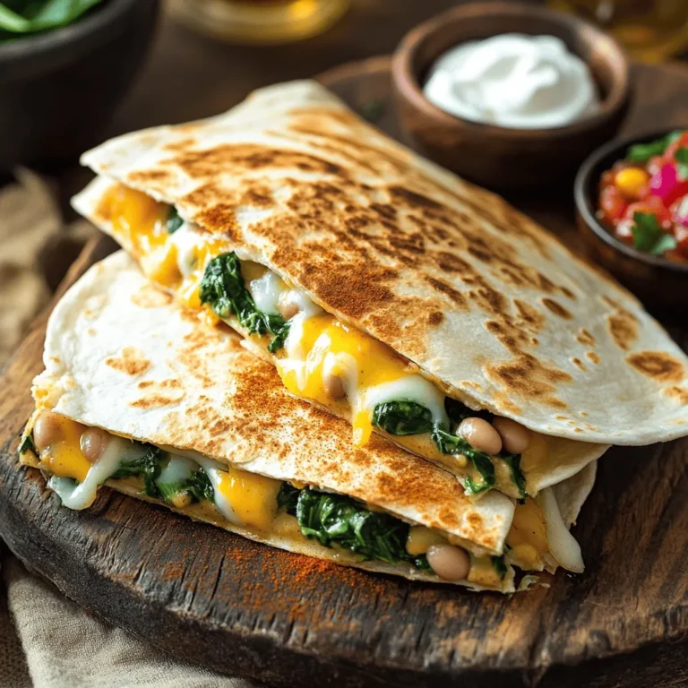 - 1 can (15 oz) white beans, drained and rinsed - 2 cups fresh spinach, chopped - 1 cup shredded Monterey Jack cheese (or cheese of your choice) - 1 small onion, finely diced - 2 cloves garlic, minced - 1 teaspoon ground cumin - 1 teaspoon chili powder - Salt and pepper to taste - 4 large flour tortillas - 1 tablespoon olive oil (for cooking) You need these ingredients for a tasty white bean spinach quesadilla. Each one plays a key role in the flavor and health of the dish. White beans add creaminess and protein. Fresh spinach gives a boost of vitamins. Cheese adds richness, and onion and garlic bring depth to the taste. The spices add warmth and zest. - Alternatives for white beans: You can use black beans or chickpeas. Both add great flavor and protein. - Cheese variations: Try cheddar, pepper jack, or a dairy-free cheese if you prefer. - Fresh vs. frozen spinach: Fresh spinach is best, but frozen works too. Just thaw it and squeeze out the water before using. - Calories per serving: Each quesadilla has around 300 calories. - Breakdown of macronutrients: Expect about 12 grams of protein, 10 grams of fat, and 40 grams of carbs. - Health benefits of key ingredients: White beans support heart health. Spinach is rich in iron and vitamins. Cheese provides calcium for strong bones. Olive oil is a healthy fat that can lower bad cholesterol. For a complete guide on making these delicious quesadillas, check out the Full Recipe. - Mashing the white beans Start by draining and rinsing the can of white beans. Place them in a medium bowl. Use a fork or potato masher to mash the beans. Aim for a mix that is slightly chunky yet mostly smooth. This texture adds a nice feel to the quesadillas. - Sautéing onions and garlic In a skillet over medium heat, drizzle some olive oil. Add the finely diced onion. Sauté it for about 3 to 4 minutes until it softens. Next, throw in the minced garlic, ground cumin, and chili powder. Stir for another minute until the mix smells great. This step builds a strong flavor base for your filling. - Adding spinach and seasoning Stir in the chopped spinach to the skillet. Cook it for 1 to 2 minutes until it wilts. Remove the skillet from heat. Combine this onion and spinach mix with the mashed white beans in your bowl. Add half of the shredded cheese, mixing well. Season the filling with salt and pepper to taste. - Spreading the filling on tortillas Heat a clean skillet over medium heat. Place one tortilla in the skillet. Spread about a quarter of the white bean-spinach filling onto half of the tortilla. Top it with some more cheese. Fold the tortilla over to create a half-moon shape. - Cooking the quesadillas Cook each quesadilla for about 2 to 3 minutes on each side. You want them golden brown, and the cheese should melt nicely. Repeat this with the remaining tortillas until done. - Tips for achieving crispy tortillas To get crispy tortillas, ensure your skillet is hot enough. Don't overcrowd the pan; cook one or two at a time. Use a bit more oil if needed to help crisp up the edges. Enjoy your delicious, healthy quesadillas! For the full recipe, check out the detailed instructions provided above. To keep your quesadillas from sticking, use a non-stick skillet or pan. Adding a bit of olive oil helps create a barrier. Heat your skillet on medium, but don’t rush it. If it’s too hot, the tortillas may burn before the cheese melts. You want a warm, gentle heat for even cooking. You can serve these quesadillas with sour cream and salsa. They add a nice zing! For a fun twist, try guacamole or a fresh salad on the side. For presentation, cut the quesadillas into wedges and arrange them on a colorful plate. A sprinkle of fresh herbs on top can also enhance the look. One mistake is overfilling your tortillas. This can make them hard to fold and cook evenly. Use just enough filling to keep them manageable. Another common mistake is not cooking at the right temperature. If your skillet is too hot or too cold, the quesadillas won’t come out crispy and golden. Aim for that perfect medium heat for the best results. {{image_2}} You can easily customize your white bean spinach quesadillas. First, consider adding proteins like shredded chicken or tofu. This change boosts protein and makes the meal heartier. If you choose tofu, make sure to press it first. This helps remove excess water and improves the texture. Next, you can incorporate additional vegetables. Bell peppers, mushrooms, or zucchini add color and nutrition. Just chop them up and sauté them with the onions and garlic. This step enhances the flavor and texture of your quesadillas. Adjusting the spice level can change the whole dish. If you like heat, add jalapeños or cayenne pepper. Start with a small amount, taste, and adjust to your liking. For a milder flavor, simply reduce or skip the chili powder. You can also experiment with different cheese blends. While Monterey Jack is great, try pepper jack for extra kick or even a blend of cheddar and mozzarella. Mixing cheeses can create a unique taste and gooey texture. To make your quesadillas more fun, try mini versions. Simply use smaller tortillas and fill them the same way. Cut them into bite-sized pieces. These make perfect appetizers or snacks for parties. Lastly, think about cooking methods. You can grill the quesadillas for a smoky flavor or pan-fry them for a crispy finish. Either method brings out the flavors but in different ways. Just choose what fits your style. For the full recipe, check the section above. To keep your white bean spinach quesadillas fresh, store them in the fridge. Place them in a tight container. This helps keep moisture out. If you have extra filling, store it in a separate container. Use parchment paper between layers to prevent sticking. To freeze quesadillas, let them cool first. Wrap each quesadilla in plastic wrap. Then, place them in a freezer bag. Be sure to squeeze out any air. When you're ready to eat, take one out and thaw overnight in the fridge. Reheat in a skillet over medium heat until hot. You can also use the microwave, but this may make them soft. In the fridge, these quesadillas last about 3 to 4 days. If you freeze them, they can last up to 2 months. Check for signs of spoilage, like an off smell or mold. If they look or smell bad, it’s best to throw them away. For a quick check, just look at the tortillas and filling. Fresh quesadillas should be firm and smell great! You can easily make these quesadillas vegan. Here are some suggested substitutions: - Cheese: Use a plant-based cheese instead of Monterey Jack. Many brands offer great options that melt well. - Tortillas: Ensure your tortillas are vegan. Most flour tortillas work, but check the labels. - Sour Cream: Substitute with a plant-based sour cream or guacamole for a creamy touch. These changes keep the quesadillas tasty and plant-based! Yes, you can prep these quesadillas ahead of time. Here are some tips: - Preparation: Make the filling and store it in the fridge for up to 3 days. - Assembling: You can assemble the quesadillas and wrap them in foil. Keep them in the fridge for up to 24 hours. - Reheating: When ready to eat, cook them in a skillet over medium heat. This brings back the crispiness. These quesadillas pair well with several side dishes and dips: - Salsa: Fresh or store-bought salsa adds a nice kick. - Sour Cream: Use dairy or plant-based versions for a creamy dip. - Salad: A simple side salad with greens and a light dressing complements the meal. - Guacamole: This adds richness and flavor to every bite. For more details about the recipe, you can check the Full Recipe. This blog post covered how to make tasty White Bean Spinach Quesadillas. We explored key ingredients, substitutes, and nutritional facts. I shared easy step-by-step instructions for preparation and cooking. You learned tips for perfect quesadillas and ways to avoid common mistakes. We also discussed tasty variations and proper storage methods. Remember, cooking should be fun. Try these recipes and make them your own. Enjoy your delicious quesadillas and share them with friends!