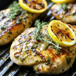 - 4 boneless, skinless chicken breasts - 1/4 cup olive oil - 3 tablespoons fresh lemon juice - Zest of 1 lemon - 3 cloves garlic, minced - 2 tablespoons fresh rosemary, chopped - 2 tablespoons fresh thyme, chopped - 1 teaspoon salt - 1/2 teaspoon black pepper - Lemon slices for grilling and garnish To make Zesty Lemon Herb Grilled Chicken, you need simple and fresh ingredients. You will love how these flavors come together. The key is using fresh herbs and ripe lemons. The olive oil adds a rich taste and helps the chicken stay moist. Fresh lemon juice and zest brighten the dish. Garlic gives it that extra depth of flavor. You can feel the herbs in every bite, thanks to the rosemary and thyme. When you mix these ingredients, think about the balance of flavors. The salt and pepper bring out the natural taste of the chicken. You can also use lemon slices for grilling. They not only add flavor but also look great on the plate. - Grill or grill pan - Medium bowl - Whisk - Resealable plastic bag or shallow dish Using the right tools makes cooking easy and fun. A grill or grill pan gives you that perfect char. A medium bowl is great for mixing your marinade. The whisk helps combine the ingredients well. A resealable plastic bag or shallow dish is perfect for marinating. This way, the chicken soaks up all the flavors. Each tool helps you make this dish a hit at your table. For the full recipe, check out the detailed steps provided. - In a medium bowl, whisk together the olive oil, lemon juice, lemon zest, minced garlic, chopped rosemary, chopped thyme, salt, and black pepper to create your marinade. - Place the chicken breasts in a resealable plastic bag or a shallow dish. Pour the marinade over the chicken. Seal the bag or cover the dish. Refrigerate for at least 30 minutes, up to 4 hours for more flavor. - Preheat your grill to medium-high heat. This setting helps achieve nice grill marks. - If you're using a charcoal grill, let the coals heat until they are covered with white ash. This shows they are ready for cooking. - Remove the chicken from the marinade and discard the excess. - Place the chicken breasts on the grill. Cook for 6-7 minutes on each side. Ensure the internal temperature reaches 165°F (75°C). The chicken should not be pink in the center. - In the last few minutes, add lemon slices to the grill. This gives them a lovely caramelized flavor. - Once cooked, take the chicken off the grill. Let it rest for about 5 minutes. This helps keep it juicy. - Slice the chicken and serve it warm. Garnish with the grilled lemon slices and any extra herbs if you like. For the full recipe, check the detailed instructions listed above. To get the best flavor, marinate the chicken longer. I suggest at least one hour, but four hours is even better. This helps the chicken soak up all the tasty lemon and herb goodness. Always use fresh herbs when you can. They add a bright taste that dried herbs can't match. When grilling, avoid flipping the chicken too often. This helps create nice grill marks and keeps the juices inside. Let the chicken rest for five minutes after cooking. This helps the juices settle, making each bite juicy and flavorful. Pair your zesty chicken with grilled vegetables or a crisp salad. The fresh flavors balance each other well. You can also serve it with a fresh lemon vinaigrette. This adds a nice zing and ties the meal together. For the complete recipe, check the Full Recipe. {{image_2}} You can change the herbs for a new taste. Use basil or parsley for a fresh twist. These herbs give a lighter flavor. If fresh herbs are hard to find, dried herbs work too. Just use less since dried herbs are stronger. Want a kick? Add crushed red pepper flakes to your marinade. This spice gives your chicken a nice heat. You can also serve it with a spicy dipping sauce. This will make your meal exciting and bold. Grilling is great, but don’t stop there! You can bake or pan-sear the chicken. For baking, preheat your oven to 375°F. Place the chicken on a baking sheet and cook for about 25 minutes. Check that the internal temperature is 165°F. Pan-searing is a fast way to cook too. Just heat a little oil in a skillet and cook for about 6-7 minutes on each side. Both methods keep the chicken juicy and flavorful. After cooking, allow the chicken to cool. Store it in an airtight container. This keeps it fresh. You can refrigerate it for up to four days. Check it for signs of spoilage before eating. Use it in salads or wraps for quick meals. To freeze grilled chicken, wrap it tightly in plastic wrap. Then place it in a freezer bag. Squeeze out the air to prevent freezer burn. It can last up to three months in the freezer. When ready to eat, thaw it overnight in the fridge. For quick thawing, place it in cold water. Reheat grilled chicken in the oven for even heat. Set the oven to 350°F (175°C) and cover it with foil. This helps keep the moisture in. You can also use a microwave. Heat it in short bursts to avoid drying it out. Add a splash of water to keep it juicy. You can check the chicken's doneness by using a meat thermometer. The safe internal temperature for chicken is 165°F (75°C). Insert the thermometer into the thickest part of the chicken. If it reads 165°F, your chicken is safe to eat. If you don't have a thermometer, cut into the chicken. The meat should be white with no pink inside. Yes, you can use other cuts! Thighs, drumsticks, or even wings work well. Just remember, cooking times will change. Thighs usually take a bit longer than breasts. Drumsticks may need around 10 minutes more on the grill. Always check that they reach 165°F for safety. Absolutely! Grilled chicken is great for meal prep. To make it easy, grill a batch at once. Store the cooked chicken in an airtight container. It stays fresh in the fridge for up to four days. You can slice it for salads or wraps. It’s a quick and healthy option for busy days. Lemon pairs great with many herbs. Here are some top picks: - Rosemary - Thyme - Oregano - Basil These herbs bring out the zesty flavor of lemon. You can mix and match to find your favorite blend. Each herb adds a unique taste, making your grilled chicken even better. For the best flavor, always use fresh herbs when you can. In this blog post, we explored a tasty grilled chicken recipe with lemon and herbs. We covered the ingredients, tools needed, and step-by-step instructions for marinating and grilling. I also shared helpful tips for flavor enhancement and variations for spice lovers. Remember, you can store leftovers easily and repurpose them into meal prep. Grilling chicken can be simple and fun. Enjoy experimenting with flavors and make your meal special. Keep it fresh, and happy cooking!