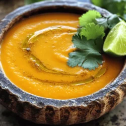 To make Spiced Carrot and Ginger Soup, gather these ingredients: - 1 tablespoon olive oil - 1 medium onion, chopped - 2 cloves garlic, minced - 1 tablespoon fresh ginger, grated - 1 teaspoon ground cumin - 1 teaspoon ground coriander - ½ teaspoon ground turmeric - ½ teaspoon ground cinnamon - 4 cups carrots, peeled and chopped - 4 cups vegetable broth - 1 cup coconut milk - Salt and pepper to taste - Fresh cilantro for garnish (optional) - Lime wedges for serving To boost the taste, consider adding these optional ingredients: - A pinch of red pepper flakes for heat - A dash of nutmeg for warmth - A swirl of honey for sweetness - Toasted pumpkin seeds for crunch Using these optional ingredients can make your soup unique. You can adjust flavors to fit your taste. Enjoy experimenting! For the full recipe, check out the instructions detailed above. To make this soup, you need to gather your ingredients. Start by peeling and chopping the carrots. You want about four cups of chopped carrots for the best flavor. Next, chop one medium onion. Mince two cloves of garlic and grate one tablespoon of fresh ginger. You will also need some spices. Grab ground cumin, ground coriander, ground turmeric, and ground cinnamon. Measure out one teaspoon of cumin and coriander, and half a teaspoon of turmeric and cinnamon. Lastly, prepare four cups of vegetable broth and one cup of coconut milk. Heat one tablespoon of olive oil in a large pot over medium heat. Add the chopped onion and sauté it for about five minutes. The onion should become soft and translucent. Next, add the minced garlic and grated ginger. Cook them together for two minutes until they smell good. Now, stir in your spices: cumin, coriander, turmeric, and cinnamon. Toast them in the pot for about one minute. This step brings out their flavor. Add the chopped carrots and the vegetable broth to the pot. Bring the soup to a boil, then reduce the heat. Let it simmer for about 25 minutes. You want the carrots to become very tender. Once they are soft, use an immersion blender to puree the soup until it is smooth. If you don't have a blender, carefully transfer the soup to a regular blender in batches. After blending, return the soup to the pot. Once the soup is smooth, stir in one cup of coconut milk. This makes the soup creamy and rich. Then, season it with salt and pepper to taste. Heat the soup gently over low heat until it is warm. To serve, ladle the soup into bowls. If you want, garnish it with fresh cilantro and a squeeze of lime juice. These final touches add brightness and extra flavor to your delicious Spiced Carrot and Ginger Soup. For the complete recipe, check out the Full Recipe section. To make the best spiced carrot and ginger soup, start with fresh ingredients. Use bright orange carrots; they add sweetness and color. Grate fresh ginger for a bold flavor. Sauté your onions and garlic until soft to build a rich base. Toast the spices briefly to bring out their taste. Don't rush the simmering; let the carrots soften nicely for a creamy texture. Finally, blend until smooth. This step is key; the soup should be velvety, not chunky. Serve this soup hot in bowls. Top with fresh cilantro for a pop of green. A squeeze of lime juice brightens the flavors. For extra crunch, add toasted seeds or nuts on top. Pair it with warm bread or a light salad. This combo makes a hearty meal. You can also serve it as an appetizer at dinner parties, impressing your guests with its vibrant color and flavor. You don’t need fancy tools to make great soup. A large pot is your main item. Use a sharp knife for chopping veggies easily. An immersion blender makes pureeing a breeze. If you don’t have one, a regular blender works too, just do it in batches. A cutting board and measuring cups help keep things organized. These few tools will help you create the best spiced carrot and ginger soup. For detailed steps, check the Full Recipe. {{image_2}} To make this soup dairy-free, simply swap coconut milk for regular milk. Coconut milk adds creaminess and richness without any dairy. If you can't find coconut milk, you can use almond milk instead. Both options keep the soup light and tasty. If you like your soup spicy, add a pinch of cayenne pepper. A little goes a long way, so start small and taste as you go. You can also use fresh chili peppers if you prefer. Adding a few slices enhances the soup's warmth and flavor. Feel free to mix up the veggies! Sweet potatoes work great and add a new layer of sweetness. You can also add red bell peppers for a sweeter touch. If you want a different taste, try using vegetable stock instead of broth. These swaps let you create your own unique version of this delightful soup. After making your spiced carrot and ginger soup, let it cool. Once cooled, transfer it to an airtight container. Store the soup in the fridge. It stays fresh for about 3 to 5 days. If you want it to last longer, freezing is a great option. To freeze your soup, use a freezer-safe container or freezer bag. Make sure to leave some space at the top, as liquids expand when frozen. Label the container with the date. The soup can last in the freezer for about 3 months. When you're ready to enjoy it, simply thaw it in the fridge overnight. When you're ready to eat, reheat the soup on the stove or in the microwave. If using the stove, pour the soup into a pot over medium heat. Stir often to prevent sticking. Heat until hot, about 5 to 10 minutes. If you're microwaving, heat in short bursts and stir in between. Enjoy your delicious soup again! For the Full Recipe, check earlier sections. Yes, you can make this soup ahead of time. It tastes even better the next day. Just let it cool and store it in the fridge. When you are ready to eat, warm it up on the stove. This soup pairs well with many things. You can serve it with crusty bread, a salad, or some rice. A dollop of yogurt on top adds a nice touch. To change the spice level, you have options. For milder soup, use less ginger and spices. For more heat, add a pinch of cayenne or red pepper flakes. Taste as you go to get it just right. For the full recipe, check the recipe section above. This soup is great as a starter or main dish. I love garnishing it with fresh cilantro and lime wedges. They add bright flavors that really pop! This blog post covered everything you need for a great soup. We explored ingredients, preparation steps, and cooking tips. You learned ways to enhance flavor and variations to try. I shared storage tips for leftovers and reheating. The soup will warm you up and satisfy your taste buds. Enjoy creating your own delicious versions!