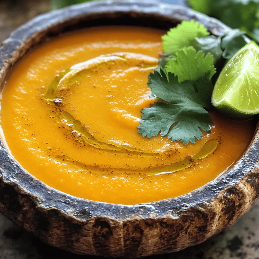 To make Spiced Carrot and Ginger Soup, gather these ingredients: - 1 tablespoon olive oil - 1 medium onion, chopped - 2 cloves garlic, minced - 1 tablespoon fresh ginger, grated - 1 teaspoon ground cumin - 1 teaspoon ground coriander - ½ teaspoon ground turmeric - ½ teaspoon ground cinnamon - 4 cups carrots, peeled and chopped - 4 cups vegetable broth - 1 cup coconut milk - Salt and pepper to taste - Fresh cilantro for garnish (optional) - Lime wedges for serving To boost the taste, consider adding these optional ingredients: - A pinch of red pepper flakes for heat - A dash of nutmeg for warmth - A swirl of honey for sweetness - Toasted pumpkin seeds for crunch Using these optional ingredients can make your soup unique. You can adjust flavors to fit your taste. Enjoy experimenting! For the full recipe, check out the instructions detailed above. To make this soup, you need to gather your ingredients. Start by peeling and chopping the carrots. You want about four cups of chopped carrots for the best flavor. Next, chop one medium onion. Mince two cloves of garlic and grate one tablespoon of fresh ginger. You will also need some spices. Grab ground cumin, ground coriander, ground turmeric, and ground cinnamon. Measure out one teaspoon of cumin and coriander, and half a teaspoon of turmeric and cinnamon. Lastly, prepare four cups of vegetable broth and one cup of coconut milk. Heat one tablespoon of olive oil in a large pot over medium heat. Add the chopped onion and sauté it for about five minutes. The onion should become soft and translucent. Next, add the minced garlic and grated ginger. Cook them together for two minutes until they smell good. Now, stir in your spices: cumin, coriander, turmeric, and cinnamon. Toast them in the pot for about one minute. This step brings out their flavor. Add the chopped carrots and the vegetable broth to the pot. Bring the soup to a boil, then reduce the heat. Let it simmer for about 25 minutes. You want the carrots to become very tender. Once they are soft, use an immersion blender to puree the soup until it is smooth. If you don't have a blender, carefully transfer the soup to a regular blender in batches. After blending, return the soup to the pot. Once the soup is smooth, stir in one cup of coconut milk. This makes the soup creamy and rich. Then, season it with salt and pepper to taste. Heat the soup gently over low heat until it is warm. To serve, ladle the soup into bowls. If you want, garnish it with fresh cilantro and a squeeze of lime juice. These final touches add brightness and extra flavor to your delicious Spiced Carrot and Ginger Soup. For the complete recipe, check out the Full Recipe section. To make the best spiced carrot and ginger soup, start with fresh ingredients. Use bright orange carrots; they add sweetness and color. Grate fresh ginger for a bold flavor. Sauté your onions and garlic until soft to build a rich base. Toast the spices briefly to bring out their taste. Don't rush the simmering; let the carrots soften nicely for a creamy texture. Finally, blend until smooth. This step is key; the soup should be velvety, not chunky. Serve this soup hot in bowls. Top with fresh cilantro for a pop of green. A squeeze of lime juice brightens the flavors. For extra crunch, add toasted seeds or nuts on top. Pair it with warm bread or a light salad. This combo makes a hearty meal. You can also serve it as an appetizer at dinner parties, impressing your guests with its vibrant color and flavor. You don’t need fancy tools to make great soup. A large pot is your main item. Use a sharp knife for chopping veggies easily. An immersion blender makes pureeing a breeze. If you don’t have one, a regular blender works too, just do it in batches. A cutting board and measuring cups help keep things organized. These few tools will help you create the best spiced carrot and ginger soup. For detailed steps, check the Full Recipe. {{image_2}} To make this soup dairy-free, simply swap coconut milk for regular milk. Coconut milk adds creaminess and richness without any dairy. If you can't find coconut milk, you can use almond milk instead. Both options keep the soup light and tasty. If you like your soup spicy, add a pinch of cayenne pepper. A little goes a long way, so start small and taste as you go. You can also use fresh chili peppers if you prefer. Adding a few slices enhances the soup's warmth and flavor. Feel free to mix up the veggies! Sweet potatoes work great and add a new layer of sweetness. You can also add red bell peppers for a sweeter touch. If you want a different taste, try using vegetable stock instead of broth. These swaps let you create your own unique version of this delightful soup. After making your spiced carrot and ginger soup, let it cool. Once cooled, transfer it to an airtight container. Store the soup in the fridge. It stays fresh for about 3 to 5 days. If you want it to last longer, freezing is a great option. To freeze your soup, use a freezer-safe container or freezer bag. Make sure to leave some space at the top, as liquids expand when frozen. Label the container with the date. The soup can last in the freezer for about 3 months. When you're ready to enjoy it, simply thaw it in the fridge overnight. When you're ready to eat, reheat the soup on the stove or in the microwave. If using the stove, pour the soup into a pot over medium heat. Stir often to prevent sticking. Heat until hot, about 5 to 10 minutes. If you're microwaving, heat in short bursts and stir in between. Enjoy your delicious soup again! For the Full Recipe, check earlier sections. Yes, you can make this soup ahead of time. It tastes even better the next day. Just let it cool and store it in the fridge. When you are ready to eat, warm it up on the stove. This soup pairs well with many things. You can serve it with crusty bread, a salad, or some rice. A dollop of yogurt on top adds a nice touch. To change the spice level, you have options. For milder soup, use less ginger and spices. For more heat, add a pinch of cayenne or red pepper flakes. Taste as you go to get it just right. For the full recipe, check the recipe section above. This soup is great as a starter or main dish. I love garnishing it with fresh cilantro and lime wedges. They add bright flavors that really pop! This blog post covered everything you need for a great soup. We explored ingredients, preparation steps, and cooking tips. You learned ways to enhance flavor and variations to try. I shared storage tips for leftovers and reheating. The soup will warm you up and satisfy your taste buds. Enjoy creating your own delicious versions!