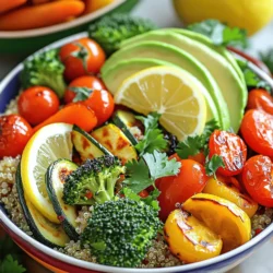 - 1 cup quinoa, rinsed - 2 cups vegetable broth or water - 1 medium zucchini, diced - 1 red bell pepper, diced - 1 cup cherry tomatoes, halved - 1 cup broccoli florets - 2 carrots, sliced - 3 tablespoons olive oil - 2 teaspoons smoked paprika - 1 teaspoon garlic powder - Salt and pepper to taste - Fresh parsley or cilantro for garnish - 1 avocado, sliced (optional) - 1 lemon, juiced (for serving) This roasted vegetable quinoa bowl shines with flavor and color. Quinoa is a great base. It holds all the goodness of the veggies. I love using fresh, seasonal produce. It makes a big difference in taste. For this bowl, I rinse the quinoa first. Rinsing helps remove a bitter coating called saponin. Next, I prepare my vegetables. I dice zucchini and red bell pepper. I also halve cherry tomatoes. Broccoli florets and sliced carrots add crunch and color. I drizzle the veggies with olive oil. Then, I sprinkle smoked paprika and garlic powder. These add depth and warmth to the dish. Salt and pepper enhance the flavors too. Fresh herbs like parsley or cilantro provide a bright finish. An avocado slice on top is a creamy option. Lastly, a squeeze of lemon juice brightens the whole dish. For the full recipe, check out the steps that follow. Each ingredient plays a role in making this bowl a tasty, healthy meal. - Preheat your oven to 400°F (200°C). Line a baking sheet with parchment paper. - In a large mixing bowl, combine the zucchini, red bell pepper, cherry tomatoes, broccoli, and carrots. This mix creates a vibrant and colorful dish. - Drizzle the vegetables with olive oil. Season with smoked paprika, garlic powder, salt, and pepper. Toss to coat them well. - Spread the vegetables in a single layer on the baking sheet. Roast them for about 25-30 minutes. Stir halfway through for even cooking. They should be tender and lightly browned when done. - While the veggies roast, bring vegetable broth to a boil in a medium saucepan. - Add the rinsed quinoa. Reduce the heat to low, cover, and simmer for about 15 minutes. The liquid should absorb fully. Let it sit, covered, for 5 minutes. Fluff the quinoa with a fork. - Once the veggies are ready, mix them with the cooked quinoa in a large bowl. Toss gently to combine. Adjust seasoning if needed. - Divide the quinoa and roasted vegetable mix into bowls. Top with avocado slices, fresh parsley or cilantro, and a squeeze of lemon juice. Enjoy the fresh flavors and colors. For the full recipe, check out the details above! Cut your vegetables evenly. This helps them cook at the same rate. If they are uneven, some will burn while others stay raw. Aim for pieces that are about the same size. This will ensure all parts get that nice, roasted flavor. To get optimal browning, use a hot oven. Preheat to 400°F. This heat will help your veggies caramelize. Place them in a single layer on the baking sheet. If they overlap, they will steam instead of roast. Stir halfway through cooking to promote even browning. You can add more flavor with spices and herbs. Try adding thyme or rosemary for a fresh taste. You might also like cumin or curry powder for a warm touch. Don't be afraid to experiment! Different oils can change the flavor too. Olive oil gives a fruity taste. Avocado oil has a light flavor that lets the veggies shine. Use what you like best to match your mood. Serve your Roasted Vegetable Quinoa Bowl in colorful bowls. This makes it look more appealing. Try garnishing with fresh herbs like parsley or cilantro. A sprinkle of these on top adds color and freshness. For a fun twist, use a wedge of lemon on the side. This not only looks nice but adds brightness. Place the bowl on a wooden board for a rustic touch. You can even add a few edible flowers for extra flair. For the full recipe, check out the details above. {{image_2}} You can boost your Roasted Vegetable Quinoa Bowl with protein. Adding beans is an easy choice. Black beans or chickpeas give a tasty texture. Tofu is another great option. Just cube it, season, and roast with the veggies. If you prefer meat, grilled chicken works well too. You can also try other protein-rich grains. Quinoa is not the only one! Bulgur or farro can add more flavor and nutrients. Using fresh, seasonal vegetables makes this bowl even better. In spring, asparagus and peas are great picks. Summer vegetables like corn and squash add sweetness. In fall, consider sweet potatoes and brussels sprouts. Winter brings root vegetables like beets and parsnips. Adjusting your recipe with these choices keeps it fresh and exciting. Feel free to swap in your favorites for a personal touch. This dish fits many diets. To keep it vegan, just avoid adding chicken or cheese. For a gluten-free option, quinoa is already a safe grain. Always check labels on ingredients like vegetable broth and spices. If you have allergies, you can use other oils or replace garlic powder. Make this bowl work for your needs without losing flavor. To keep your roasted vegetable quinoa bowl fresh, store it in the fridge. Use an airtight container to keep moisture in and bacteria out. When you reheat, use a microwave or stove. Add a splash of water to keep it moist. Heat until warm, stirring halfway. When storing, you can keep the quinoa and roasted vegetables together. However, for the best taste, keep the ingredients separate. This way, you can enjoy fresher flavors when you are ready to eat. You can freeze cooked quinoa and roasted vegetables easily. First, let them cool to room temperature. Then, place them in freezer bags or containers. Remove as much air as possible before sealing. Label the bags with the date. To thaw, move the containers to the fridge overnight. For quick thawing, you can use the microwave. When you reheat, make sure to heat them gently. This will help keep their texture nice. In the fridge, your roasted vegetable quinoa bowl lasts about 3 to 5 days. If you freeze it, it can last for 2 to 3 months. Just remember, the sooner you eat it, the better it will taste! Yes, you can prepare this dish in advance. Make the quinoa and roast the veggies. Store them in containers in the fridge. Keep the quinoa and vegetables separate to maintain texture. When you're ready to eat, just combine and warm them up. This makes meal prep easy and quick! You can serve this bowl with many tasty sides. Here are some ideas: - A simple green salad - Grilled chicken or tofu - A dollop of hummus - Fresh bread or pita These sides add variety and make your meal even more filling. You can easily change this recipe to fit your taste. Here are some tips: - Swap in your favorite vegetables such as sweet potatoes or asparagus. - Try different spices like cumin or chili powder. - Add protein like black beans or chickpeas. This lets you enjoy a new flavor each time you make it! Yes, quinoa is a complete protein. This means it has all nine essential amino acids. It’s great for a plant-based diet. Quinoa also has fiber, vitamins, and minerals. It fills you up and keeps you healthy. Enjoy it often as part of your meals! For the full recipe, check out the complete details above! This article covered how to make a tasty roasted vegetable quinoa bowl. We reviewed the ingredients you'll need and the easy steps to follow. You learned tips to enhance flavors and got ideas for different variations. Proper storage methods help you keep leftovers fresh. In conclusion, this dish is simple, nutritious, and adaptable. Enjoy it your way, and let the flavors shine. Your meal can be both healthy and delicious!