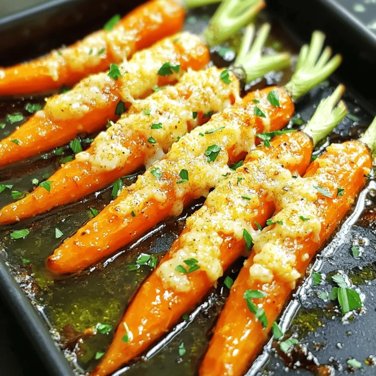 - Baby carrots (or regular carrots) - Garlic - Olive oil - Grated Parmesan cheese - Dried thyme - Salt and black pepper - Fresh parsley (for garnish) To make sure your Roasted Garlic Parmesan Carrots turn out great, measure your ingredients carefully. Use a kitchen scale for weight, if possible. For volume, use measuring cups and spoons. If you have dietary needs, you can swap some ingredients: - Use low-fat cheese instead of Parmesan for fewer calories. - Replace olive oil with a spray oil to cut down on fat. - If you need a vegan option, try nutritional yeast instead of cheese. These swaps can help you enjoy this dish while meeting your needs. Don't forget to check the [Full Recipe] for detailed cooking steps. 1. Preheating the oven: Start by preheating your oven to 425°F (220°C). This helps the carrots roast quickly and evenly. 2. Tossing ingredients in the mixing bowl: In a large mixing bowl, add 1 pound of baby carrots. Then, add 4 minced garlic cloves, 2 tablespoons of olive oil, 1 teaspoon of dried thyme, 1 teaspoon of salt, and 1/2 teaspoon of black pepper. Toss everything until the carrots are coated well. This step is crucial for flavor. 3. Arranging the carrots on the baking sheet: Line a baking sheet with parchment paper. Spread the carrots out evenly. Make sure they are not overcrowded. This helps them roast nicely without steaming. 1. Roasting time and technique: Place the baking sheet in the preheated oven. Roast the carrots for 20 minutes. Be sure to stir them halfway through. This ensures they cook evenly. 2. Adding Parmesan and final roasting: After 20 minutes, take out the baking sheet. Sprinkle 1/2 cup of grated Parmesan cheese over the carrots. Return them to the oven and roast for an additional 5-7 minutes. You want the cheese to melt and turn slightly golden. - Ensuring even roasting: Stir the carrots during roasting. This helps them brown on all sides and enhances the flavor. - Checking for doneness: The carrots should be tender when pierced with a fork. If they are soft but not mushy, they are done. You want a nice balance between tenderness and texture. Following these steps will give you Roasted Garlic Parmesan Carrots full of flavor and easy to make. For the full recipe, refer to the earlier section. To enhance the flavor of roasted garlic parmesan carrots, use fresh herbs. Fresh thyme adds a nice touch. You can also try rosemary or oregano for a different taste. A squeeze of lemon juice after roasting brightens the dish. For crispiness, the key is space. Spread the carrots out on the baking sheet. This helps them roast evenly and stay crunchy. Stir them halfway through cooking. This ensures every side gets that nice golden color. One common mistake is overcrowding the baking sheet. If you pile on too many carrots, they will steam instead of roast. Aim for a single layer for the best texture. Another issue is under-seasoning. Carrots need salt and pepper to bring out their natural sweetness. Don’t skip the seasoning or the garlic. Each adds depth and flavor. For a richer taste, consider adding a bit more parmesan cheese. This will create a wonderful crust. For the full recipe, check out the details above. {{image_2}} You can play with flavors to make this dish unique. For instance, fresh herbs can change the taste. Try adding rosemary or oregano for a fresh twist. Both herbs bring a nice earthiness that pairs well with garlic. You might also swap the cheese. Feta cheese adds a tangy kick. Cheddar cheese brings a sharpness that is delightful. Experiment with these options to find your favorite flavor. If you're short on time, the air fryer is a great choice. It cooks the carrots quickly while keeping them crisp. Set the air fryer to 400°F and cook for about 15 minutes. Shake the basket halfway through for even cooking. Grilling is another fun method. It adds a nice char and smoky flavor. Toss the carrots with oil and spices, then place them on a hot grill. Cook for about 10-12 minutes, turning often. This method gives a unique taste that’s perfect for summer meals. For the full recipe, check out the earlier section. To keep your roasted garlic Parmesan carrots fresh, store them in the fridge. Place the leftovers in an airtight container. This helps stop moisture and keeps them tasty. They will stay good for up to four days. If you want to save them for longer, you can freeze the carrots. First, let them cool completely. Then, place them in a freezer-safe bag or container. Make sure to press out any air. Frozen carrots can last up to three months. When you're ready to eat, just thaw them in the fridge overnight. You can reheat your carrots in the microwave or the oven. The microwave is fast, but it may make them a bit soggy. To reheat, place them in a bowl and cover it with a damp paper towel. Heat in 30-second bursts until warm. For a better texture, use the oven. Preheat it to 350°F (175°C). Spread the carrots on a baking sheet and heat for about 10-15 minutes. This keeps them crispy and full of flavor. You want to bring back that nice roasted taste. How long do Roasted Garlic Parmesan Carrots last in the fridge? Roasted Garlic Parmesan Carrots can last for about 3 to 5 days in the fridge. Store them in an airtight container to keep them fresh. Can I use regular carrots instead of baby carrots? Yes, you can use regular carrots. Just cut them into sticks that are similar in size to baby carrots. This helps them cook evenly. What can I serve with Roasted Garlic Parmesan Carrots? These carrots pair well with grilled chicken, steak, or fish. They also complement pasta dishes and salads, adding a nice touch of flavor. Is this recipe suitable for meal prep? Absolutely! Roasted Garlic Parmesan Carrots are great for meal prep. Make a big batch and enjoy them throughout the week. How do I know when the carrots are done roasting? The carrots are done when they are tender and slightly caramelized. You can test them by poking a fork in one. If it slides in easily, they are ready. Can I make this recipe vegan? Yes, you can make it vegan by omitting the Parmesan cheese. You can also use nutritional yeast for a cheesy flavor without dairy. What is the best type of Parmesan to use? Freshly grated Parmesan cheese works best. It melts nicely and has a rich flavor. Avoid pre-grated cheese, as it may not melt as well. For the full recipe, check out the detailed instructions above! In this post, we explored how to make tasty roasted garlic Parmesan carrots. We covered essential ingredients and accurate measurements, plus step-by-step preparation and cooking instructions. Expert tips helped avoid common mistakes. Variations let you get creative, swapping herbs or cooking methods. In the end, these carrots are easy to prepare and perfect as a side dish. With a few careful steps, you’ll impress everyone at your table. Enjoy this delicious dish anytime!