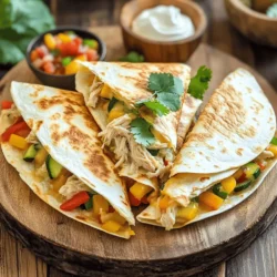 - 2 cups cooked chicken, shredded - 1 red bell pepper, diced - 1 yellow bell pepper, diced - 1 small zucchini, diced - 1 cup corn (fresh or frozen) - 1 cup shredded cheese (cheddar or Monterey Jack) - 8 large flour tortillas - 2 tablespoons olive oil - 1 teaspoon cumin - 1 teaspoon chili powder - Salt and pepper to taste - Fresh cilantro - Sour cream - Salsa To make savory chicken and veggie quesadillas, gather your main ingredients first. You need shredded chicken, colorful bell peppers, zucchini, and corn. Feel free to mix and match your favorite veggies. Next, grab the tortillas. Flour tortillas are great for this recipe, but you can use corn if you prefer. For seasonings, cumin and chili powder bring warmth to your quesadillas. Don’t forget salt and pepper to enhance the flavors. Finally, fresh cilantro, sour cream, and salsa make great garnishes. They add a nice touch and extra flavor. Check out the Full Recipe for step-by-step cooking instructions that will guide you through the process! Cooking Vegetables Start by heating one tablespoon of olive oil in a large skillet over medium heat. Add the diced red and yellow bell peppers, zucchini, and corn. Sauté these veggies for about five to seven minutes. You want them to become soft but still bright in color. This process helps bring out their sweet flavors. Mixing with Shredded Chicken Next, stir in the two cups of shredded chicken. Add one teaspoon of cumin, one teaspoon of chili powder, salt, and pepper to taste. Cook this mixture for another two to three minutes. This step lets the chicken soak up the spice flavors. Once done, remove the skillet from heat. Filling the Tortillas Grab a tortilla and lay it flat on a clean surface. On one half, spread a generous amount of your chicken and veggie mix. Don’t be shy with the filling! Top it with a sprinkle of shredded cheese. It adds a great gooey texture. Folding Techniques Carefully fold the tortilla in half, covering the filling. Make sure it’s sealed well to keep everything inside. Repeat this with the remaining tortillas and filling until you have a stack of quesadillas ready to cook. Skillet Cooking Tips In the same skillet, add the remaining tablespoon of olive oil and heat it over medium-high heat. Place two or three quesadillas in the skillet, depending on its size. Achieving the Perfect Crispness Cook each side for about three to four minutes. You want them to turn golden brown and crispy. After cooking, remove them from the skillet and keep warm. Slice the quesadillas into wedges. You can garnish with fresh cilantro. Serve them with sour cream and salsa on the side for dipping. Enjoy your savory chicken and veggie quesadillas! For the full recipe, refer to the provided details. - Choosing the Right Pan A non-stick skillet works best for quesadillas. It helps prevent sticking and makes flipping easy. Use a medium-sized pan for even cooking. - Temperature Control Keep your heat at medium. This ensures the tortillas get crispy without burning. If the pan is too hot, the outside cooks too fast while the inside stays cold. - Prepping Ingredients Ahead Chop your veggies and shred the chicken before cooking. This saves time and helps you stay organized. You can even prep the filling a day ahead. - Storage Solutions Store leftover filling in an airtight container in the fridge for up to three days. Keep cooked quesadillas in a separate container. This keeps them fresh and ready to eat. - Plating Ideas Arrange quesadilla wedges on a large plate. Add a bowl of sour cream and salsa in the center. Garnish with fresh cilantro for a colorful touch. - Best Dips to Pair Serve with sour cream and salsa for a classic combo. Guacamole also adds a creamy, tasty twist. You can also try a spicy salsa for extra kick! {{image_2}} You can switch up the protein in your quesadillas. Instead of chicken, try: - Ground beef - Shredded pork - Black beans (for a vegetarian option) Adding extra vegetables boosts flavor and nutrition. Some great choices are: - Spinach - Mushrooms - Broccoli Tortillas can change your quesadilla's taste. Whole wheat tortillas add fiber. They also give a nuttier flavor. Corn tortillas add a classic taste. They are naturally gluten-free and crispy. You can make your quesadillas even tastier with spices. Try adding: - Paprika for smokiness - Garlic powder for depth - Oregano for a fresh taste Cheese choices can also enhance flavor. Some great varieties include: - Pepper Jack for heat - Gouda for creaminess - Feta for a tangy twist These simple swaps and additions make your chicken and veggie quesadillas unique and fun. Check the Full Recipe for more details! To store leftover quesadillas, let them cool first. Place them in an airtight container. Store in the fridge for up to three days. If you want to keep them longer, consider freezing instead. To freeze quesadillas, wrap each one in plastic wrap. Then put them in a freezer-safe bag. They can stay in the freezer for up to two months. When you're ready to eat, thaw them overnight in the fridge. For the best crispiness, reheat quesadillas in a skillet. Heat the skillet over medium heat. Add a little oil to help crisp the outside. Cook each side for about three minutes until golden and warm. You can also use an oven at 375°F for about 10 minutes. This method keeps them nice and crispy. For more details, check the Full Recipe. To make chicken and veggie quesadillas from scratch, you start by cooking your veggies. Dice bell peppers and zucchini, then sauté them in olive oil. After about 5-7 minutes, add cooked chicken, cumin, and chili powder. Mix well and then fill tortillas with this tasty mixture. Fold them in half and cook in the skillet until golden brown. This simple process gives you delicious quesadillas, ready to enjoy. Yes, you can prepare these quesadillas in advance. Cook the filling a day ahead and store it in the fridge. When you are ready to eat, fill your tortillas and cook them. This makes meal prep easy and quick. You can also freeze the filled quesadillas. Just make sure to separate them with parchment paper before freezing. The best cheese for quesadillas includes cheddar and Monterey Jack. Both melt well and add great flavor. You can also try pepper jack for a spicy kick or mozzarella for a milder taste. Mixing different cheeses can enhance the taste and texture. Don't be afraid to experiment with your favorites. To make gluten-free quesadillas, use gluten-free tortillas. Many brands offer tasty options made from rice or corn. Check the label to ensure they are truly gluten-free. You can fill these tortillas just like regular ones. Enjoy the same great taste without the gluten. In this post, we explored how to make chicken and veggie quesadillas. We covered the main ingredients, seasonings, and optional garnishes that enhance flavor. You learned step-by-step instructions for preparing the filling, assembling, and cooking the quesadillas for the perfect crispness. We also discussed tips, variations, storage info, and answered common questions. Now, you can create delicious quesadillas at home. Enjoy your tasty meals while being creative with ingredients and flavors. Happy cooking!