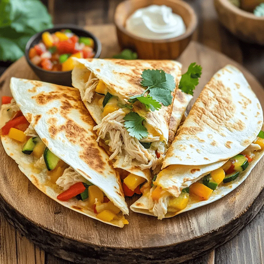 - 2 cups cooked chicken, shredded - 1 red bell pepper, diced - 1 yellow bell pepper, diced - 1 small zucchini, diced - 1 cup corn (fresh or frozen) - 1 cup shredded cheese (cheddar or Monterey Jack) - 8 large flour tortillas - 2 tablespoons olive oil - 1 teaspoon cumin - 1 teaspoon chili powder - Salt and pepper to taste - Fresh cilantro - Sour cream - Salsa To make savory chicken and veggie quesadillas, gather your main ingredients first. You need shredded chicken, colorful bell peppers, zucchini, and corn. Feel free to mix and match your favorite veggies. Next, grab the tortillas. Flour tortillas are great for this recipe, but you can use corn if you prefer. For seasonings, cumin and chili powder bring warmth to your quesadillas. Don’t forget salt and pepper to enhance the flavors. Finally, fresh cilantro, sour cream, and salsa make great garnishes. They add a nice touch and extra flavor. Check out the Full Recipe for step-by-step cooking instructions that will guide you through the process! Cooking Vegetables Start by heating one tablespoon of olive oil in a large skillet over medium heat. Add the diced red and yellow bell peppers, zucchini, and corn. Sauté these veggies for about five to seven minutes. You want them to become soft but still bright in color. This process helps bring out their sweet flavors. Mixing with Shredded Chicken Next, stir in the two cups of shredded chicken. Add one teaspoon of cumin, one teaspoon of chili powder, salt, and pepper to taste. Cook this mixture for another two to three minutes. This step lets the chicken soak up the spice flavors. Once done, remove the skillet from heat. Filling the Tortillas Grab a tortilla and lay it flat on a clean surface. On one half, spread a generous amount of your chicken and veggie mix. Don’t be shy with the filling! Top it with a sprinkle of shredded cheese. It adds a great gooey texture. Folding Techniques Carefully fold the tortilla in half, covering the filling. Make sure it’s sealed well to keep everything inside. Repeat this with the remaining tortillas and filling until you have a stack of quesadillas ready to cook. Skillet Cooking Tips In the same skillet, add the remaining tablespoon of olive oil and heat it over medium-high heat. Place two or three quesadillas in the skillet, depending on its size. Achieving the Perfect Crispness Cook each side for about three to four minutes. You want them to turn golden brown and crispy. After cooking, remove them from the skillet and keep warm. Slice the quesadillas into wedges. You can garnish with fresh cilantro. Serve them with sour cream and salsa on the side for dipping. Enjoy your savory chicken and veggie quesadillas! For the full recipe, refer to the provided details. - Choosing the Right Pan A non-stick skillet works best for quesadillas. It helps prevent sticking and makes flipping easy. Use a medium-sized pan for even cooking. - Temperature Control Keep your heat at medium. This ensures the tortillas get crispy without burning. If the pan is too hot, the outside cooks too fast while the inside stays cold. - Prepping Ingredients Ahead Chop your veggies and shred the chicken before cooking. This saves time and helps you stay organized. You can even prep the filling a day ahead. - Storage Solutions Store leftover filling in an airtight container in the fridge for up to three days. Keep cooked quesadillas in a separate container. This keeps them fresh and ready to eat. - Plating Ideas Arrange quesadilla wedges on a large plate. Add a bowl of sour cream and salsa in the center. Garnish with fresh cilantro for a colorful touch. - Best Dips to Pair Serve with sour cream and salsa for a classic combo. Guacamole also adds a creamy, tasty twist. You can also try a spicy salsa for extra kick! {{image_2}} You can switch up the protein in your quesadillas. Instead of chicken, try: - Ground beef - Shredded pork - Black beans (for a vegetarian option) Adding extra vegetables boosts flavor and nutrition. Some great choices are: - Spinach - Mushrooms - Broccoli Tortillas can change your quesadilla's taste. Whole wheat tortillas add fiber. They also give a nuttier flavor. Corn tortillas add a classic taste. They are naturally gluten-free and crispy. You can make your quesadillas even tastier with spices. Try adding: - Paprika for smokiness - Garlic powder for depth - Oregano for a fresh taste Cheese choices can also enhance flavor. Some great varieties include: - Pepper Jack for heat - Gouda for creaminess - Feta for a tangy twist These simple swaps and additions make your chicken and veggie quesadillas unique and fun. Check the Full Recipe for more details! To store leftover quesadillas, let them cool first. Place them in an airtight container. Store in the fridge for up to three days. If you want to keep them longer, consider freezing instead. To freeze quesadillas, wrap each one in plastic wrap. Then put them in a freezer-safe bag. They can stay in the freezer for up to two months. When you're ready to eat, thaw them overnight in the fridge. For the best crispiness, reheat quesadillas in a skillet. Heat the skillet over medium heat. Add a little oil to help crisp the outside. Cook each side for about three minutes until golden and warm. You can also use an oven at 375°F for about 10 minutes. This method keeps them nice and crispy. For more details, check the Full Recipe. To make chicken and veggie quesadillas from scratch, you start by cooking your veggies. Dice bell peppers and zucchini, then sauté them in olive oil. After about 5-7 minutes, add cooked chicken, cumin, and chili powder. Mix well and then fill tortillas with this tasty mixture. Fold them in half and cook in the skillet until golden brown. This simple process gives you delicious quesadillas, ready to enjoy. Yes, you can prepare these quesadillas in advance. Cook the filling a day ahead and store it in the fridge. When you are ready to eat, fill your tortillas and cook them. This makes meal prep easy and quick. You can also freeze the filled quesadillas. Just make sure to separate them with parchment paper before freezing. The best cheese for quesadillas includes cheddar and Monterey Jack. Both melt well and add great flavor. You can also try pepper jack for a spicy kick or mozzarella for a milder taste. Mixing different cheeses can enhance the taste and texture. Don't be afraid to experiment with your favorites. To make gluten-free quesadillas, use gluten-free tortillas. Many brands offer tasty options made from rice or corn. Check the label to ensure they are truly gluten-free. You can fill these tortillas just like regular ones. Enjoy the same great taste without the gluten. In this post, we explored how to make chicken and veggie quesadillas. We covered the main ingredients, seasonings, and optional garnishes that enhance flavor. You learned step-by-step instructions for preparing the filling, assembling, and cooking the quesadillas for the perfect crispness. We also discussed tips, variations, storage info, and answered common questions. Now, you can create delicious quesadillas at home. Enjoy your tasty meals while being creative with ingredients and flavors. Happy cooking!