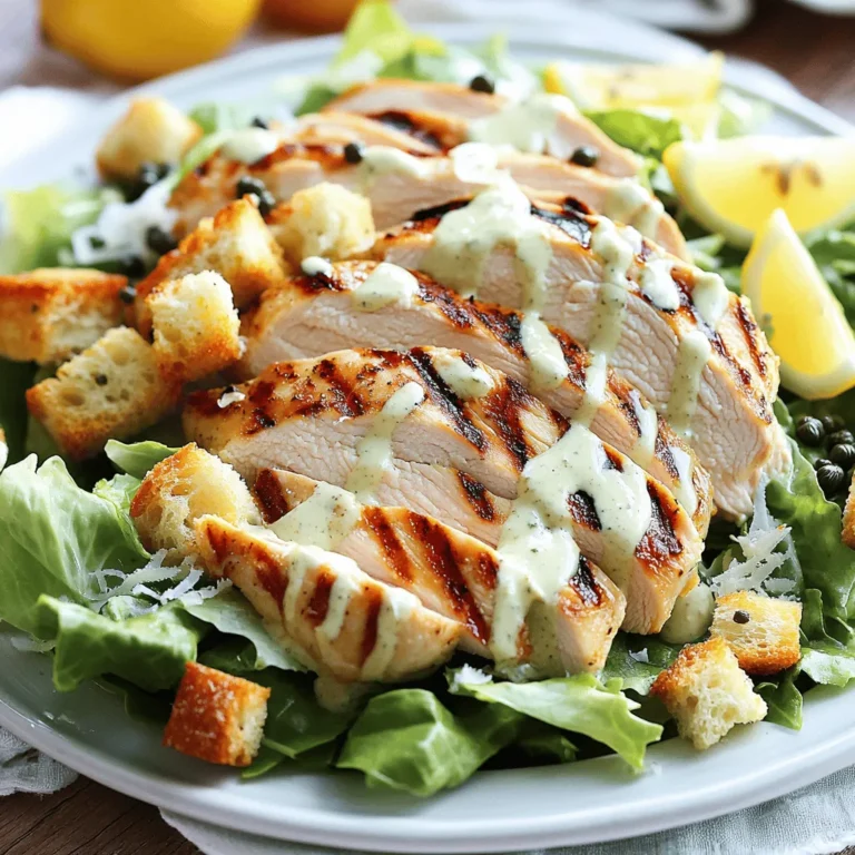 - 2 boneless, skinless chicken breasts - 1 head romaine lettuce, chopped - 1/2 cup Caesar dressing (store-bought or homemade) - 1 tablespoon olive oil - 1/2 cup croutons - 1/4 cup grated Parmesan cheese - 1 tablespoon fresh lemon juice - 1 tablespoon capers (optional) - Salt and pepper, to taste When I prepare a Classic Caesar Salad with Grilled Chicken, I focus on fresh, high-quality ingredients. The chicken is key. Use boneless, skinless chicken breasts for tender bites. I always use romaine lettuce; it adds a nice crunch. For the Caesar dressing, you can buy it or make one at home. I like to make my own to control flavors. Croutons give a great crunch, while Parmesan cheese adds richness. Lemon juice brightens the dish. Capers? They add a fun twist if you like a briny flavor. These ingredients come together to create a bright, tasty salad. You can find the Full Recipe to guide you through the cooking process. - Preheat your grill or grill pan over medium-high heat. - Brush the chicken breasts with olive oil and season with salt and pepper. - Grill the chicken for about 6-7 minutes on each side, or until fully cooked. The internal temperature should reach 165°F. Remove the chicken from the grill and let it rest for 5 minutes. Then, slice into strips. - In a large salad bowl, add the chopped romaine lettuce. - Drizzle the Caesar dressing over the lettuce and toss gently to combine. Ensure all the leaves are coated well. - Add the sliced grilled chicken on top of the salad. - Garnish with lemon wedges for a bright touch. - Serve with optional dressing on the side, so guests can customize their salad. This classic Caesar salad with grilled chicken is not just tasty; it’s also a feast for the eyes. You can find the full recipe above. Enjoy each bite! To get the best grilled chicken, aim for an internal temperature of 165°F. This ensures your chicken is juicy and safe to eat. Use a meat thermometer for accuracy. To achieve those beautiful grill marks, preheat your grill well. Place the chicken on the grill and don’t move it for the first 3-4 minutes. This lets the grill do its magic. Using homemade Caesar dressing can take your salad to the next level. A simple blend of garlic, anchovies, lemon juice, and olive oil creates a fresh taste. If you want a twist, try using feta or pecorino cheese instead of Parmesan. Both add unique flavors and textures to your salad. Serve your salad on chilled plates. This keeps your salad crisp and fresh. For a pop of color, garnish with extra lemon wedges or fresh herbs. These touches make your dish more inviting and fun to eat. {{image_2}} You can switch things up with proteins. If you want a change from chicken, try shrimp or salmon. Both add a nice touch of flavor. Grilled shrimp adds a sweet and smoky taste. Salmon, on the other hand, gives a rich, buttery flavor. For a vegetarian option, use chickpeas. They are packed with protein and keep you full. Just toss them in with the salad for a hearty bite. While a classic Caesar dressing is great, you can make it your own. I love making a homemade Caesar dressing with simple ingredients. Mix garlic, anchovies, lemon juice, and Parmesan with olive oil for a fresh taste. If you want something different, try a yogurt-based dressing or a creamy ranch. These can add a fun twist to your salad and keep it fresh. Seasonal vegetables are a great way to enhance your salad. In spring, add fresh asparagus or radishes for crunch. In summer, sweet cherry tomatoes or bell peppers add color. Fall is perfect for roasted squash or beets. You can even add fruit like strawberries or apples. These sweet additions create a lovely balance with the savory flavors. Mixing seasonal produce keeps your salad exciting all year round. If you want to master this dish, check out the Full Recipe. To keep your Caesar salad fresh, store it in an airtight container. This way, it stays crisp. If you have leftover grilled chicken, place it in a separate container. Chicken lasts 3 to 4 days in the fridge. When you reheat grilled chicken, use the oven or a skillet. Preheat your oven to 350°F. Heat the chicken for about 10 minutes. Avoid the microwave if you can; it can make the chicken dry. For leftover salad, it’s best to eat it cold. If it feels wilted, add a bit more dressing to refresh it. You can freeze grilled chicken. Wrap it well in plastic wrap or foil, then place it in a freezer bag. It stays good for about 3 months. However, do not freeze the Caesar salad. The lettuce will become mushy when thawed. Enjoy the salad fresh for the best taste. For the full recipe, check the earlier section! A classic Caesar salad has a few key parts. You need fresh romaine lettuce, crunchy croutons, and a rich dressing. The dressing is often made with garlic, anchovies, lemon juice, and Parmesan cheese. Some people like to add grilled chicken for protein. This adds heartiness and makes the salad a full meal. You can also sprinkle extra cheese on top for more flavor. Yes, you can make Caesar dressing at home! Here’s a simple recipe: - 1 clove garlic, minced - 2 anchovy fillets, minced (optional) - 1 tablespoon Dijon mustard - 1 tablespoon lemon juice - 1/4 cup olive oil - 1/4 cup grated Parmesan cheese - Salt and pepper, to taste Combine all the ingredients in a bowl. Whisk until smooth. This homemade dressing tastes great and is easy to make. The salad stays fresh for about 2 days in the fridge. Keep it covered to prevent wilting. If you add dressing, it may sog up quicker. To keep it crisp, store the dressing separately. Just mix it in when you are ready to eat. Boneless, skinless chicken breasts work best for Caesar salad. They grill well and are easy to slice. You can also use thighs for more flavor. Make sure to season them well before grilling. This adds a tasty touch to your salad. To sum up, this blog post explored how to create a delicious Caesar salad with grilled chicken. We covered the main and additional ingredients needed, as well as spices. You learned step-by-step instructions for grilling chicken and assembling the salad. Tips for flavor, presentation, and variations helped enhance your dish. Finally, we discussed storage and reheating options for leftovers. Now, you have all the tools to make this salad a hit at your table. Enjoy creating your own tasty version!
