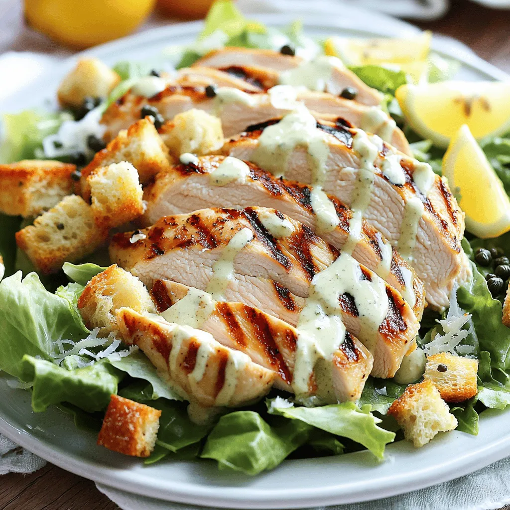 - 2 boneless, skinless chicken breasts - 1 head romaine lettuce, chopped - 1/2 cup Caesar dressing (store-bought or homemade) - 1 tablespoon olive oil - 1/2 cup croutons - 1/4 cup grated Parmesan cheese - 1 tablespoon fresh lemon juice - 1 tablespoon capers (optional) - Salt and pepper, to taste When I prepare a Classic Caesar Salad with Grilled Chicken, I focus on fresh, high-quality ingredients. The chicken is key. Use boneless, skinless chicken breasts for tender bites. I always use romaine lettuce; it adds a nice crunch. For the Caesar dressing, you can buy it or make one at home. I like to make my own to control flavors. Croutons give a great crunch, while Parmesan cheese adds richness. Lemon juice brightens the dish. Capers? They add a fun twist if you like a briny flavor. These ingredients come together to create a bright, tasty salad. You can find the Full Recipe to guide you through the cooking process. - Preheat your grill or grill pan over medium-high heat. - Brush the chicken breasts with olive oil and season with salt and pepper. - Grill the chicken for about 6-7 minutes on each side, or until fully cooked. The internal temperature should reach 165°F. Remove the chicken from the grill and let it rest for 5 minutes. Then, slice into strips. - In a large salad bowl, add the chopped romaine lettuce. - Drizzle the Caesar dressing over the lettuce and toss gently to combine. Ensure all the leaves are coated well. - Add the sliced grilled chicken on top of the salad. - Garnish with lemon wedges for a bright touch. - Serve with optional dressing on the side, so guests can customize their salad. This classic Caesar salad with grilled chicken is not just tasty; it’s also a feast for the eyes. You can find the full recipe above. Enjoy each bite! To get the best grilled chicken, aim for an internal temperature of 165°F. This ensures your chicken is juicy and safe to eat. Use a meat thermometer for accuracy. To achieve those beautiful grill marks, preheat your grill well. Place the chicken on the grill and don’t move it for the first 3-4 minutes. This lets the grill do its magic. Using homemade Caesar dressing can take your salad to the next level. A simple blend of garlic, anchovies, lemon juice, and olive oil creates a fresh taste. If you want a twist, try using feta or pecorino cheese instead of Parmesan. Both add unique flavors and textures to your salad. Serve your salad on chilled plates. This keeps your salad crisp and fresh. For a pop of color, garnish with extra lemon wedges or fresh herbs. These touches make your dish more inviting and fun to eat. {{image_2}} You can switch things up with proteins. If you want a change from chicken, try shrimp or salmon. Both add a nice touch of flavor. Grilled shrimp adds a sweet and smoky taste. Salmon, on the other hand, gives a rich, buttery flavor. For a vegetarian option, use chickpeas. They are packed with protein and keep you full. Just toss them in with the salad for a hearty bite. While a classic Caesar dressing is great, you can make it your own. I love making a homemade Caesar dressing with simple ingredients. Mix garlic, anchovies, lemon juice, and Parmesan with olive oil for a fresh taste. If you want something different, try a yogurt-based dressing or a creamy ranch. These can add a fun twist to your salad and keep it fresh. Seasonal vegetables are a great way to enhance your salad. In spring, add fresh asparagus or radishes for crunch. In summer, sweet cherry tomatoes or bell peppers add color. Fall is perfect for roasted squash or beets. You can even add fruit like strawberries or apples. These sweet additions create a lovely balance with the savory flavors. Mixing seasonal produce keeps your salad exciting all year round. If you want to master this dish, check out the Full Recipe. To keep your Caesar salad fresh, store it in an airtight container. This way, it stays crisp. If you have leftover grilled chicken, place it in a separate container. Chicken lasts 3 to 4 days in the fridge. When you reheat grilled chicken, use the oven or a skillet. Preheat your oven to 350°F. Heat the chicken for about 10 minutes. Avoid the microwave if you can; it can make the chicken dry. For leftover salad, it’s best to eat it cold. If it feels wilted, add a bit more dressing to refresh it. You can freeze grilled chicken. Wrap it well in plastic wrap or foil, then place it in a freezer bag. It stays good for about 3 months. However, do not freeze the Caesar salad. The lettuce will become mushy when thawed. Enjoy the salad fresh for the best taste. For the full recipe, check the earlier section! A classic Caesar salad has a few key parts. You need fresh romaine lettuce, crunchy croutons, and a rich dressing. The dressing is often made with garlic, anchovies, lemon juice, and Parmesan cheese. Some people like to add grilled chicken for protein. This adds heartiness and makes the salad a full meal. You can also sprinkle extra cheese on top for more flavor. Yes, you can make Caesar dressing at home! Here’s a simple recipe: - 1 clove garlic, minced - 2 anchovy fillets, minced (optional) - 1 tablespoon Dijon mustard - 1 tablespoon lemon juice - 1/4 cup olive oil - 1/4 cup grated Parmesan cheese - Salt and pepper, to taste Combine all the ingredients in a bowl. Whisk until smooth. This homemade dressing tastes great and is easy to make. The salad stays fresh for about 2 days in the fridge. Keep it covered to prevent wilting. If you add dressing, it may sog up quicker. To keep it crisp, store the dressing separately. Just mix it in when you are ready to eat. Boneless, skinless chicken breasts work best for Caesar salad. They grill well and are easy to slice. You can also use thighs for more flavor. Make sure to season them well before grilling. This adds a tasty touch to your salad. To sum up, this blog post explored how to create a delicious Caesar salad with grilled chicken. We covered the main and additional ingredients needed, as well as spices. You learned step-by-step instructions for grilling chicken and assembling the salad. Tips for flavor, presentation, and variations helped enhance your dish. Finally, we discussed storage and reheating options for leftovers. Now, you have all the tools to make this salad a hit at your table. Enjoy creating your own tasty version!