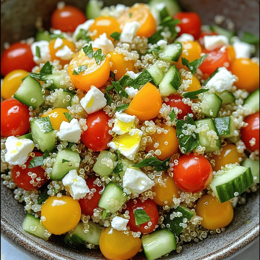 - 1 cup quinoa, rinsed - 2 cups water or vegetable broth - 1 cup cherry tomatoes, halved - 1 cucumber, diced - 1/2 red onion, finely chopped - 1/2 cup feta cheese, crumbled - 1/4 cup fresh parsley, chopped - 1/4 cup fresh mint, chopped - 1/4 cup olive oil - 2 tablespoons lemon juice - Salt and pepper to taste You can replace quinoa with other grains. Try couscous or bulgur for a different taste. For a gluten-free option, use rice or millet. If you don’t have feta cheese, try goat cheese or a dairy-free cheese. Fresh herbs add great flavor, but you can use dried herbs if needed. Use dried parsley or mint, but remember to use less. Each serving of this salad has about: - Calories: 240 - Protein: 8g - Carbohydrates: 30g - Fiber: 5g - Fat: 12g - Saturated Fat: 3g - Sodium: 300mg This salad is a healthy choice filled with fiber and protein. The fresh veggies add vitamins and minerals. You can find the full recipe linked above for exact steps to make it. Enjoy a fresh and colorful dish! First, rinse the quinoa under cold water. This helps remove the bitter taste. In a medium saucepan, bring two cups of water or vegetable broth to a boil. Then, add the rinsed quinoa to the pot. Reduce the heat to low, cover the pot, and let it simmer for about 15 minutes. You want the quinoa to become fluffy and absorb all the liquid. After cooking, take it off the heat and let it cool to room temperature. This step is important as it helps the salad stay fresh. Now, it’s time to put everything together. In a large mixing bowl, combine the cooled quinoa with halved cherry tomatoes, diced cucumber, finely chopped red onion, and crumbled feta cheese. Each ingredient adds a unique flavor and texture. Gently mix them with a spatula to keep the feta from breaking apart. This is where the colors and freshness start to shine. For the dressing, grab a small bowl. Whisk together a quarter cup of olive oil and two tablespoons of lemon juice. Add salt and pepper to taste. This dressing will bring all the flavors together. Once mixed, pour it over the quinoa salad. Toss everything gently to coat the ingredients evenly. Finally, fold in the chopped parsley and mint. These fresh herbs give the salad a bright, lively taste. Adjust the seasonings based on your preference. Enjoy your Herbed Quinoa and Feta Salad! For the complete process, check out the Full Recipe. To get the best texture for your quinoa, rinse it well. This removes the bitter coating called saponin. Use two cups of water or vegetable broth for every cup of quinoa. Bring it to a boil, then lower the heat. Cover the pot and let it simmer for about 15 minutes. When done, the grains will look fluffy and each one will have a little tail. Let it cool completely before mixing it with other ingredients. This step keeps the salad light and fresh. Fresh herbs boost flavor in your herbed quinoa and feta salad. I love using parsley and mint because they add brightness. You can chop them finely to release their oils. Mix them in just before serving. This keeps their flavor strong and fresh. Other herbs like cilantro or basil can also work well. Feel free to experiment based on what you like or have on hand. When serving your salad, presentation matters. Use a large bowl or individual plates. This makes it look inviting. Garnish with extra herbs and a lemon wedge for a pop of color. Serve it cold or at room temperature. This salad pairs well with grilled chicken or fish. It also makes a great lunch on its own. For the full recipe, check out the details above. {{image_2}} You can make this herbed quinoa and feta salad heartier by adding protein. Some great choices include: - Grilled chicken: Cut into bite-sized pieces. - Shrimp: Cooked and tossed in with the salad. - Chickpeas: Canned or cooked, they add a nice texture. Each option boosts the protein and makes it a full meal. You can mix and match these to suit your taste or dietary needs. Feel free to change the vegetables based on what you like or have at home. Here are some tasty ideas: - Bell peppers: Diced and colorful. - Avocado: Creamy and rich. - Spinach: Fresh and leafy. These changes add flavor and nutrients. Think about what’s in season. Seasonal veggies taste better and are often cheaper. If you want a vegan version of this salad, you can replace feta cheese easily. Here are a few options: - Tofu: Crumble firm tofu for a similar texture. - Nutritional yeast: This adds a cheesy flavor. - Vegan feta: Store-bought options are available too. These swaps keep the salad tasty while meeting dietary needs. You can still enjoy a fresh and flavorful meal with these changes. For the full recipe, check the earlier section. After making the herbed quinoa and feta salad, you may have leftovers. To keep it fresh, store it in an airtight container. This helps prevent drying out and keeps flavors strong. Make sure to chill the salad in the fridge right away. If you plan to eat it later, avoid adding dressing until serving. This keeps the salad crisp and vibrant. While I do not recommend freezing this salad, you can freeze the quinoa. Cooked quinoa freezes well. Place it in a freezer-safe bag, and remove as much air as you can. It will last up to three months. When ready to use, thaw it in the fridge overnight or use the microwave. Just remember, the fresh veggies and herbs do not freeze well. When stored correctly, the herbed quinoa and feta salad lasts about three days in the fridge. You’ll want to check for any signs of spoilage, like an off smell or slimy texture. If the salad looks good, enjoy it in a wrap or as a side dish. Be sure to give it a good stir before eating. This brings back all the flavors and freshness. For the full recipe, check out the details above! Yes, you can! Grains like farro, barley, or even rice work well. Each grain adds a different texture and flavor. Just remember to adjust the cooking time based on the grain you choose. For instance, farro takes longer to cook than quinoa. Try different grains for fun variations. To make this salad gluten-free, stick with quinoa. Quinoa is naturally gluten-free. All the other ingredients are also gluten-free. Just ensure your broth is gluten-free too. You can use vegetable broth made from gluten-free ingredients. Always check labels to be safe. This salad pairs well with many dishes. You can serve it with grilled chicken or fish. It also goes great with roasted vegetables. For a lighter meal, enjoy it with pita bread or hummus. This salad adds fresh flavor to any meal. You can find the Full Recipe for this salad in the main article. This blog covered everything you need for a tasty Herbed Quinoa and Feta Salad. You learned about the essential ingredients, easy cooking steps, and helpful tips. We discussed variations and storage options to keep your salad fresh. Remember, you can customize it with protein or veggies to suit your taste. Making small changes can boost flavor and nutrition. This dish is simple, healthy, and perfect for any occasion. Enjoy creating your own version to share with family and friends!