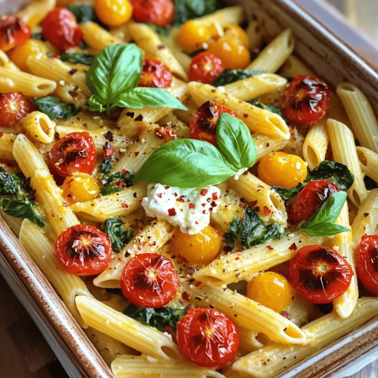 To make baked feta pasta, you need simple ingredients that pack a punch. Here’s what you’ll need: - 200g pasta of your choice (penne or fusilli work well) - 200g block of feta cheese - 1 cup cherry tomatoes, halved - 1/2 cup fresh spinach - 1/4 cup black olives, pitted and sliced - 3 cloves garlic, minced - 3 tablespoons olive oil - 1 teaspoon dried oregano - Salt and pepper to taste - Fresh basil leaves for garnish - Optional: Red pepper flakes for some heat I love using fresh ingredients. The cherry tomatoes burst with flavor, and the feta melts into a creamy sauce that coats the pasta beautifully. Fresh spinach adds a nice touch, both in taste and color. You can easily swap out some ingredients based on what you have or prefer. Here are some ideas: - Alternative cheese options: If you want to try something different, use goat cheese or ricotta. They both give a nice creaminess. - Vegetable swaps: You can add bell peppers, zucchini, or even artichokes. These add more color and flavor. - Gluten-free pasta suggestions: For a gluten-free version, use rice pasta or chickpea pasta. They work just as well! Feel free to experiment! Cooking should be fun, and personal touches make the dish uniquely yours. For the full recipe, check the [Full Recipe]. 1. Preheat the oven properly: Set your oven to 400°F (200°C). This heat helps the feta and tomatoes cook well. 2. Preparing the baking dish with vegetables: Grab a large baking dish. Add 1 cup of halved cherry tomatoes, 3 minced garlic cloves, 1/4 cup of sliced black olives, and 1/2 cup of fresh spinach. Drizzle 2 tablespoons of olive oil over the mix. Season with salt, pepper, and 1 teaspoon of dried oregano. Stir everything together until coated. 1. Tips for al dente pasta: Boil water in a pot. Add 200g of your favorite pasta, like penne or fusilli. Cook it according to the package instructions. Al dente means the pasta should be firm to the bite. 2. Timing with baking instructions: While the feta and veggies bake, cook the pasta. Keep an eye on the oven. The feta and vegetables need about 25-30 minutes to bake. This timing helps everything finish together. 1. How to mix the baked feta with the pasta: Once the baking time is up, take the dish out of the oven. Use a fork to mash the feta cheese. Mix it with the roasted tomatoes and spinach. This creates a creamy sauce. 2. Importance of seasoning adjustments: After mixing in the cooked pasta, taste the dish. You might need more salt or pepper. Adjust to your liking, and serve it hot. Enjoy this simple dish with fresh basil leaves on top for a pop of flavor. For the full details on making this delicious meal, check the Full Recipe. To ensure feta melts perfectly, use a block of feta cheese. Crumbled feta does not melt the same way. Place the block in the center of your veggie mix. Drizzle with olive oil to help it melt evenly. Bake at 400°F for 25-30 minutes. You want the edges to turn golden brown. For roasting tomatoes, pick ripe cherry tomatoes. Halve them for more surface area. Toss them with garlic, olive oil, and seasonings. This mix helps them blister and caramelize beautifully. The sweet flavor of roasted tomatoes pairs well with the creamy feta. To boost flavor, add herbs and spices. Fresh basil or parsley brightens the dish. You can also try thyme or rosemary for a different taste. Red pepper flakes add a nice kick. Sprinkle some on top before serving for extra heat. If you like it spicy, consider adding sliced jalapeños or a dash of hot sauce. Mix these into the veggie blend before baking. This way, the heat infuses into the sauce as it cooks. For serving, use a large bowl or platter. This makes it easier for guests to serve themselves. Top with fresh basil leaves for a pop of color. When plating for social media, think about height and color. Use contrasting bowls or plates to make the dish stand out. A sprinkle of red pepper flakes adds visual interest. Don’t forget to capture that creamy sauce as you mix it in. This makes for a mouthwatering photo! You can find the full recipe for this delicious dish to create your own masterpiece. {{image_2}} If you want a plant-based version, try using plant-based cheese. It melts nicely and gives a good flavor. Look for brands that mimic feta. You can also add legumes like chickpeas or lentils to boost protein. They mix well and add a nice texture. Want to make it a full meal in one dish? Combine proteins like chicken or shrimp with the pasta. Just add them to the baking dish with the other ingredients. The meat cooks alongside the veggies and cheese. This method keeps clean-up easy and your dinner flavorful! Adjust the dish with seasonal vegetables for fresh flavors. In summer, add zucchini or bell peppers for crunch. In winter, consider hearty veggies like broccoli or kale. These changes keep the recipe exciting and help you use what’s in season. To keep your baked feta pasta fresh, store leftovers safely. First, let the dish cool down. Then, put it in an airtight container. This helps keep the pasta from drying out. You can store it in the fridge for up to three days. If you want to save space, divide it into smaller portions. This also makes it easy to reheat later. The best way to reheat baked feta pasta is in the oven. Preheat the oven to 350°F (175°C). Put the pasta in an oven-safe dish. Cover it with foil to keep it moist. Heat for about 15-20 minutes. If you prefer, you can also use the microwave. Heat it in short bursts, stirring in between. This helps heat it evenly and avoids overcooked pasta. Yes, you can freeze baked feta pasta! To do this, let it cool completely. Then, place it in a freezer-safe container. Make sure to leave some space at the top, as the pasta may expand. It can last up to three months in the freezer. To thaw, move it to the fridge overnight. You can reheat it in the oven or microwave as mentioned before. Enjoy your delicious dish again with ease! For baked feta pasta, I recommend using short shapes like penne or fusilli. These shapes hold sauces well and mix nicely with the baked feta and veggies. You can also try shells or farfalle. They add fun shapes and textures to your dish. Just make sure you cook the pasta until it’s al dente. This way, it stays firm when mixed with the creamy sauce. Yes, you can use other cheeses. Goat cheese is a great choice. It has a similar tangy taste and creamy texture. Cream cheese can also work, making the sauce extra smooth. If you want a nutty flavor, try parmesan or pecorino. Just remember, different cheeses change the taste, so choose one you love! To add spice, use red pepper flakes. Just sprinkle them over the feta before baking. For more heat, add sliced jalapeños or crushed chili peppers to the dish. You can also use a spicy olive oil to drizzle over the top. These simple tweaks bring a nice kick to your baked feta pasta. This article covered how to make delicious baked feta pasta. We explored ingredients, preparation, cooking tips, and variations. You learned about substitutes for cheese and pasta, along with storage methods. Remember, you can customize this dish to fit your taste and needs. Whether you choose a vegan option or add protein, the possibilities are endless. Enjoy creating your unique version and share it with loved ones for a meal that delights!