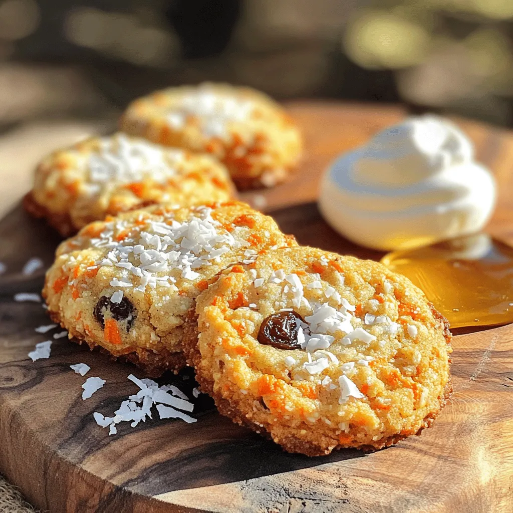 - 1 cup grated carrots - 1 cup rolled oats - 1/2 cup almond flour - 1/4 cup maple syrup - 1/4 cup coconut oil, melted These ingredients form the base of your carrot cake breakfast cookies. The grated carrots add natural sweetness and moisture. Rolled oats provide fiber, while almond flour lends a nutty flavor. Maple syrup serves as a natural sweetener, and melted coconut oil keeps the cookies soft. - 1/4 cup shredded coconut - 1/4 cup raisins or dried cranberries Adding shredded coconut gives a tropical twist. Raisins or dried cranberries add bursts of sweetness. Feel free to mix and match to your taste. You can even try nuts or other dried fruits. - 1 teaspoon vanilla extract - 1 teaspoon baking powder - 1 teaspoon ground cinnamon - 1/4 teaspoon nutmeg - Pinch of salt Spices are where the magic happens. Vanilla extract enhances the flavor profile, making the cookies taste rich and inviting. Baking powder helps them rise, while cinnamon and nutmeg add warmth. A pinch of salt balances the sweetness, making each bite delightful. For the complete recipe, check out the [Full Recipe]. - Preheat your oven to 350°F (175°C). - Line a baking sheet with parchment paper. - In a large bowl, combine grated carrots, rolled oats, almond flour, and shredded coconut. Mix well until everything is blended. - In a different bowl, whisk together maple syrup, melted coconut oil, and vanilla extract. - Pour the wet mixture into the dry ingredients and mix thoroughly until combined. - Add baking powder, ground cinnamon, nutmeg, raisins (or cranberries), and a pinch of salt. - Gently fold the mixture until all ingredients are evenly distributed. - Scoop tablespoon-sized amounts of dough onto the prepared baking sheet, leaving space between each. - Flatten each scoop slightly with the back of a spoon to form cookie shapes. - Bake for 12-15 minutes until the cookies turn golden brown. - Cool for 5 minutes on the baking sheet, then transfer to a wire rack to cool completely. These simple steps will help you create delicious Carrot Cake Breakfast Cookies, a treat that's both tasty and easy to make. For the complete list of ingredients and instructions, check the Full Recipe. To make the best carrot cake breakfast cookies, use fresh, finely grated carrots. Fresh carrots keep the cookies moist and add great flavor. You can also try different add-ins like nuts or seeds. Pecans, walnuts, or sunflower seeds can add nice crunch and extra nutrients. These cookies pack a healthy punch. The carrots bring vitamins, and oats provide fiber. You can adjust the recipe to fit your diet. Want less sugar? Use less maple syrup. Need more protein? Add a scoop of protein powder or a bit of nut butter. For even baking, space your cookies well on the sheet. Leave about 2 inches between each cookie. This helps them bake evenly. Watch them closely near the end of baking. You want golden edges, not burnt cookies! Enjoy your tasty treats from the Full Recipe. {{image_2}} You can easily make these cookies gluten-free. To do this, simply swap the almond flour for a gluten-free flour blend. This change keeps the cookies soft and tasty. Also, choose certified gluten-free oats. This ensures there is no cross-contamination. Both swaps let everyone enjoy a delicious treat! Adding different flavors can make these cookies even better. Try mixing in grated zucchini for a veggie boost. It adds moisture and makes the cookies extra soft. You can also spice things up! Adding ginger or cloves gives each bite a warm kick. Experimenting with flavors can lead to your new favorite cookie! If you want a vegan option, I have a couple of easy swaps for you. Instead of eggs, use a flax egg or a chia seed egg. To make a flax egg, mix one tablespoon of ground flaxseed with three tablespoons of water. Let it sit for a few minutes until it thickens. This keeps the cookies binding well. For sweetness, replace maple syrup with agave syrup or another plant-based sweetener. These changes make the cookies suitable for everyone, without losing any flavor. Store cooled cookies in an airtight container at room temperature for up to 3 days. This keeps them fresh and tasty. If you want them to last longer, follow the long-term storage tips below. Freeze cookies in a single layer, then transfer to a freezer-safe bag for up to 2 months. When you’re ready to enjoy them, simply thaw them at room temperature. Freezing helps lock in the flavor and texture. Warm cookies in the microwave for a few seconds to enjoy that fresh-baked taste again. This quick step brings back the soft, chewy goodness. You could also pop them in the oven for a few minutes. Enjoy them warm for a delightful treat! These cookies pack a punch of nutrition. The grated carrots offer vitamins A and K. Rolled oats provide fiber, keeping you full longer. Almond flour adds healthy fats and protein. Together, they create a balanced start to your day. Plus, the natural sweetness from maple syrup gives you energy without a sugar crash. Yes, you can! Honey or agave syrup works well. If you use honey, the taste will change slightly. You may need to adjust the wet ingredients a bit. For a lower-calorie option, try using stevia or monk fruit sweetener. Just watch the amount, as they are much sweeter. Look for golden brown edges. The centers should feel set but not hard. You can also gently press down on them; they should not be soft. If they bounce back, they are ready. This takes about 12-15 minutes in the oven. Absolutely! Kids love the sweet flavor and chewy texture. You can make it even more fun by mixing in chocolate chips or colorful sprinkles. If your kids are picky, leave out the raisins or coconut. They can also help mix the dough, making it a fun activity! In this blog post, we explored a healthy cookie recipe packed with nutritious ingredients. We covered essential and optional add-ins, spices, and step-by-step baking instructions. You learned tips for perfect cookies, variations for dietary needs, and storage options to keep them fresh. These cookies are not only easy to make but also a great way to enjoy healthy snacks. With a few tweaks, you can create a delicious treat that fits your taste. Get baking and enjoy these wholesome cookies!