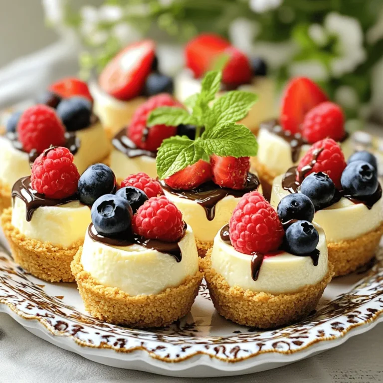To make these tasty bites, you’ll need some simple, common ingredients. Here’s what you will use: - 8 oz cream cheese, softened - 1/2 cup powdered sugar - 1 tsp vanilla extract - 1 cup whipped cream (or whipped topping) - 1 cup graham cracker crumbs - 2 tbsp unsalted butter, melted - 1/2 cup fresh berries (strawberries, blueberries, or raspberries) for topping These main ingredients create a rich and creamy cheesecake filling that pairs perfectly with the crunchy crust. You can get creative with some optional ingredients. Here are a few ideas to try: - Chocolate drizzle for a sweet touch - Nuts for added crunch - Different extracts like almond or lemon for unique flavors Feel free to swap ingredients based on your taste! You don’t need fancy tools for this recipe. Just gather these basic items: - A large mixing bowl - An electric mixer - A mini muffin tin - Cupcake liners or non-stick spray - A spatula for smoothing Having the right equipment makes the process smooth and fun. With the Full Recipe, you’ll create a delightful treat that everyone will love! To start, you need to make the cheesecake mix. First, grab a large bowl. Add 8 oz of softened cream cheese. Use an electric mixer to beat the cream cheese until it is smooth. Next, slowly add in 1/2 cup of powdered sugar and 1 tsp of vanilla extract. Mix until everything is well combined. Now, gently fold in 1 cup of whipped cream. This makes the mixture light and fluffy. Now it's time to make the crust. In a separate bowl, combine 1 cup of graham cracker crumbs with 2 tbsp of melted unsalted butter. Stir this well until the crumbs are coated. Take a mini muffin tin and either line it with cupcake liners or grease it. Take a spoonful of the crumb mixture and press it into the bottom of each muffin cup. This forms a nice, sturdy crust. Next, it’s time to assemble the bites. Spoon the cheesecake mixture over each graham cracker crust in the muffin tin. Fill each cup almost to the top. Smooth the surface with a spatula for a neat finish. Place the muffin tin in the refrigerator for at least 2 hours. This helps the bites set well. When they are firm, remove them from the tin. Top each cheesecake bite with fresh berries or a drizzle of chocolate for that extra flair. Enjoy these delightful bites as a sweet treat! For the full recipe, check out the details provided earlier. When making no bake cheesecake bites, keep these tips in mind. First, make sure your cream cheese is soft. If it’s cold, the mixture won't blend well. This can lead to lumps in your bites. Also, don’t rush the mixing process. Mix until smooth and fluffy for the best flavor. Another mistake is overfilling the muffin cups. Leave some space at the top. The bites will expand a bit while setting. Finally, don't skip the chilling step! They need time to firm up in the fridge. To get a creamy and light texture, gently fold in the whipped cream. This keeps air in the mixture. If you stir too hard, you may lose that fluffiness. Use a spatula and fold slowly until fully combined. For a richer taste, try adding a bit of sour cream. This adds smoothness and a slight tang. You can also adjust the sweetness by changing the amount of powdered sugar. Taste the mixture before you fill the cups. When it's time to serve, presentation matters. Arrange the cheesecake bites on a nice platter. You can add mint leaves for color and freshness. This makes your dessert look even more inviting. For a fun twist, drizzle chocolate over the bites. This adds a nice touch to the flavor. You can also serve these bites with fresh berries on the side. They pair well and add a burst of color. For the full recipe, check the earlier section. Enjoy your delicious no bake cheesecake bites! {{image_2}} You can change the flavor of your cheesecake bites easily. Here are some ideas: - Chocolate: Add melted chocolate to the cream cheese mixture. - Lemon: Stir in lemon zest and juice for a bright taste. - Pumpkin: Mix in canned pumpkin and pumpkin spice for a fall treat. - Peanut Butter: Blend in peanut butter for a nutty twist. Each of these flavors brings a new vibe to your bites. Feel free to mix and match! Toppings can elevate your cheesecake bites. Here are some tasty options: - Fresh Fruit: Use berries, sliced bananas, or kiwi for a pop of color. - Chocolate Chips: Sprinkle mini chocolate chips on top for extra sweetness. - Caramel Sauce: Drizzle caramel sauce for a rich, sweet finish. - Nuts: Add crushed nuts for a crunchy texture. Toppings help you customize each bite. You can have fun with them! Need to change the recipe for dietary needs? No problem! Here are some easy swaps: - Dairy-Free: Use vegan cream cheese and coconut whipped cream. - Gluten-Free: Use gluten-free graham cracker crumbs for the crust. - Sugar-Free: Replace powdered sugar with a sugar substitute like erythritol. These swaps can help you enjoy cheesecake bites without worry. Always check labels for hidden ingredients! Store your no bake cheesecake bites in an airtight container. This keeps them fresh. Place parchment paper between layers to avoid sticking. Keep them in the fridge for the best taste. They will stay tasty for up to five days. If you're like me and love to prep ahead, this makes life easier! You can freeze these bites for longer storage. First, place them on a baking sheet. Make sure they don’t touch each other. Freeze them until solid. Then, transfer them to a freezer-safe container. They can last up to three months in the freezer. Just remember to thaw them in the fridge before serving. No bake cheesecake bites have a short shelf life. They taste best when fresh. For the best quality, eat them within five days. If you freeze them, they stay good for three months. Avoid leaving them at room temperature for too long. This keeps them safe and tasty. For more on how to make these delightful bites, check out the Full Recipe. Yes, you can make these bites ahead. They stay fresh in the fridge for about three days. This makes them a great choice for parties. Just keep them covered to avoid drying out. I love making them the day before an event. This way, I can relax and enjoy the gathering. If you want a cream cheese swap, try Greek yogurt or mascarpone. Both add creaminess with a different flavor. You can also try ricotta for a lighter option. Just remember that the taste will change a bit. It can be fun to mix flavors and find what you like best. To make your cheesecake bites firmer, add more cream cheese or less whipped cream. You can also chill them longer in the fridge. If you want, add a little gelatin to the mix, too. This will help them hold their shape better. Experimenting a bit can lead to the perfect texture for you. No Bake Cheesecake Bites are easy to make and fun to eat. We discussed key ingredients and the equipment you need. You learned step-by-step instructions for mixing, crusting, and assembling. I shared tips to avoid common mistakes and achieve the best texture. We also explored variations and storage tips to keep your bites fresh. Enjoy your cheesecake bites with different flavors and toppings. Keep this guide handy for tasty treats anytime. These bites are a sweet win in the kitchen!