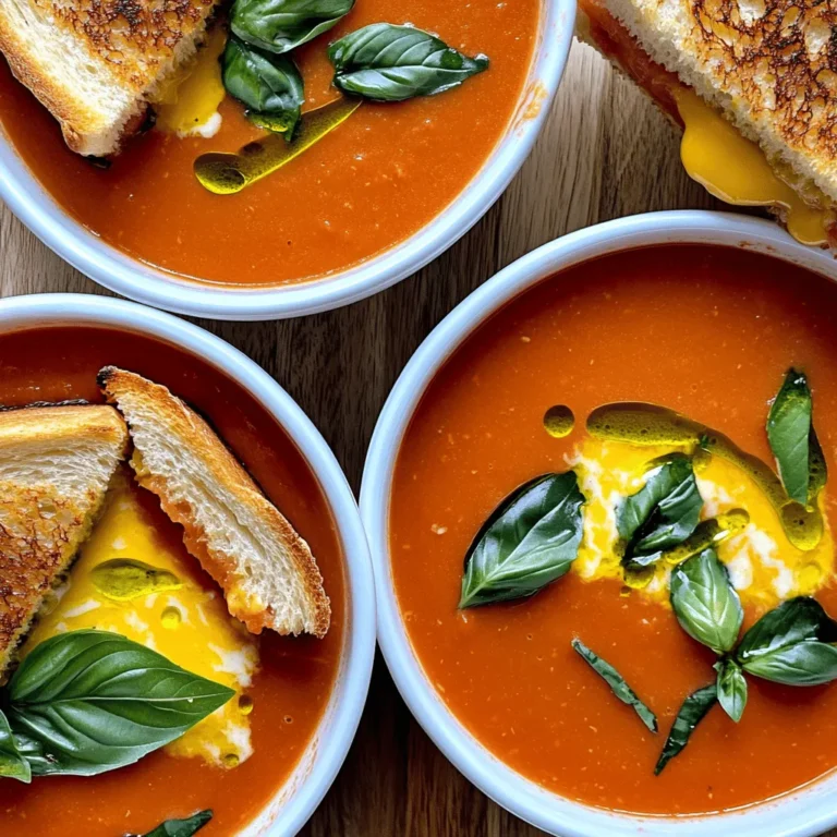 To make a rich and tasty soup, you need: - 4 large ripe tomatoes, chopped - 1 cup vegetable broth - 1/2 cup heavy cream - 1 cup fresh basil leaves, packed Ripe tomatoes give the soup its sweet and tangy flavor. The fresh basil adds a lovely aroma. Heavy cream makes the soup creamy and smooth. Vegetable broth adds depth to the taste. For the perfect grilled cheese, gather: - 4 slices of artisan bread - 1 cup shredded mozzarella cheese - 2 tablespoons butter Artisan bread holds the cheese well and gives a nice crunch. Mozzarella melts beautifully and adds richness. Butter helps achieve a golden crust. For seasoning, you'll need: - Salt and pepper to taste - 1 tablespoon olive oil Salt and pepper enhance all the flavors. Olive oil is not just for cooking; it adds a hint of fruity taste to the soup. For the full recipe, check out Creamy Tomato Basil Bliss. First, I heat the olive oil in a large pot over medium heat. Next, I add the chopped onion. I sauté it for about 5 minutes until it turns soft and clear. Then, I mix in the minced garlic, cooking it for another 1-2 minutes. I watch closely to avoid burning it. After that, I add the chopped tomatoes and vegetable broth. I bring the mix to a simmer. I let it cook for 15-20 minutes. This helps the tomatoes soften and release their flavors. Once the soup is ready, I remove the pot from heat. I let it cool slightly before adding in the fresh basil leaves. Then, I use an immersion blender to blend the soup until smooth and creamy. If I don’t have an immersion blender, I can blend in batches using a regular blender. After blending, I return the soup to the pot. I stir in the heavy cream and season with salt and pepper. I heat it gently over low heat until warm. While the soup simmers, I prepare the grilled cheese sandwiches. First, I butter one side of each slice of artisan bread. Then, I place one slice, butter-side down, on a skillet over medium heat. I sprinkle half of the mozzarella cheese on top. I cover it with the second slice of bread, butter-side up. I grill the sandwich for about 3-4 minutes on each side. I aim for golden brown bread and melted cheese. After grilling, I slice the sandwich into triangles. I now have a comforting meal to enjoy with my soup. For the full recipe, check out the details above. To get that creamy texture in your soup, blend it well. I suggest using an immersion blender. It makes everything smooth right in the pot. If you don't have one, a regular blender works too. Just be careful with hot liquids. Blend small amounts at a time to avoid spills. For the best grilled cheese, use medium heat. This helps the bread toast evenly. Butter one side of the bread well. This gives you that golden crust you want. To keep cheese from sticking, use a non-stick skillet. Also, cover the pan with a lid while grilling. This keeps the heat in and melts the cheese fast. Garnishing your soup makes it more inviting. I like to add a few fresh basil leaves on top. A drizzle of olive oil adds flavor and looks nice too. For sides, a simple green salad pairs well. If you enjoy wine, a light white wine complements the soup's flavors perfectly. Try the full recipe for a delightful experience! {{image_2}} You can change the taste of your creamy tomato basil soup easily. Adding spices like paprika gives it a warm kick. If you like heat, sprinkle in red pepper flakes. They add a nice touch. You can also use different herbs. Thyme and oregano work well for a new flavor. These simple changes can brighten your soup. Grilled cheese can be just as fun to play with. Try mixing cheeses for a new twist. A blend of sharp cheddar and mozzarella will melt beautifully. You can also try vegan cheese if you want a dairy-free option. If you need gluten-free bread, there are many tasty options now. These changes let you enjoy grilled cheese in different ways. You can switch the broth in your soup for a new taste. If you prefer chicken broth, it adds a rich flavor. You can also make the soup dairy-free. Use coconut milk or almond milk instead of heavy cream. These swaps keep the soup creamy while changing the taste. Each option gives you a chance to explore new flavors. For the full recipe, check out Creamy Tomato Basil Bliss! To keep your creamy tomato basil soup fresh, follow these steps: - Let the soup cool to room temperature. - Pour it into an airtight container. - Store in the fridge for up to 4 days. - For longer storage, freeze it. - Use freezer-safe containers or bags. - It can last in the freezer for up to 3 months. You have two easy ways to reheat your soup: - Microwave: Pour the soup into a microwave-safe bowl. Cover it with a lid or a paper towel. Heat for 1-2 minutes, stirring halfway through. - Stovetop: Pour the soup into a pot. Heat over medium-low heat. Stir often until hot, about 5-7 minutes. Grilled cheese sandwiches can lose their crunch. Here’s how to store them: - Wrap each sandwich in foil or parchment paper. - Store in the fridge for up to 2 days. - For reheating, use a skillet over medium heat. - Heat each side for about 3-4 minutes. This keeps them crispy. - Avoid the microwave; it makes them soggy. This way, you can enjoy the creamy tomato basil soup and grilled cheese over a few days without losing their great taste. For the full recipe, check the section above! Creamy tomato basil soup lasts about 3 to 5 days in the fridge. Store it in an airtight container for best results. I always suggest labeling the container with the date to track freshness. Yes, you can make this soup ahead of time. It tastes even better the next day! Prepare the soup and cool it before storing. Reheat it gently on the stove before serving. I love serving this soup with grilled cheese sandwiches. You can also pair it with a simple salad or crusty bread. These sides add texture and balance to the meal. To make a vegan version, replace the heavy cream with coconut milk or cashew cream. Use vegetable broth as your base. For cheese, try vegan cheese or skip it altogether. The soup will still taste great! Absolutely! Canned tomatoes work well in this recipe. Choose whole or diced tomatoes for the best flavor. Drain excess liquid to keep the soup from getting too watery. You now have a complete guide to making creamy tomato basil soup and grilled cheese. First, we explored key ingredients and how they come together. Next, I shared step-by-step instructions for both dishes. I included tips for perfect texture and flavor variations for your taste. Storing your leftovers properly helps them stay fresh. Overall, these recipes are simple yet satisfying. Enjoy your comforting meal, and don’t hesitate to experiment!