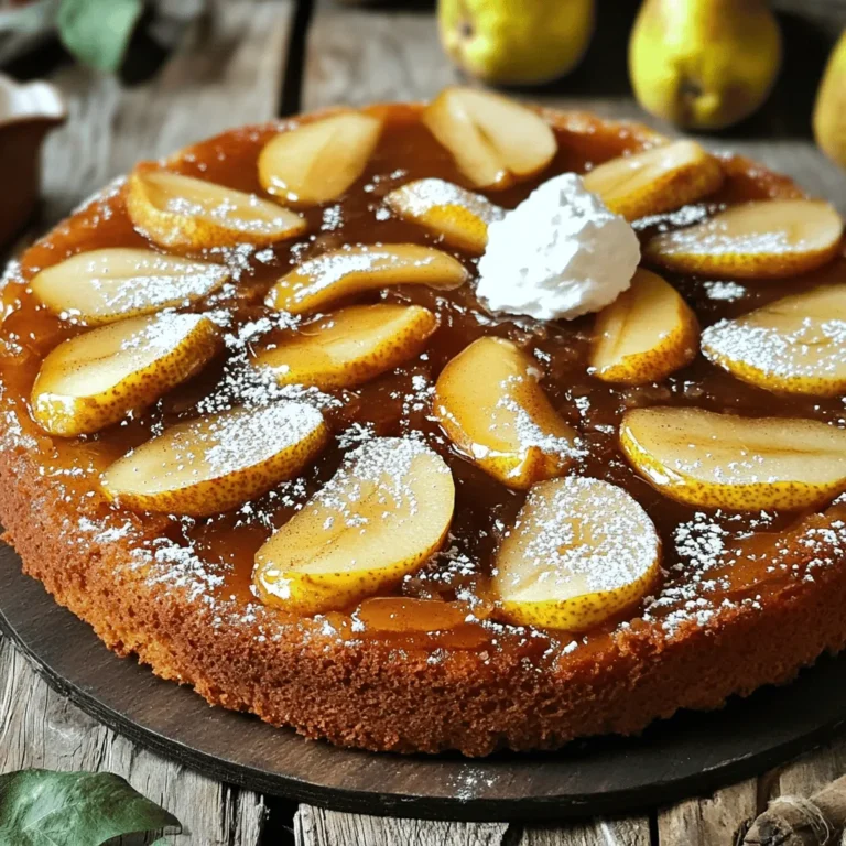 - 3 ripe pears, peeled, cored, and sliced - 1 teaspoon ground cinnamon - 1/2 teaspoon ground nutmeg - 1/2 teaspoon ground ginger To create a rich flavor in your cake, choose ripe pears. They add natural sweetness and moisture. The spices also play a key role. Cinnamon gives warmth, nutmeg adds depth, and ginger brings a slight kick. - 1 1/2 cups all-purpose flour - 2 teaspoons baking powder - 1/4 teaspoon salt These ingredients form the base of your cake. Flour gives structure, baking powder helps it rise, and salt balances the sweetness. Always sift the flour for a lighter texture. - 1 cup brown sugar - 1/2 cup granulated sugar - 1/2 cup unsalted butter - 2 large eggs - 1 teaspoon vanilla extract - 1/2 cup milk Brown sugar adds moisture and a hint of caramel flavor. Granulated sugar gives sweetness and helps with the cake's rise. Butter adds richness, while eggs bind the ingredients. Vanilla enhances the overall taste, and milk keeps the batter smooth. For the full list of ingredients, please refer to the Full Recipe. First, preheat your oven to 350°F (175°C). Take a 9-inch round cake pan and grease it lightly with butter. Next, melt 1/2 cup of unsalted butter in a skillet over medium heat. Add 1 cup of brown sugar and stir until it dissolves and bubbles. This creates a rich, sweet base for your cake. Now, stir in 1 teaspoon of ground cinnamon, 1/2 teaspoon of ground nutmeg, and 1/2 teaspoon of ground ginger. Once mixed, remove the skillet from heat. Pour the warm mixture into your prepared pan. Then, arrange the peeled, cored, and sliced pears on top in a decorative pattern. Set this pan aside to let the flavors meld. In a medium bowl, whisk together 1 1/2 cups of all-purpose flour, 2 teaspoons of baking powder, and 1/4 teaspoon of salt. In a separate large bowl, beat together 1/2 cup of granulated sugar and 2 large eggs until the mix turns pale and fluffy. Mix in 1 teaspoon of vanilla extract for extra flavor. Gradually add the flour mixture to the wet ingredients, alternating with 1/2 cup of milk. Start and end with the flour. Stir until just combined to keep the batter light. Pour the cake batter gently over the arranged pears in the pan, spreading it evenly. Bake in your preheated oven for about 35-40 minutes. To check if it’s done, insert a toothpick into the center; it should come out clean. Once baked, cool the cake in the pan for about 10 minutes. Then, carefully invert it onto a serving plate to reveal the beautiful pear topping. For the full recipe, check out the details above. To make this cake truly special, use ripe pears. Ripe pears add natural sweetness and depth. If your pears are not sweet enough, your cake may taste bland. Adjust the spices to fit your taste. If you love cinnamon, add a bit more. For a warm kick, increase the ginger. Always preheat your oven to 350°F (175°C). A hot oven helps the cake rise properly. Before taking the cake out, check doneness with a toothpick. Insert it into the center; if it comes out clean, the cake is ready. For a lovely finish, dust the cake with powdered sugar. This adds a nice touch and makes it look fancy. Pair it with whipped cream or vanilla ice cream for a delicious treat. The creaminess balances the spiced pears well. For the full recipe, check out the section earlier. {{image_2}} You can switch the pears for apples or peaches. Both fruits work well in this cake. Apples add a nice crunch while peaches bring a juicy sweetness. It’s fun to mix and match fruits based on what you have. You can also try different spices in the mix. Cinnamon, nutmeg, or cardamom can create new flavor profiles. If you need a gluten-free option, use a gluten-free flour blend. Make sure it’s a one-to-one substitute. This swap keeps the cake light and airy. You may also need to adjust the baking powder. Too much can make the cake rise too quickly and then sink. To make this cake vegan, substitute eggs with flax eggs. Mix one tablespoon of flaxseed meal with three tablespoons of water for each egg. This works as a great binder. Use dairy-free butter and milk to keep the flavors rich. Your cake will still be moist and delicious, just without the animal products. For the full recipe, check out the earlier section. - Keep at room temperature for 2 days. - Store in an airtight container to keep it fresh. After making the spiced pear upside-down cake, you might want to enjoy it right away. If you have some left, just place it in a container. It will stay tasty for two days on your kitchen counter. - Refrigerate for up to a week. - Freeze for up to 3 months. If you want to keep your cake longer, the fridge is a good choice. Wrap it well and it’ll last for a week. For even longer storage, you can freeze it. Make sure to wrap it tightly in plastic wrap. This way, it can stay in the freezer for three months. - Warm in the oven for best texture. - Microwave for quick reheating. When you're ready to enjoy your cake again, reheating is key. The oven helps keep the cake nice and soft. Set your oven to 350°F (175°C) and warm it for about 10 minutes. If you're in a hurry, you can use the microwave. Just heat it for 20-30 seconds. Enjoy your spiced pear upside-down cake warm! For the full recipe, check out the complete instructions above. You can prepare the Spiced Pear Upside-Down Cake a day ahead. Bake it, then cool it completely. Store it in an airtight container at room temperature. This keeps the cake fresh. When ready to serve, warm it gently in the oven. This method saves time on special occasions. Yes, you can use canned pears. However, they may change the cake's flavor and texture. Canned pears are softer and might be too wet. If you choose canned, drain them well. Let them sit on paper towels to absorb extra moisture. This way, your cake stays light and fluffy. Serve the cake warm for the best taste. Dust the top with powdered sugar for a nice touch. Pair it with whipped cream or a scoop of vanilla ice cream. The creaminess balances the cake's spices and sweetness. Guests will love this delicious combination. Check the cake after 35 minutes. Insert a toothpick into the center. If it comes out clean, the cake is done. The edges should pull away slightly from the pan. The top should be golden brown. If it needs more time, check every 5 minutes. Absolutely! Use a gluten-free flour blend instead of all-purpose flour. Make sure to check the baking powder too. Some brands may contain gluten. Follow the same steps as in the recipe. The cake will still be moist and tasty. You can reduce the sugar in the recipe. Cut the granulated sugar down to 1/3 cup. This will lower the overall sweetness. You can also use less brown sugar, but keep in mind that it adds flavor. Taste the batter before baking to find your perfect balance. For more tips, check the Full Recipe. This blog covers how to make a delicious Spiced Pear Upside-Down Cake. We explored ingredients like fresh pears, simple spices, and essential baking items. You learned step-by-step instructions, tips for perfect flavor, and ways to customize your cake. Remember, using ripe pears and preheating your oven can make a big difference. Try different fruits and variations to find your favorite. Store your cake properly to enjoy it longer. Now, you can impress everyone with this tasty treat! Enjoy your baking adventure!