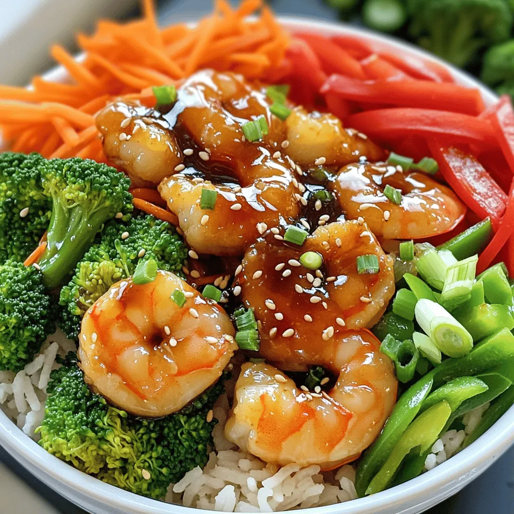 To make teriyaki shrimp bowls, you need some tasty ingredients. Here’s what you’ll need: - 1 lb large shrimp, peeled and deveined - 1 cup jasmine rice - 1 ½ cups water - 1 cup broccoli florets - 1 red bell pepper, sliced - 1 carrot, julienned - 4 green onions, chopped - 1 tablespoon sesame oil - ¼ cup low-sodium soy sauce - 2 tablespoons brown sugar - 1 tablespoon rice vinegar - 1 teaspoon grated ginger - 1 teaspoon garlic powder - Optional: sesame seeds for garnish These ingredients give the dish its sweet and savory flavor. The shrimp is tender, and the veggies add a nice crunch. To cook your teriyaki shrimp bowls, you will need a few tools: - A medium pot for the rice - A large skillet for cooking shrimp and veggies - A small bowl for mixing the sauce - A whisk for blending the sauce - A spatula for stirring These tools make cooking simple and fun. Each serving of teriyaki shrimp bowls is not just tasty but also healthy. Here’s the breakdown: - Calories: ~400 - Protein: ~30g - Carbohydrates: ~50g - Fat: ~10g - Fiber: ~3g This meal is rich in protein and provides energy from the rice and veggies. It’s a balanced meal for lunch or dinner. For the full recipe, check out the section above! To start, rinse the jasmine rice under cold water. You want to do this until the water runs clear. This step helps remove extra starch. In a pot, add the rinsed rice and 1 ½ cups of water. Bring it to a boil on high heat. Once it boils, reduce the heat to low. Cover the pot and let it simmer for 18-20 minutes. When done, fluff the rice with a fork. This fluffy rice will be the base of your teriyaki shrimp bowls. Now, let’s make the teriyaki sauce. In a small bowl, combine ¼ cup of low-sodium soy sauce, 2 tablespoons of brown sugar, 1 tablespoon of rice vinegar, 1 teaspoon of grated ginger, and 1 teaspoon of garlic powder. Whisk these ingredients together until they blend well. This sauce adds a sweet and savory flavor to the shrimp. Set it aside for later. Next, heat 1 tablespoon of sesame oil in a large skillet over medium heat. Once hot, add 1 cup of broccoli florets, 1 sliced red bell pepper, and 1 julienned carrot. Sauté these veggies for about 5-7 minutes. You want them to soften but still stay crunchy. After that, take the veggies out of the pan and set them aside. In the same skillet, add the shrimp. Cook them for 2-3 minutes on each side. They should turn pink and opaque. Now, pour the teriyaki sauce over the shrimp. Stir well and let it simmer for another 2-3 minutes. Now comes the fun part: assembling your bowls! Divide the fluffy jasmine rice among four bowls. On top of the rice, add the sautéed veggies and a generous portion of teriyaki shrimp. Don’t forget to garnish with chopped green onions and sprinkle sesame seeds on top if you like. Your teriyaki shrimp bowls are now ready to enjoy! For the full recipe, check out the details above. To cook perfect jasmine rice, rinse it first. Rinsing removes extra starch. This helps the rice stay fluffy. Use a pot with a lid. Combine 1 cup of rice with 1.5 cups of water. Bring the water to a boil. Once boiling, lower the heat and cover the pot. Simmer for 18-20 minutes. After cooking, let the rice sit for a few minutes. Then, fluff it with a fork. This makes each grain stand out. If you want to switch up the teriyaki sauce, there are easy swaps. You can use coconut aminos instead of soy sauce. This gives a slightly sweeter taste. If you need a gluten-free option, tamari works well too. You can also add honey or maple syrup for sweetness. For a spicy kick, mix in some sriracha. These changes keep the flavor fresh and exciting. Adding extra flavor makes your teriyaki shrimp bowls shine. Try adding lime juice for a zesty twist. Fresh herbs like cilantro or basil also brighten the dish. For crunch, sprinkle sesame seeds on top. You can also add sliced radishes or avocado for color. These simple touches make your meal look and taste gourmet. For the full recipe, check out the linked details. {{image_2}} You can easily swap shrimp for chicken or tofu. Chicken adds a hearty touch, while tofu is great for vegans. If using chicken, cut it into bite-sized pieces. Cook it in the same way as the shrimp. Tofu needs a bit more care. Press it to remove water, then cut it. Sauté it until it’s golden. Both proteins work well with the teriyaki sauce. You can change the veggies based on your taste or diet. Zucchini, snap peas, or bell peppers add color and crunch. Spinach or kale gives a healthy twist. Just remember to adjust cooking time. Softer veggies need less time on the heat. Serve your teriyaki shrimp bowls with sides like edamame or seaweed salad. These add extra flavor and nutrition. You can also drizzle extra teriyaki sauce on top for a bolder taste. For a fresh touch, top with lime wedges or fresh herbs. This adds brightness and makes the dish pop. You can find the Full Recipe for more ideas to elevate your meal. Store your leftover teriyaki shrimp bowls in an airtight container. This helps keep them fresh. Make sure to let them cool first. Place them in the fridge for up to three days. If you want to keep them longer, consider freezing them. When you’re ready to eat, take the bowls out of the fridge. Place them in the microwave on a microwave-safe plate. Heat in short bursts of one minute. Stir between heating to avoid hot spots. This keeps the shrimp from becoming tough. You want them warm, not overcooked. If you choose to freeze your teriyaki shrimp bowls, do it before adding fresh veggies. Cook and cool the shrimp and rice, then pack them tightly in freezer-safe bags. Remove as much air as possible. You can freeze them for up to two months. When ready to eat, thaw overnight in the fridge. Reheat as mentioned before. This keeps the flavors fresh and tasty. For the best taste, add fresh veggies after reheating. Check out the Full Recipe for ideas! The best way to devein shrimp is simple. First, use a sharp knife or kitchen scissors. Make a shallow cut along the back of the shrimp. You will see a dark line; this is the vein. Gently pull it out with your fingers or the knife. Rinse the shrimp under cold water to clean them. This method works well for big shrimp. Yes, you can make Teriyaki Shrimp Bowls ahead of time. Cook and store each part separately. Keep the rice, shrimp, and veggies in different containers. This way, the food stays fresh. When you are ready to eat, just heat them up. It saves time on busy days! Not all Teriyaki Shrimp Bowls are gluten-free. The main ingredient to check is soy sauce. Regular soy sauce contains gluten. You can use gluten-free soy sauce instead. This will make your dish gluten-free. Always check labels if you need to avoid gluten. You can find a full recipe for Teriyaki Shrimp Bowls in this article. It includes all the ingredients and step-by-step instructions. This will help you create a delicious meal with ease. Enjoy making your own tasty bowls at home! In this post, we explored how to create delicious Teriyaki Shrimp Bowls. We discussed key ingredients, step-by-step instructions, and helpful tips. You learned about variations and how to store your meals. Remember, cooking should be fun and easy. Feel free to switch proteins or add your favorite veggies. Enjoy this tasty dish with friends or family. Happy cooking!