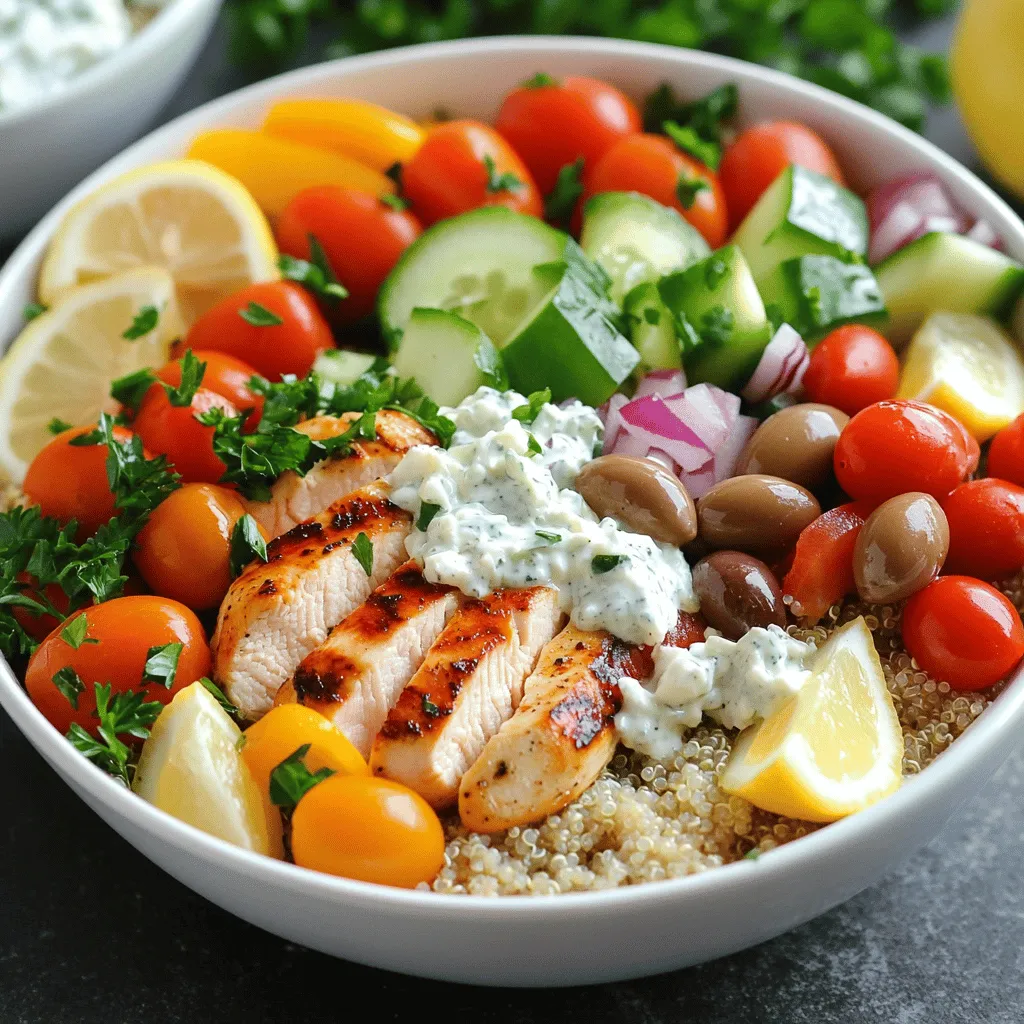 For a delicious Greek Chicken Power Bowl, you'll need these key items: - 2 boneless, skinless chicken breasts - 2 tablespoons olive oil - 1 teaspoon dried oregano - 1 teaspoon garlic powder - Salt and pepper to taste - 1 cup quinoa (uncooked) - 2 cups vegetable broth - 1 cup cherry tomatoes, halved - 1 cucumber, diced - 1 red bell pepper, diced - 1/2 red onion, thinly sliced - 1/2 cup Kalamata olives, pitted and halved - 1 cup feta cheese, crumbled - 1/4 cup fresh parsley, chopped - Juice of 1 lemon - Tzatziki sauce for drizzling (store-bought or homemade) These ingredients come together to create a colorful and tasty meal. The chicken brings protein, while the quinoa adds fiber and nutrients. The fresh veggies and feta cheese provide texture and flavor. To make your power bowl even better, consider these fun toppings: - Sliced avocado for creaminess - Toasted pine nuts for crunch - Extra lemon wedges for zest - Fresh dill or mint for an herb boost These options let you personalize your bowl. You can mix and match based on what you like best or what you have at home. Each serving of Greek Chicken Power Bowl is packed with nutrition. Here's a quick look: - Protein: Chicken and quinoa provide a strong protein base. - Fiber: Quinoa and veggies offer fiber for digestion. - Vitamins: Fresh veggies add vitamins A and C. - Healthy Fats: Olive oil and olives give healthy fats for heart health. - Calcium: Feta cheese supports bone health. This meal is not only tasty but also balanced and good for you. Enjoy creating your Greek Chicken Power Bowls using the Full Recipe! First, gather your ingredients for the marinade. In a small bowl, combine 2 tablespoons of olive oil, 1 teaspoon of dried oregano, 1 teaspoon of garlic powder, and salt and pepper to taste. This mix adds flavor to the chicken. Brush this mixture on both sides of the 2 chicken breasts. Let the chicken marinate for at least 20 minutes. If you have time, marinate it for up to 2 hours in the fridge. This helps the flavors soak in better. Next, rinse 1 cup of quinoa under cold water. This step removes any bitterness. In a medium saucepan, combine the rinsed quinoa with 2 cups of vegetable broth. Bring it to a boil, then lower the heat. Cover the pan and let it simmer for about 15 minutes. Once the liquid is absorbed, fluff the quinoa with a fork. Set it aside for later. Now, preheat your grill or grill pan over medium heat. Place the marinated chicken breasts on the grill. Cook them for about 6 to 7 minutes on each side. Make sure the internal temperature reaches 165°F for safety. After grilling, let the chicken rest for a few minutes before slicing it. While the chicken cooks, chop your salad ingredients. In a large bowl, mix the halved cherry tomatoes, diced cucumber, diced red bell pepper, thinly sliced red onion, halved Kalamata olives, and chopped parsley. Drizzle lemon juice over this mix and toss gently. To assemble the bowls, start with a generous scoop of quinoa as the base. Then, add the sliced grilled chicken on top. Next, pile on the fresh salad mixture. Finish by crumbling feta cheese over everything. For extra creaminess, drizzle tzatziki sauce over the top. Serve each bowl in colorful dishes to make it inviting. You can even add lemon wedges and extra parsley for a vibrant touch. Enjoy your Greek Chicken Power Bowls! For more details, check the Full Recipe. For the best flavor, always marinate your chicken. I use olive oil, oregano, and garlic powder. Mix these in a bowl. Brush this blend on both sides of the chicken. Let it sit for at least 20 minutes. If you have time, marinate for up to 2 hours. This gives the chicken a deeper flavor. Cooking quinoa is easy if you follow a few steps. First, rinse the quinoa under cold water. This removes any bitterness. Next, use vegetable broth instead of water for extra taste. Bring the broth to a boil, then add the rinsed quinoa. Lower the heat, cover, and simmer. In about 15 minutes, the quinoa will absorb all the broth. Fluff it with a fork, and it's ready to use. To make your Greek Chicken Power Bowls even better, add fresh herbs. Parsley works well and adds a pop of color. You can also squeeze lemon juice over the top. It brightens all the flavors. For a creamy finish, drizzle tzatziki sauce over everything. This adds a cool taste that pairs well with the warm chicken and quinoa. For a fun touch, serve in colorful bowls and add lemon wedges on the side. Check out the Full Recipe for all the tasty details! {{image_2}} You can easily swap out ingredients to fit your taste. If you want a different protein, try turkey or tofu. For a tangy twist, use feta cheese made from sheep’s milk. If you can't find quinoa, use rice or couscous instead. You can even add nuts like walnuts or almonds for crunch. These swaps keep your meal fun and fresh! To make this dish vegetarian, skip the chicken and use chickpeas or lentils. They add protein and fiber. For a vegan version, use plant-based feta and tzatziki made from cashews. You can also add extra veggies, like roasted carrots or sweet potatoes, for added flavor and nutrition. This way, everyone can enjoy a hearty power bowl! Quinoa is great, but other grains work well too. Brown rice or farro can give you a chewy texture. Barley adds a nice nuttiness. If you want something lighter, try cauliflower rice. It’s low in carbs and still filling. These alternatives let you change up the dish while keeping it healthy and tasty. Store any leftover Greek chicken power bowls in an airtight container. Make sure to let them cool to room temperature first. This helps keep the flavors fresh. You can store them in the fridge for up to three days. When you're ready to eat, reheat the chicken and quinoa in the microwave. Use a microwave-safe dish and cover it to keep moisture in. Heat in short bursts of one minute. Stir in between to ensure even heating. For best taste, add fresh veggies after reheating. If you want to keep the power bowls longer, freezing is a great option. Separate the chicken, quinoa, and salad ingredients. Freeze the chicken and quinoa in one container. Use another for the fresh veggies. They can last up to three months in the freezer. When you’re ready to enjoy, thaw in the fridge overnight before reheating. This way, your meal stays tasty and fresh! For the full recipe, check the section above. To cook quinoa, rinse it first. This step helps remove a bitter coating. Use one cup of quinoa and two cups of vegetable broth. Bring the broth to a boil. Then, lower the heat, cover, and simmer for about 15 minutes. When the liquid is gone, fluff it with a fork. This method makes fluffy and tasty quinoa. Yes, you can. Chicken is great, but try beef, shrimp, or tofu. Each option adds its unique taste. For beef, use flank steak; for shrimp, skewer them and grill. If you pick tofu, marinate it like chicken for extra flavor. Feel free to experiment with proteins you enjoy. You can add various healthy toppings. Consider avocado slices or steamed broccoli. They boost nutrition and flavor. You can also try chickpeas or roasted nuts for crunch. Fresh herbs like dill or mint add a nice pop. Mix and match to create your perfect bowl. To make tzatziki, start with one cup of Greek yogurt. Add one grated cucumber, drained well. Mix in minced garlic, lemon juice, and chopped dill. Season with salt and pepper to taste. This sauce is creamy and fresh. It pairs well with Greek Chicken Power Bowls. For the full recipe, check out the complete guide. Greek Chicken Power Bowls are tasty, healthy, and easy to make. You learned about key ingredients, steps, and tips to prepare these bowls. You can customize them to fit your tastes. Remember to store leftovers properly to enjoy them later. Don’t be afraid to try new toppings or grains. Enjoy making your bowls unique! With the right steps and tips, you can create meals that are both delicious and nourishing. Dive in and savor every bite.