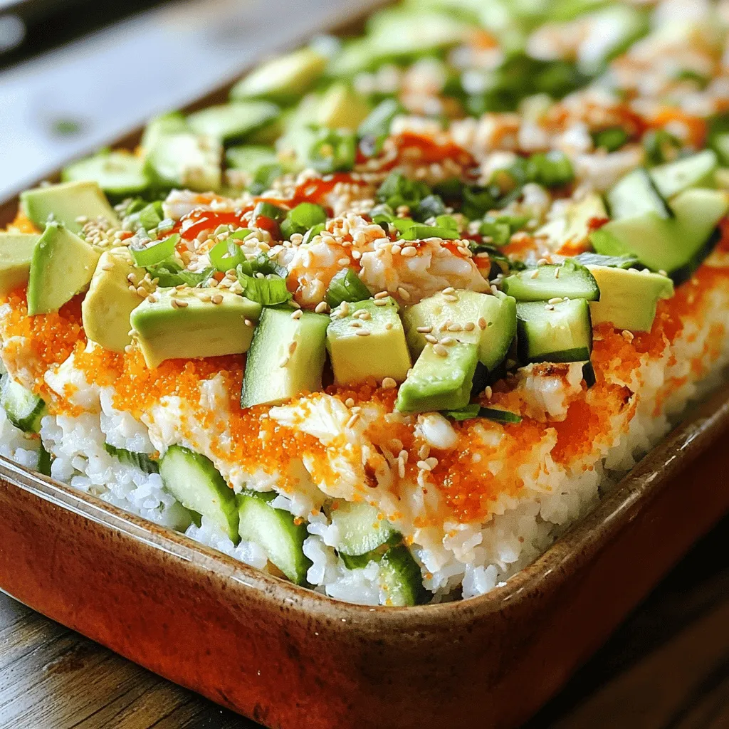 - 2 cups sushi rice - 2 1/2 cups water - 1 teaspoon salt - 1 tablespoon rice vinegar - 1/2 pound imitation crab meat or cooked shrimp - 1 avocado, diced - 1/2 cucumber, diced - 1/4 cup mayonnaise - 2 tablespoons sriracha (or to taste) - 1 tablespoon soy sauce - 1 sheet nori, cut into strips (for garnish) - Sesame seeds (for garnish) - Chopped green onions (for garnish) To make the Viral TikTok Sushi Bake, gather these ingredients first. Sushi rice is key for that perfect sticky texture. Rinse it well under cold water to remove excess starch. This step helps the rice cook evenly. Next, you need some protein. You can use imitation crab or cooked shrimp based on what you prefer. Both options taste great in this dish. Fresh veggies add flavor and color. Dice up an avocado and cucumber. They bring a nice crunch and balance to the creamy filling. For the sauce, mix mayonnaise, sriracha, and soy sauce. This blend gives the bake a rich taste. Adjust the sriracha to your liking if you want more heat. Lastly, don't forget the garnishes. Nori strips, sesame seeds, and green onions look pretty on top. They also add texture and flavor. Now you have everything you need for this fun and tasty meal! Check out the Full Recipe for more details on how to prepare this delightful dish. First, rinse the sushi rice under cold water. Keep rinsing until the water runs clear. This step removes excess starch. Next, combine the rinsed rice with 2 ½ cups of water in a pot. Add 1 teaspoon of salt for flavor. Bring this mixture to a boil over high heat. Once it boils, reduce the heat and cover the pot. Let it simmer for 20 minutes. After that, remove the pot from the heat. Let it sit, covered, for another 10 minutes. This resting time helps the rice finish cooking. Now, it’s time to season the rice. In a small bowl, mix 1 tablespoon of rice vinegar with the cooked sushi rice. Gently fold the mixture to ensure the vinegar spreads evenly. Allow the rice to cool slightly before using it. To make the filling, you can use imitation crab meat or shrimp. I prefer shredding about ½ pound of imitation crab meat by hand. Place it in a mixing bowl. If you use shrimp, chop it into small pieces. Next, add ¼ cup of mayonnaise to the bowl. Then, mix in 2 tablespoons of sriracha. Adjust the sriracha to your taste; you can add more if you like it spicy. Finally, add 1 tablespoon of soy sauce and mix everything well until it’s smooth. Now, preheat your oven to 350°F (175°C). Grab a baking dish and spread an even layer of the seasoned sushi rice. Aim for a thickness of about 1 to 1.5 inches. On top of that, evenly spread the crab mixture. Next, add fresh ingredients. Scatter diced avocado and cucumber over the crab mixture. This adds color and crunch. Sprinkle sesame seeds on top for an extra layer of flavor. Finally, place the baking dish in the oven. Bake for 15 to 20 minutes. You want the top to be slightly golden and heated through. When it’s done, remove the dish from the oven. Garnish with chopped green onions and nori strips. Cut into squares and serve! This dish is sure to impress. For the complete recipe, check the Full Recipe link. Rinsing your rice is key to great sushi. It removes excess starch. This helps the rice not stick together too much. Use cold water and rinse until it runs clear. For cooking, I love using a pot with a tight lid. Combine rinsed rice and water in a pot. Add salt, then bring it to a boil. Once boiling, lower the heat and cover it. Let it simmer for about 20 minutes. Afterward, let it sit for an extra 10 minutes. This step makes your rice fluffy and perfect for the bake. You can adjust the sriracha to fit your taste. If you like it spicy, add more. If you prefer mild, use less. You can also swap out ingredients. If you don’t like crab, try shrimp. Or, use tofu for a vegetarian option. Making these changes can make the dish your own. Don’t be afraid to get creative! Making your sushi bake look good is fun. Spread the rice evenly in your dish. Add the crab mixture on top smoothly. Scatter the avocado and cucumber for color. For garnish, sprinkle sesame seeds and add nori strips. To serve, cut into neat squares. This makes it easy to share. Remember, we eat with our eyes first! For more details, check out the Full Recipe. {{image_2}} You can switch up the protein in your sushi bake. If you want a twist, use shrimp instead of imitation crab. Shrimp adds a nice flavor and a different texture. Just cook your shrimp, then chop it before mixing with the other ingredients. For a meatless option, try using tofu or chickpeas. You’ll still get a tasty dish without the seafood. Want to spice things up? Add some spicy tuna to your filling. This adds heat and a bold flavor. You can also try different sauces. For example, mix in some ponzu or teriyaki sauce. These sauces can change the taste and give you new flavor profiles. Garnishes make your sushi bake look special. You can play with toppings and textures. Try adding sliced radishes or crispy tempura flakes for some crunch. Seasonal vegetables also work great. Think about fresh asparagus in spring or roasted butternut squash in the fall. These garnishes not only add color but also enhance the overall flavor. Try these variations to make your sushi bake unique and exciting! For a full recipe, check out the Viral TikTok Sushi Bake. To keep your sushi bake fresh, place it in an airtight container. This helps to prevent it from drying out. Make sure it cools down before covering it. Store it in the fridge for up to three days. For longer storage, you can freeze it. Just wrap it tightly in plastic wrap before placing it in a freezer-safe container. It should keep well for up to two months. When you are ready to enjoy your leftovers, preheat your oven to 350°F (175°C). Place the sushi bake in an oven-safe dish. Cover it with aluminum foil to keep moisture in. Heat for about 15 minutes or until it is warmed through. This method helps keep the rice soft and the toppings fresh. You can also reheat individual portions in the microwave. Just use a microwave-safe dish and heat in short bursts of 30 seconds. Check often to avoid overcooking. A sushi bake is a fun dish that combines sushi flavors in a baked form. It started on social media, especially TikTok, where many chefs share their takes. Instead of rolling sushi, you layer rice and toppings in a baking dish. You then bake it until warm and tasty. It’s easy to serve and share with friends. People love it for its unique twist on sushi. Yes, you can prepare parts of the sushi bake ahead of time. You can make the sushi rice and filling a day before. Just store them in the fridge. When you are ready, layer them in a dish. Then bake it fresh for about 15-20 minutes. This way, you save time and still enjoy a hot meal. The spiciness of this sushi bake depends on how much sriracha you add. The recipe suggests 2 tablespoons, but you can adjust it. If you want it mild, use less sriracha. If you love heat, feel free to add more. You can taste the mix and change it to your liking. This makes the dish fun for everyone! In this blog post, we explored how to create a delicious sushi bake. You learned about essential ingredients, step-by-step preparation, and tips for perfecting your dish. We also discussed variations and storage methods for leftovers. Remember, you can get creative with flavors and adjust ingredients as you like. Enjoy experimenting in the kitchen with your sushi bake. Each attempt will bring you closer to perfecting this fun recipe. Happy cooking!