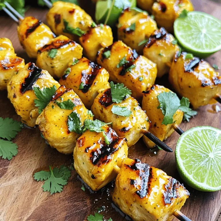 - 1 lb chicken breast, cut into 1-inch cubes - 1/4 cup honey - 1/4 cup lime juice (freshly squeezed) - 2 tablespoons olive oil - 2 cloves garlic, minced - 1 teaspoon ground cumin - 1 teaspoon smoked paprika - Salt and pepper to taste - Skewers (wooden or metal) - Fresh cilantro for garnish Fresh lime juice makes a big difference in taste. It adds a bright, zesty flavor. Always use fresh limes rather than bottled juice. Bottled juice lacks the same fresh kick. For chicken, I recommend boneless, skinless breasts. They cook evenly and stay juicy. If you prefer dark meat, boneless thighs work well too. Just adjust your cooking time slightly. This dish is not just tasty; it’s healthy, too. Each serving has about 200 calories and 25 grams of protein. The chicken provides lean protein. Honey adds natural sweetness, while lime juice offers vitamin C. Garlic gives immune support, making these skewers a smart choice. Marinating the chicken Start by making the marinade. In a bowl, mix honey, lime juice, olive oil, minced garlic, cumin, smoked paprika, salt, and pepper. Whisk it well until smooth. Add the chicken cubes and toss them in the marinade. Make sure each piece gets coated. Cover the bowl and chill it in the fridge for at least 30 minutes. You can marinate it for up to 2 hours for deeper flavor. Preparing the grill While the chicken marinates, prepare your grill. Preheat it to medium-high heat. If you use wooden skewers, soak them in water for about 30 minutes. This step helps prevent burning. Metal skewers don’t need soaking, so they’re a great choice if you have them. Cooking times and temperature details Thread the marinated chicken onto the skewers. Leave a bit of space between each piece. This helps them cook evenly. Grill the skewers for about 10 to 12 minutes. Turn them occasionally so they brown nicely. Use a meat thermometer to check if the chicken's internal temperature reaches 165°F (75°C). Tips for achieving perfect grill marks To get those beautiful grill marks, don’t move the skewers too much when they first hit the grill. Let them cook for a few minutes on one side before turning. Rotate them a quarter turn to make those nice crosshatch marks. Resting and garnishing tips Once the chicken is cooked, take the skewers off the grill. Let them rest for a few minutes. This helps the juices stay inside the chicken. For a fresh touch, sprinkle chopped cilantro on top. A squeeze of lime adds extra zing. Ideal serving temperature Serve the skewers warm. They taste best right after grilling. You can pair them with rice, salad, or your favorite side. If you want the full recipe, check out the [Full Recipe]. To adjust flavors for your taste, I suggest you play with the honey and lime juice. If you like it sweeter, add more honey. For a tangy kick, squeeze in extra lime juice. You can also add chili powder or hot sauce for heat. Marinade time is key! Let the chicken soak for at least 30 minutes. For deeper flavor, go up to 2 hours. Just don’t exceed that time, or the chicken can turn mushy from the acid. When threading the chicken onto the skewers, leave about half an inch between each piece. This space helps the chicken cook evenly. You can alternate with veggies like bell peppers or onions for color and flavor. If you don’t have a grill, broiling works too! Place the skewers on a broiler pan and cook them in the oven, turning halfway through. This method can give you that lovely char, too. To complement the skewers, serve them with a fresh salad or grilled veggies. A side of rice or quinoa can also add heartiness. When serving, arrange the skewers on a nice platter and garnish with chopped cilantro. You can add lime wedges for a pop of color and extra zest. This presentation makes the dish look and taste even better! For the full recipe, check out the [Full Recipe]. {{image_2}} To make your honey lime chicken skewers even more fun, try adding spices. A pinch of cayenne or chili powder brings heat. You can also mix in some herbs like oregano or thyme. These spices will add depth to the sweet and tangy flavor. You can also use different fruits in the marinade. Pineapple or mango add a tropical twist. Just make sure to adjust the amount of honey. Fruits bring sweetness, so you might need less honey. If you want to switch things up, try shrimp or tofu. Shrimp cooks quickly and takes on flavors well. Tofu is a great option for a plant-based meal. Just cut it into cubes and press it to remove excess water. Cooking times vary with different proteins. Shrimp will cook in about 5-7 minutes. Tofu may need a bit longer to get crispy. For gluten-free fans, these skewers are perfect. All the ingredients are naturally gluten-free. Just be sure to check that your soy sauce or any added sauces are gluten-free. If you want low-carb options, skip the honey or use a sugar substitute. For vegan alternatives, replace chicken with tofu and use maple syrup instead of honey. Adding extra lime juice will keep the flavor bright and zesty. Store your Honey Lime Chicken Skewers in an airtight container. Place them in the fridge. They will stay fresh for up to three days. Make sure they cool down before sealing. This helps keep the flavor intact. For best results, reheat the skewers in the oven. Preheat it to 350°F (175°C). Place the skewers on a baking sheet and cover them with foil. This keeps the chicken moist. Heat for about 10-15 minutes. Check that the chicken is heated through, reaching 165°F (75°C) for safety. Avoid using the microwave, as it can dry out the meat. To freeze the skewers, first let them cool completely. Wrap each skewer tightly in plastic wrap. Then, place them in a freezer bag. Remove as much air as possible to prevent freezer burn. They can be frozen for up to three months. When ready to serve, take them out of the freezer. Place them in the fridge overnight to thaw. You can then grill them again to warm them up. Enjoy your tasty meal anytime! For the full recipe, check it out in the earlier section. Can I use boneless skinless thighs instead of breasts? Yes, you can use boneless skinless thighs. They add more flavor and stay juicy. Thighs are a great option if you want a richer taste. Just cut them into 1-inch pieces, like the chicken breast. What is the best way to soak wooden skewers? Soak wooden skewers in water for at least 30 minutes. This helps prevent them from burning on the grill. You can add a bit of lime juice to the water for extra flavor. What temperature should chicken skewers be cooked to? Chicken skewers should reach an internal temperature of 165°F (75°C). A meat thermometer is best to check this. This ensures the chicken is safe to eat and not dry. How do I know when the skewers are done? Look for char marks and a golden color. The juices should run clear when you cut into the chicken. If you have a thermometer, check that it reads 165°F (75°C). Can I substitute honey with another sweetener? Yes, you can use maple syrup or agave nectar as a substitute. Both will add a nice sweetness. Keep in mind that the flavor may change slightly. What can I add to the marinade to enhance the flavor? You can add fresh herbs like cilantro or basil. A splash of soy sauce or hot sauce can give it a kick. Experiment with different spices too. A pinch of cayenne pepper or chili powder adds heat and depth. In this article, we explored making honey lime chicken skewers. We covered the key ingredients, from chicken to essential seasonings. We detailed preparation and grilling steps to ensure delicious results. You learned tips for marinades, alternative proteins, and serving ideas. For a tasty meal, use fresh ingredients and practice your grilling skills. Remember, cooking is fun and allows for creativity in the kitchen. Enjoy your skewers and share them with family and friends!