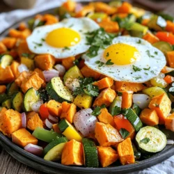 To make a tasty zucchini sweet potato hash, gather these key ingredients: - 2 medium sweet potatoes, diced - 2 small zucchinis, diced - 1 bell pepper (any color), chopped - 1 small red onion, finely chopped - 2 cloves garlic, minced - 1 teaspoon smoked paprika - 1 teaspoon dried oregano - Salt and pepper to taste - 2 tablespoons olive oil - Fresh parsley for garnish - Optional: 2 eggs (for topping) These ingredients create a colorful and flavorful dish. The sweet potatoes add a nice sweetness, while the zucchini provides a fresh crunch. To enhance the taste, add fresh herbs and seasonings. Here are some great options: - Fresh thyme or basil for a fragrant touch. - Chopped cilantro for a bright, zesty flavor. - A pinch of chili flakes for a bit of heat. These herbs and spices can elevate your hash, making it even more delightful. You can mix and match to find your favorite combination. Toppings can make your dish even better. Here are some fun ideas: - Avocado slices for creaminess. - Crumbled feta cheese for a salty kick. - Sliced green onions for a fresh crunch. You can also top it with fried or poached eggs for added protein. This simple dish can be transformed with just a few extras. For the full recipe, check out the full recipe link. Start by washing all your veggies. Clean, peel, and dice the sweet potatoes into small cubes. Aim for a size that cooks evenly. Next, wash the zucchinis and chop them into small pieces. Cut the bell pepper into small chunks and finely chop the red onion. Finally, mince two cloves of garlic. Having these ready makes cooking easier. Heat a large skillet over medium heat. Pour in two tablespoons of olive oil. Once hot, add the sweet potatoes. Cook them for about 10 minutes. Stir occasionally until they soften. After that, add the red onion and bell pepper. Sauté for five more minutes, until the onion turns translucent. Now it's time to mix in the zucchini, garlic, smoked paprika, oregano, salt, and pepper. Cook everything together for another 5 to 7 minutes. You want all the veggies to be tender and well mixed. If you want to add eggs, this step is for you. Make two small wells in the hash. Crack an egg into each well. Cover the skillet with a lid. Cook for about 3 to 4 minutes. You want the whites to set but the yolks to stay runny. Once done, remove the skillet from heat. Garnish with fresh parsley for a nice touch. For the full recipe, check out the earlier sections. To get great flavor in your zucchini sweet potato hash, use medium heat on your skillet. This heat helps the veggies cook well without burning. Start with sweet potatoes since they take longer to cook. Once they soften, add the onion and bell pepper. This order keeps flavors bright and fresh. Cut your veggies into similar sizes. This helps them cook evenly. Stir the mix every few minutes to prevent sticking and burning. If you notice any browning, reduce the heat slightly. Finish cooking when the zucchini is tender but not mushy. This adds a nice crunch to every bite. You can mix it up with different veggies. Try using butternut squash instead of sweet potatoes. If you don’t have a bell pepper, use any color of chili. For herbs, fresh thyme or basil can replace oregano. Feel free to swap eggs for avocado slices on top for a creamy finish. For the full recipe, check out the complete instructions. {{image_2}} You can make this dish even tastier by adding more veggies. Try adding chopped spinach or kale for a fresh look and flavor. You can also toss in sliced mushrooms for a nice texture. Another fun idea is to add cherry tomatoes. They add a burst of sweetness. Don't be afraid to mix and match your favorite veggies! If you love heat, add some spice! Toss in diced jalapeños or a pinch of cayenne pepper. You can also use a spicy paprika instead of smoked paprika. This adds warmth without changing the flavor too much. For an extra kick, try adding a splash of hot sauce when serving. Just a few drops can make a big difference. Want to lower the carbs? Swap sweet potatoes for cauliflower. Cauliflower has a mild taste and will soak up all the flavors. You can also use zucchini as a base. It keeps the dish light while still being filling. If you're avoiding starchy vegetables, just use more bell peppers and onions. You still get a hearty meal without the extra carbs. For the full recipe, check out the Zucchini Sweet Potato Hash section. Enjoy exploring these variations to suit your taste! To keep your zucchini sweet potato hash fresh, store it in an airtight container. Let the hash cool down first. Once cooled, transfer it to the container. Place it in the fridge. It should stay good for about three to four days. Make sure to label the container with the date to track freshness. When reheating, use a skillet over medium heat. Add a splash of olive oil to keep it moist. Stir often to heat evenly. You can also use the microwave. Just place the hash in a microwave-safe dish and cover it loosely. Heat in short bursts, stirring in between. This keeps the flavors bright and tasty. You can freeze the hash for longer storage. First, let it cool completely. Then, portion it into freezer bags or containers. Squeeze out as much air as possible before sealing. Label with the date. It will last for about three months in the freezer. When ready to eat, thaw it overnight in the fridge before reheating. For the full recipe, check out the detailed instructions provided. Yes, you can make Zucchini Sweet Potato Hash ahead of time. Prepare the hash and let it cool. Store it in an airtight container in the fridge. It stays fresh for about 3 to 5 days. When you are ready to eat, just reheat it in a skillet or microwave. This saves time on busy mornings. You can serve Zucchini Sweet Potato Hash in many ways. Here are some ideas: - Fried or poached eggs on top for protein. - A side of fresh fruit for a sweet touch. - Avocado slices for creaminess. - A dollop of Greek yogurt for tanginess. - Crusty bread or toast to soak up flavors. Mix and match these options to fit your meal! Customizing Zucchini Sweet Potato Hash is easy. For a vegan dish, skip the eggs. Use more veggies like spinach or mushrooms. For a gluten-free option, the recipe is naturally gluten-free. You can also add your favorite proteins like chicken or sausage. Adjust spices to fit your taste. This flexibility makes the dish fun and personal. Zucchini Sweet Potato Hash is a tasty and easy dish. We covered vital ingredients, cooking steps, and storage tips. You can tweak the recipe with fresh herbs or toppings. Think about your preferences when adding spices or flavors. With these tips, you can make a meal everyone will enjoy. Try different variations to keep it fun. Enjoy your cooking and make this dish a regular in your kitchen!