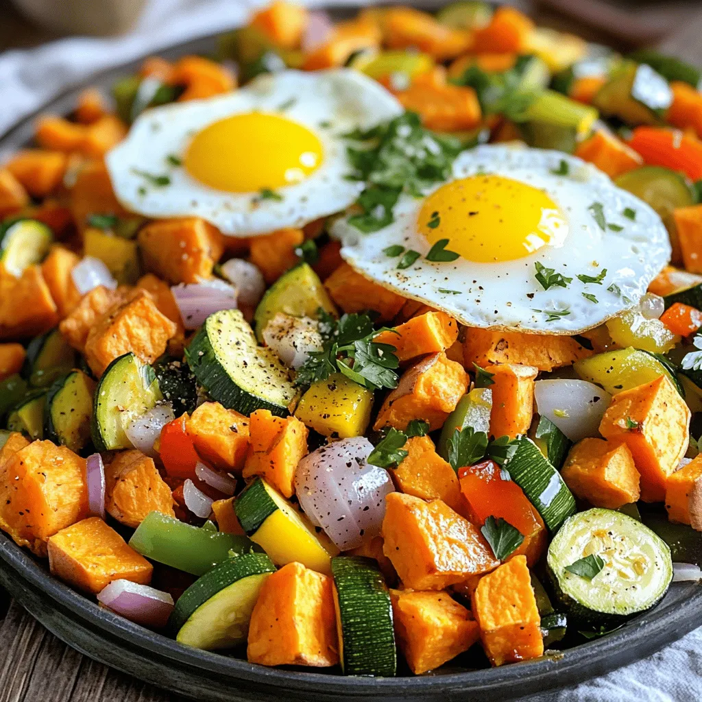To make a tasty zucchini sweet potato hash, gather these key ingredients: - 2 medium sweet potatoes, diced - 2 small zucchinis, diced - 1 bell pepper (any color), chopped - 1 small red onion, finely chopped - 2 cloves garlic, minced - 1 teaspoon smoked paprika - 1 teaspoon dried oregano - Salt and pepper to taste - 2 tablespoons olive oil - Fresh parsley for garnish - Optional: 2 eggs (for topping) These ingredients create a colorful and flavorful dish. The sweet potatoes add a nice sweetness, while the zucchini provides a fresh crunch. To enhance the taste, add fresh herbs and seasonings. Here are some great options: - Fresh thyme or basil for a fragrant touch. - Chopped cilantro for a bright, zesty flavor. - A pinch of chili flakes for a bit of heat. These herbs and spices can elevate your hash, making it even more delightful. You can mix and match to find your favorite combination. Toppings can make your dish even better. Here are some fun ideas: - Avocado slices for creaminess. - Crumbled feta cheese for a salty kick. - Sliced green onions for a fresh crunch. You can also top it with fried or poached eggs for added protein. This simple dish can be transformed with just a few extras. For the full recipe, check out the full recipe link. Start by washing all your veggies. Clean, peel, and dice the sweet potatoes into small cubes. Aim for a size that cooks evenly. Next, wash the zucchinis and chop them into small pieces. Cut the bell pepper into small chunks and finely chop the red onion. Finally, mince two cloves of garlic. Having these ready makes cooking easier. Heat a large skillet over medium heat. Pour in two tablespoons of olive oil. Once hot, add the sweet potatoes. Cook them for about 10 minutes. Stir occasionally until they soften. After that, add the red onion and bell pepper. Sauté for five more minutes, until the onion turns translucent. Now it's time to mix in the zucchini, garlic, smoked paprika, oregano, salt, and pepper. Cook everything together for another 5 to 7 minutes. You want all the veggies to be tender and well mixed. If you want to add eggs, this step is for you. Make two small wells in the hash. Crack an egg into each well. Cover the skillet with a lid. Cook for about 3 to 4 minutes. You want the whites to set but the yolks to stay runny. Once done, remove the skillet from heat. Garnish with fresh parsley for a nice touch. For the full recipe, check out the earlier sections. To get great flavor in your zucchini sweet potato hash, use medium heat on your skillet. This heat helps the veggies cook well without burning. Start with sweet potatoes since they take longer to cook. Once they soften, add the onion and bell pepper. This order keeps flavors bright and fresh. Cut your veggies into similar sizes. This helps them cook evenly. Stir the mix every few minutes to prevent sticking and burning. If you notice any browning, reduce the heat slightly. Finish cooking when the zucchini is tender but not mushy. This adds a nice crunch to every bite. You can mix it up with different veggies. Try using butternut squash instead of sweet potatoes. If you don’t have a bell pepper, use any color of chili. For herbs, fresh thyme or basil can replace oregano. Feel free to swap eggs for avocado slices on top for a creamy finish. For the full recipe, check out the complete instructions. {{image_2}} You can make this dish even tastier by adding more veggies. Try adding chopped spinach or kale for a fresh look and flavor. You can also toss in sliced mushrooms for a nice texture. Another fun idea is to add cherry tomatoes. They add a burst of sweetness. Don't be afraid to mix and match your favorite veggies! If you love heat, add some spice! Toss in diced jalapeños or a pinch of cayenne pepper. You can also use a spicy paprika instead of smoked paprika. This adds warmth without changing the flavor too much. For an extra kick, try adding a splash of hot sauce when serving. Just a few drops can make a big difference. Want to lower the carbs? Swap sweet potatoes for cauliflower. Cauliflower has a mild taste and will soak up all the flavors. You can also use zucchini as a base. It keeps the dish light while still being filling. If you're avoiding starchy vegetables, just use more bell peppers and onions. You still get a hearty meal without the extra carbs. For the full recipe, check out the Zucchini Sweet Potato Hash section. Enjoy exploring these variations to suit your taste! To keep your zucchini sweet potato hash fresh, store it in an airtight container. Let the hash cool down first. Once cooled, transfer it to the container. Place it in the fridge. It should stay good for about three to four days. Make sure to label the container with the date to track freshness. When reheating, use a skillet over medium heat. Add a splash of olive oil to keep it moist. Stir often to heat evenly. You can also use the microwave. Just place the hash in a microwave-safe dish and cover it loosely. Heat in short bursts, stirring in between. This keeps the flavors bright and tasty. You can freeze the hash for longer storage. First, let it cool completely. Then, portion it into freezer bags or containers. Squeeze out as much air as possible before sealing. Label with the date. It will last for about three months in the freezer. When ready to eat, thaw it overnight in the fridge before reheating. For the full recipe, check out the detailed instructions provided. Yes, you can make Zucchini Sweet Potato Hash ahead of time. Prepare the hash and let it cool. Store it in an airtight container in the fridge. It stays fresh for about 3 to 5 days. When you are ready to eat, just reheat it in a skillet or microwave. This saves time on busy mornings. You can serve Zucchini Sweet Potato Hash in many ways. Here are some ideas: - Fried or poached eggs on top for protein. - A side of fresh fruit for a sweet touch. - Avocado slices for creaminess. - A dollop of Greek yogurt for tanginess. - Crusty bread or toast to soak up flavors. Mix and match these options to fit your meal! Customizing Zucchini Sweet Potato Hash is easy. For a vegan dish, skip the eggs. Use more veggies like spinach or mushrooms. For a gluten-free option, the recipe is naturally gluten-free. You can also add your favorite proteins like chicken or sausage. Adjust spices to fit your taste. This flexibility makes the dish fun and personal. Zucchini Sweet Potato Hash is a tasty and easy dish. We covered vital ingredients, cooking steps, and storage tips. You can tweak the recipe with fresh herbs or toppings. Think about your preferences when adding spices or flavors. With these tips, you can make a meal everyone will enjoy. Try different variations to keep it fun. Enjoy your cooking and make this dish a regular in your kitchen!