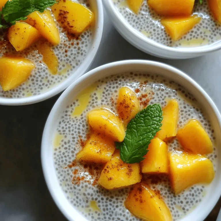 - 1 cup almond milk (or milk of choice) - 1/4 cup chia seeds - 2 ripe peaches, diced (reserve some for topping) - 2 tablespoons maple syrup (or honey) - 1 teaspoon vanilla extract - A pinch of salt - 1/2 teaspoon cinnamon (optional) - Fresh mint leaves for garnish Chia seeds are tiny but mighty. They swell up and create a fun texture in pudding. They also give you protein, fiber, and healthy fats. Peaches add a sweet and juicy burst. They are full of vitamins A and C, which are great for your skin and eyes. Together, these ingredients make a tasty and healthy treat. You can enjoy it for breakfast or as a snack. The best part is, it takes just ten minutes to prep! You can find the full recipe above for all the details. To start, you need to mix the base ingredients. In a medium bowl, whisk together: - 1 cup almond milk (or milk of choice) - 2 tablespoons maple syrup (or honey) - 1 teaspoon vanilla extract - A pinch of salt Whisk until everything is well combined. This creates a sweet and creamy base for your pudding. Next, you will incorporate the chia seeds. Add: - 1/4 cup chia seeds Stir them in gently. Make sure the seeds are evenly spread throughout the mixture. This step is key to getting that perfect pudding texture. Now it's time to add the diced peaches. Chop up: - 2 ripe peaches, diced (reserve some for topping) Fold the peaches into the mixture. Be careful not to mash them too much. You want nice chunks of peach in every bite. Refrigeration time is very important for chia pudding. Cover the bowl with plastic wrap or a lid. Place it in the fridge for at least 4 hours or overnight. This allows the chia seeds to absorb the liquid and thicken. When you are ready to serve, take the pudding out of the fridge. Stir it well to mix everything together. If the pudding is too thick, add a splash of almond milk to loosen it up. Serve the chia pudding in individual bowls. Top with the reserved diced peaches. You can also sprinkle a bit of cinnamon for added flavor. You might want to adjust the texture of your pudding. To achieve the desired consistency, remember this: the longer the chia seeds sit, the thicker the pudding gets. If your pudding is too thick, simply add more almond milk until it reaches your liking. If it’s too thin, let it sit a bit longer. These simple tips will help you create the perfect peach chia pudding. For the full recipe, check out the details above. - Overmixing chia seeds: When you add chia seeds, mix gently. If you overmix, the seeds may clump. This can lead to uneven texture in your pudding. - Not allowing enough refrigeration time: Chia seeds need time to absorb liquid. Aim for at least four hours. For best results, refrigerate overnight. This makes your pudding creamy and thick. - Adding spices or extracts: You can spice up your pudding with cinnamon or nutmeg. A drop of almond or coconut extract can add a nice twist. Experiment with flavors to find your favorite! - Suggested toppings: Fresh fruit, nuts, or seeds make great toppings. Try adding granola for crunch or a drizzle of honey for sweetness. Fresh mint leaves add a pop of color and flavor. - Freshness of chia seeds and peaches: Always use fresh peaches for the best taste. Check your chia seeds; they should be dry and free from odors. - Tips for keeping pudding fresh: Store the pudding in a sealed container in the fridge. It lasts up to five days. If you notice any off smells, it’s best to toss it. {{image_2}} You can mix in various fruits to add flavor. Some tasty options include berries, mango, or bananas. Each fruit brings its own sweetness and texture. Think about seasonal fruits too. In summer, use fresh strawberries or blueberries. In fall, try apples or pears. These fruits not only taste great but also bring vibrant colors. If you want to change the sweetness, natural sweeteners work well. Maple syrup is a favorite, but try agave nectar or coconut sugar. Honey adds a lovely touch too, if you’re not vegan. Taste as you go to find your perfect level of sweetness. Start with a little and add more if needed. For a dairy-free or vegan option, almond milk is a great choice. But feel free to swap it with oat milk, coconut milk, or soy milk. Each milk option provides a unique flavor. Just make sure your sweeteners are vegan if you need them to be. This way, everyone can enjoy this tasty treat! You should use an airtight container to store peach chia pudding. Glass or plastic containers work well. Make sure the lid seals tightly to keep out air. This helps the pudding stay fresh longer. Refrigerate it right after making. Keep the pudding in the fridge for up to five days. This cool temperature keeps the chia seeds from spoiling. Peach chia pudding lasts about five days in the fridge. You may notice it thickens as it sits. If it seems too thick, just stir in a little almond milk. Look for signs of spoilage. If you see mold or smell something off, toss it out. It's better to be safe than sorry. Yes, you can freeze chia pudding! However, the texture may change after thawing. Freeze it in a safe container, leaving some space for expansion. To thaw, move it to the fridge for several hours or overnight. This way, it softens gently. Stir it well before serving to restore some creaminess. You need to refrigerate chia pudding for at least four hours. This time allows the chia seeds to absorb the liquid and thicken. For best results, overnight refrigeration works great. The longer it sits, the creamier it becomes. You can easily prepare it the night before and enjoy it the next day. Yes, you can make Peach Chia Pudding in advance. Prepping it ahead saves time on busy mornings. Just follow the Full Recipe, and let it chill in the fridge. It will stay fresh for up to five days. This makes it a perfect option for meal prep or quick snacks. If you need to avoid almond milk, there are great alternatives. You can use oat milk, soy milk, or coconut milk. Each option adds a unique flavor to the pudding. Oat milk gives a creamy texture, while coconut milk adds a tropical twist. Choose the milk that fits your taste! To make Peach Chia Pudding, you need simple ingredients and easy steps. Chia seeds offer great health benefits, while peaches add flavor and nutrients. Remember to refrigerate for the best texture. Avoid common mistakes, like overmixing. You can also try fruit variations and alternative sweeteners for more fun. Store it right to keep it fresh. This pudding is tasty, healthy, and easy to customize. Now it's your turn to enjoy making it!