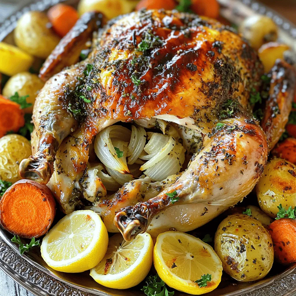 To make a great garlic herb roasted chicken, gather these key ingredients: - 1 whole chicken (about 4-5 lb) - 4 tablespoons olive oil - 6 cloves garlic, minced - 2 teaspoons dried thyme - 2 teaspoons dried rosemary - 2 teaspoons dried oregano - 1 lemon, cut into wedges - 1 onion, quartered - Salt and freshly ground black pepper to taste - Fresh herbs (like parsley or thyme) for garnish These ingredients create a tasty blend of flavors that make the chicken juicy and aromatic. You can add more flavor with these optional ingredients: - 1 teaspoon smoked paprika - 1 tablespoon Dijon mustard - 1 tablespoon honey Each of these items brings a unique twist. Smoked paprika adds warmth, while honey gives a hint of sweetness. Using fresh herbs can elevate the dish. I recommend: - Fresh parsley - Fresh thyme - Fresh rosemary These herbs not only add flavor but also enhance the look of your roasted chicken. For the best taste, chop the fresh herbs and sprinkle them on top before serving. You will love how they brighten up the dish! For the full recipe, check out the details above. First, gather your ingredients for the garlic herb roasted chicken. You will need: - 1 whole chicken (about 4-5 lb) - 4 tablespoons olive oil - 6 cloves garlic, minced - 2 teaspoons dried thyme - 2 teaspoons dried rosemary - 2 teaspoons dried oregano - 1 lemon, cut into wedges - 1 onion, quartered - Salt and freshly ground black pepper to taste - Fresh herbs (like parsley or thyme) for garnish Next, preheat your oven to 425°F (220°C). Rinse the chicken under cold water. Pat it dry with paper towels. This step is key for crispy skin. In a small bowl, mix olive oil, minced garlic, dried herbs, salt, and pepper. This makes a flavorful herb paste. Now, gently slide your fingers under the skin of the chicken. Be careful not to tear it. Rub half the herb paste under the skin. Spread the rest on the outside. Stuff the chicken's cavity with lemon wedges and quartered onion. This adds a burst of flavor from the inside. Place the chicken in a roasting pan. You can tie the legs with kitchen twine if you want. This helps it cook evenly. Now, it's time to roast the chicken. Place it in your preheated oven. Roast for about 1 hour and 15 minutes. The chicken is done when the juices run clear. You can check this by piercing between the leg and the body. It should reach an internal temperature of 165°F (75°C). Halfway through cooking, baste the chicken with its own juices. This adds flavor and keeps it moist. Once the chicken is golden and cooked, take it out of the oven. Let it rest for 10-15 minutes. This step keeps the juices inside. Now, carve the chicken. Start by removing the legs and thighs. Then, slice the breast meat. Arrange the pieces on a platter. Garnish with fresh herbs for a nice touch. You can serve it with roasted vegetables around the chicken for a beautiful presentation. For the full recipe, refer to the previous section. Enjoy your meal! To get that golden, crispy skin, dry the chicken well. After rinsing, use paper towels to pat it dry. This step is key! Loosening the skin gently with your fingers helps too. Apply half of the herb paste under the skin. This not only adds flavor but also keeps the skin crispy while cooking. Basting keeps the chicken moist. Use a spoon to scoop up the juices from the pan. Halfway through cooking, pour these juices over the chicken. This adds flavor and helps create that beautiful crust. You can baste every 15 minutes for the best results. For the best flavor, stuff the chicken cavity with lemon and onion. These ingredients release moisture and aroma as they cook. Fresh herbs like parsley or thyme can boost the taste too. Sprinkle them on top before serving for a fresh touch. For more detailed steps, check the Full Recipe. {{image_2}} You can change the flavors of your garlic herb roasted chicken easily. For a different taste, try using fresh herbs instead of dried ones. Fresh thyme, rosemary, or parsley can really brighten the dish. Other spices like paprika or cumin can add warmth and depth. You might also enjoy a bit of lemon zest for a fresh twist. Stuffing your chicken can bring more flavor and moisture. Instead of lemon and onion, consider using garlic cloves, fresh herbs, or even sliced apples for sweetness. A mix of bread crumbs, herbs, and nuts can create a nice stuffing too. Try adding some cooked rice or quinoa for a hearty filling. You can cook garlic herb roasted chicken in different ways. Grilling gives it a smoky flavor and crispy skin. Just marinate the chicken with the herb paste, then grill over medium heat. For a slow cooker, rub the chicken with the herbs and place it inside. Cook on low for 6-8 hours for tender meat. Each method brings out unique flavors, so choose what you like best! For the complete recipe, check out the Full Recipe. After you enjoy your garlic herb roasted chicken, let it cool. Place leftovers in an airtight container. Store the chicken in the fridge for up to 3 days. If you leave it out too long, it can spoil. Always check for signs of spoilage before eating. To reheat your chicken, preheat your oven to 350°F (175°C). Place the chicken in a baking dish. Add a splash of chicken broth to keep it moist. Cover the dish with foil to prevent drying. Heat for about 20-25 minutes, or until hot. You can also use a microwave, but the oven makes it crispier. If you want to save your chicken for later, freezing is a great option. Wrap pieces of chicken tightly in plastic wrap. Then place them in a freezer bag. Label the bag with the date. You can freeze the chicken for up to 3 months. When ready to eat, thaw it in the fridge overnight before reheating. For best flavor, enjoy it soon after freezing. Roasting time is key for juicy chicken. You should roast the chicken for about 15-20 minutes per pound. For example, a 4-pound chicken needs around 1 hour to 1 hour and 20 minutes. Always check the internal temperature. It should reach 165°F (75°C) in the thickest part of the meat. Yes, you can! You can use a smaller chicken or even chicken parts. Cooking time will change if you use parts. Chicken thighs or breasts cook faster, so keep an eye on them. Ensure all parts reach that safe internal temperature of 165°F (75°C). Many sides pair well with garlic herb roasted chicken. Some tasty options include: - Roasted vegetables (like carrots, potatoes, or Brussels sprouts) - Creamy mashed potatoes - Fresh green salad - Garlic bread - Rice pilaf These sides complement the chicken well and create a lovely meal. For a great presentation, serve the chicken on a platter surrounded by your chosen sides. Don't forget to check out the Full Recipe for all the details! This blog post showed you how to make a great garlic herb roasted chicken. We covered essential ingredients for flavor and optional extras to boost taste. You learned each step from preparation to carving and serving. Our tips helped you get crispy skin and the best basting techniques. Variations let you explore new flavors and cooking methods. Finally, proper storage keeps leftovers fresh. Now, you're ready to impress with your chicken skills and enjoy delicious meals!