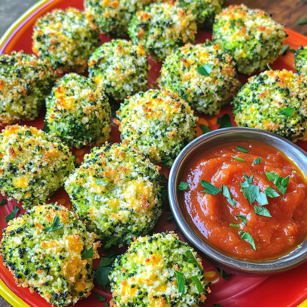 - 2 cups broccoli florets, steamed and finely chopped - 1 cup shredded cheddar cheese - ½ cup grated Parmesan cheese - ½ cup breadcrumbs (panko for extra crunch) - 2 large eggs, beaten - 3 cloves garlic, minced - 1 teaspoon onion powder - 1 teaspoon paprika - Salt and pepper, to taste - Olive oil spray (for cooking) To make tasty cheesy broccoli bites, start with fresh broccoli. I love steaming the florets first. This keeps the flavor bright and the color vibrant. Then, I finely chop the broccoli. This helps the bites hold together better. Cheddar cheese gives a nice sharp taste. I often use sharp cheddar for extra flavor. The Parmesan brings a creaminess that balances well. And don’t skip on the breadcrumbs! Using panko makes them extra crunchy. I always add garlic for a punch of flavor. You can adjust the amount based on your taste. The onion powder and paprika add depth, too. Salt and pepper are key. They bring all the flavors to life. Olive oil spray helps the bites crisp up as they bake. It’s a simple step that makes a big difference. - Red pepper flakes for spice - Fresh herbs like parsley or chives If you want a kick, add red pepper flakes. They bring a nice heat. Fresh herbs like parsley or chives brighten the bites. They add color and flavor. Feel free to mix and match these ingredients. The result will always be delicious! For the full recipe, check out the instructions I’ve provided. First, preheat your oven to 400°F (200°C). This helps the bites cook evenly and get crispy. While the oven heats, line a baking sheet with parchment paper. This step keeps the bites from sticking. Next, take a large bowl and combine the following ingredients: - 2 cups broccoli florets, steamed and finely chopped - 1 cup shredded cheddar cheese - ½ cup grated Parmesan cheese - ½ cup breadcrumbs (panko for extra crunch) - 2 large eggs, beaten - 3 cloves garlic, minced - 1 teaspoon onion powder - 1 teaspoon paprika - Salt and pepper, to taste Mix everything well until all the ingredients are evenly blended. Now, it’s time to shape your mixture. Use your hands to form small balls or patties, about 1 to 1.5 inches wide. This size is perfect for popping in your mouth. Once formed, arrange them on the prepared baking sheet, leaving some space between each one. To help them crisp up, lightly spray the tops with olive oil. Now, bake the bites in your preheated oven for 20-25 minutes. You want them to turn golden brown and crisp on the outside. For even cooking, flip them halfway through the baking time. This ensures both sides get that perfect crunch. When they are done, take them out of the oven and let them cool for a few minutes. Enjoy your cheesy broccoli bites as a fun snack or appetizer! For more details, check the full recipe. To create the best cheesy broccoli bites, finely chop the broccoli. This ensures that each bite has a uniform flavor and texture. Large pieces can make the bites fall apart, so small pieces are key. Using the right breadcrumbs is also vital. I recommend panko breadcrumbs for extra crunch. They give your bites a nice texture. Mix the breadcrumbs well with the other ingredients. This helps them bind together and stay intact while baking. For dipping, marinara and garlic aioli are both great options. They add flavor and fun to your bites. You can serve the cheesy broccoli bites on a colorful platter. This makes the dish look inviting. A sprinkle of fresh parsley adds a pop of color and freshness. If you are dairy-free, try using dairy-free cheese. Many brands offer great flavors that work well in this recipe. For a vegan version, you can replace eggs with flaxseed meal or applesauce. Both options help bind the mixture together without eggs. For the full recipe, check the main section where I share all the steps and tips! {{image_2}} You can switch up the cheese in your Cheesy Broccoli Bites. Try using mozzarella. It melts well and gives a gooey texture. This makes each bite extra cheesy and delightful. If you want a tangy kick, use feta cheese. Feta adds a nice flavor twist that surprises your taste buds. Feel free to add other vegetables to your bites. Carrots bring a sweet crunch, while spinach adds color and nutrients. You can also use seasonal veggies. Think about zucchini in summer or sweet potatoes in fall. These changes keep your bites fresh and fun. You can boost the flavor of your bites with herbs or spices. Italian seasoning gives a warm, herby taste. A bit of lemon zest brightens up the mix, too. For those who like heat, add jalapeños or a splash of sriracha. This lets you control the spice level and cater to your taste. To keep your cheesy broccoli bites fresh, store them in an airtight container. Place parchment paper between layers to avoid sticking. In the fridge, they last about 3-4 days. For longer shelf life, you can freeze them. First, let the bites cool completely. Then, arrange them in a single layer on a baking sheet. Freeze for a few hours until firm. Once frozen, transfer them to a freezer-safe bag. They will stay good for up to 3 months. When you want to enjoy your cheesy broccoli bites again, use the oven or air fryer. Preheat your oven to 350°F (175°C). Place the bites on a baking sheet and heat for 10-15 minutes. This will keep them crispy. In an air fryer, set it to 350°F (175°C). Heat for around 5-7 minutes. This method works well to maintain the crunchiness. Avoid using the microwave. It makes the bites soggy and less tasty. Make sure to check them frequently to avoid overcooking. Cheesy Broccoli Bites can last for about 3-5 days in the fridge. Store them in an airtight container to keep them fresh. If you freeze them, they can last for up to 2-3 months. Make sure to wrap them well to prevent freezer burn. Yes, you can prep Cheesy Broccoli Bites ahead of time. You can make the mixture and shape the bites a day before. Just cover them and keep them in the fridge. When you're ready to eat, bake them as usual. This saves time for busy days or parties. These bites pair well with many things. You can serve them with marinara sauce for a classic dip. Garlic aioli also makes a great choice. For drinks, a light lemonade or sparkling water complements them nicely. Try serving a fresh salad on the side for a balanced meal. For the full recipe and detailed instructions, check out [Cheesy Broccoli Bites](#). In this post, we covered how to make Cheesy Broccoli Bites. You now know the ingredients, preparation steps, and tips for making these tasty snacks. Don't forget variations and storage options to keep things fresh. These bites are not only easy to prepare but fun to share. With simple swaps, you can customize them to suit anyone’s taste. Enjoy your cooking and create a perfect dish that everyone will love. You have the tools, so get baking!