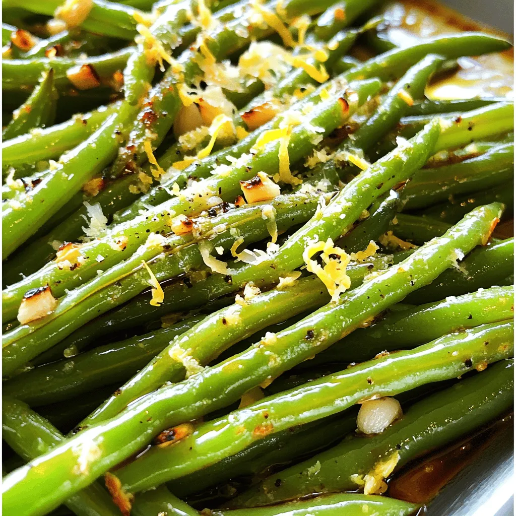 To create the perfect roasted garlic green beans, you need the right ingredients. Here’s what you should gather: - 1 pound fresh green beans, trimmed - 6 cloves garlic, minced - 3 tablespoons olive oil - 1 teaspoon lemon zest - Salt and pepper to taste - 1 tablespoon balsamic glaze (optional) - ¼ cup shaved Parmesan cheese (optional) These ingredients are simple but pack a lot of flavor. Fresh green beans give you a nice crunch. Garlic adds depth, while olive oil helps everything roast evenly. Lemon zest brightens the dish. You can add balsamic glaze for sweetness and Parmesan cheese for a creamy touch. Using fresh ingredients makes a big difference. They enhance the taste and make your meal feel special. This recipe is flexible, so feel free to adjust the seasonings to your liking. For the full recipe, refer to the earlier section. Enjoy cooking! - Preheat your oven to 400°F (200°C). - Prepare a baking sheet with parchment paper. This helps with easy cleanup. - In a large bowl, combine the trimmed green beans and minced garlic. - Drizzle olive oil over the green beans and garlic, then add lemon zest, salt, and pepper. Toss well until the green beans are coated. - Spread the mixture evenly on the prepared baking sheet. - Roast in the oven for 15-20 minutes, stirring halfway through. This ensures even cooking and browning. You can find the full recipe above for more details on how to make these roasted garlic green beans a delicious side dish! To avoid overcooking green beans, aim for a bright green color. Roast them for 15 to 20 minutes at 400°F (200°C). Check for tenderness by tasting. If they snap easily, they're done. Stir them halfway through roasting. This helps them cook evenly and get crispy. To make roasted garlic green beans even better, consider adding spices. A pinch of red pepper flakes gives heat. Try a sprinkle of smoked paprika for a smoky touch. Fresh herbs like thyme or parsley add brightness and depth too. Using fresh garlic gives a strong flavor. Dried garlic works in a pinch, but fresh is best. Add the garlic with the green beans, so it roasts nicely. This creates a sweet, nutty flavor. Roasted garlic green beans pair well with many main dishes. They complement steak, chicken, or fish perfectly. For a meatless meal, serve them with quinoa or a hearty grain. Presentation matters too. Arrange the green beans on a platter. Drizzle balsamic glaze for a shiny finish. Top with shaved Parmesan for a touch of elegance. This makes the dish beautiful and appetizing. For the full recipe, check out the complete guide. {{image_2}} You can make roasted garlic green beans a bit lighter. Use less olive oil and skip the cheese. This keeps the flavor while cutting calories. You can also switch green beans for other veggies. Try broccoli, asparagus, or zucchini for a fresh twist. Want to make your green beans even tastier? Experiment with sauces like soy sauce or teriyaki. These add a nice umami kick. You can also add nuts for some crunch. Almonds or walnuts work great and give extra flavor. Take advantage of seasonal veggies too. In summer, add cherry tomatoes for a sweet burst. In fall, mix in bell peppers for a pop of color. These additions make your dish fun and fresh. You can find many ways to enjoy roasted garlic green beans with what's in season. For the full recipe, check out the details above! To keep your roasted garlic green beans fresh, store them in an airtight container. Line the container with a paper towel to absorb moisture. This helps the beans stay crisp. Roasted garlic green beans last up to four days in the fridge. If you want to enjoy them later, make sure to cool them completely before storing. Freezing is a great way to save extra green beans. First, let them cool completely. Then, spread them out on a baking sheet in a single layer. Freeze them for about an hour until firm. After that, transfer them to a freezer bag or container. Make sure to press out as much air as possible. Roasted green beans can stay fresh for up to three months in the freezer. To reheat, simply toss them in a pan over medium heat until hot. You can also microwave them for a quick option. Watch for signs of spoilage to keep your beans safe. If they turn mushy or develop an off smell, it's time to discard them. You may also notice changes in color. If they look dull or brown, it’s best to throw them away. Always trust your senses when it comes to food safety. Can I use frozen green beans for this recipe? Yes, you can use frozen green beans. Just thaw and dry them first. Frozen beans may need a few extra minutes to roast. Keep an eye on them to avoid mushiness. How do I make garlic green beans without roasting? You can sauté the green beans in a pan. Heat olive oil, add minced garlic, and then toss in the green beans. Cook them for about five to seven minutes until they are tender and vibrant. What are the nutritional benefits of green beans? Green beans are low in calories but rich in vitamins. They provide vitamin C, vitamin K, and fiber. These nutrients support immune health and aid digestion. They are also a good source of antioxidants, which help fight free radicals. How does roasted garlic benefit health? Roasted garlic has many health benefits. It can boost your immune system and lower blood pressure. Garlic also has anti-inflammatory properties. These benefits come from compounds like allicin, which is more potent when cooked. Can I make this recipe vegan? Absolutely! Just skip the Parmesan cheese. The dish remains tasty with the garlic and olive oil flavors. You could add a sprinkle of nutritional yeast for a cheesy flavor if you want. What are some protein options to add to the dish? You can add grilled chicken, shrimp, or tofu. These options pair well with green beans. Simply toss them in before roasting, or serve them on the side. Roasting green beans with garlic is simple and tasty. We covered ingredients, tips, and variations. These beans pair well with many dishes. You can tweak the recipe to suit your taste and needs. Experimenting with flavors keeps it fresh and fun. Enjoy your roasted garlic green beans! Happy cooking, and make it your own!