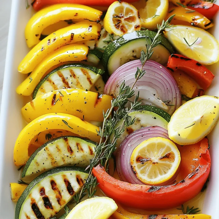 For this dish, you need fresh vegetables. I like to use: - 1 zucchini, sliced into half-moons - 1 yellow bell pepper, sliced into strips - 1 red bell pepper, sliced into strips - 1 red onion, cut into wedges - 1 cup cherry tomatoes, halved These vegetables add color and taste. They grill well and become sweet when cooked. The right seasonings make the flavors pop. Here are the key ingredients: - 3 tablespoons olive oil - Zest and juice of 1 lemon - 2 tablespoons fresh thyme leaves (or 1 tablespoon dried thyme) - Salt and black pepper to taste Olive oil helps the veggies cook evenly. Lemon adds brightness, and thyme gives a fresh herbal note. To get the best flavor, use these specific amounts: - 1 zucchini - 1 yellow bell pepper - 1 red bell pepper - 1 red onion - 1 cup cherry tomatoes - 3 tablespoons olive oil - Zest and juice of 1 lemon - 2 tablespoons fresh thyme leaves - Salt and black pepper to taste These measurements ensure your lemon thyme grilled vegetables turn out delicious every time. For the full recipe, check out the complete details. To start, wash all your vegetables well. Then, cut the zucchini into half-moons. Slice the yellow and red bell peppers into strips. For the red onion, cut it into wedges. Finally, halve the cherry tomatoes. This mix of shapes and colors makes the dish more fun. In a large bowl, combine all the chopped vegetables. In a separate small bowl, whisk together olive oil, lemon zest, lemon juice, thyme, salt, and pepper. This flavorful mixture is key. Pour it over the vegetables and toss them well. Cover the bowl and let it sit for about 15 minutes. This marination time helps the flavors blend and enhances the taste. Preheat your grill to medium-high heat. To keep the veggies from falling through, use a grill basket or aluminum foil. Spread the marinated vegetables in the basket evenly. Grill them for about 8 to 10 minutes. Turn them occasionally until they are tender and have nice grill marks. Once done, remove them from the grill and serve warm. For the full recipe, check out the entire guide. To get those perfect grill marks, start with a hot grill. Preheat it to medium-high heat. Use a grill basket or aluminum foil to hold your veggies. This will stop them from falling through. Spread them out in one layer. Don't overcrowd the basket. Grill the veggies for 8-10 minutes. Turn them often for even cooking and good marks. Want to boost the taste? Try adding garlic or balsamic vinegar to the marinade. You can also add a splash of soy sauce for a savory kick. Mix in some crushed red pepper for heat. Or, sprinkle some feta cheese over the veggies after grilling. These additions will make your dish pop with flavor. Serve your grilled veggies on a bright platter. Layer them in a colorful pattern for a beautiful look. Drizzle some extra lemon juice on top for freshness. For a fancy touch, garnish with fresh thyme sprigs or thin lemon slices. This adds both color and aroma to your dish. You can also pair them with grilled meats or grains for a complete meal. Check out the full recipe for more inspiration! {{image_2}} You can mix in many seasonal vegetables for more color and flavor. Try adding: - Asparagus - Eggplant - Mushrooms - Carrots - Cauliflower These veggies grill well and soak up the lemon thyme goodness. Each one adds its own taste and texture. When you use seasonal produce, you enjoy the best flavors nature offers. Feel free to experiment with different herbs or spices. You can use: - Basil - Oregano - Rosemary - Cumin These options can change the dish’s flavor profile. Just remember, each herb has a unique taste. Start with small amounts and adjust as needed. Mixing flavors can lead to exciting new dishes! Grilling offers a smoky taste, but you can also roast your veggies. To roast, preheat your oven to 425°F (220°C). Spread the marinated veggies on a baking sheet in a single layer. Roast for 20-25 minutes until tender and slightly browned. This method gives them a different texture and enhances their sweetness. You can enjoy them hot or even cold in salads. For the complete recipe, check out the [Full Recipe]. To keep your lemon thyme grilled vegetables fresh, store them in an airtight container. This helps maintain their flavor and texture. You can refrigerate them for up to three days. Make sure to let them cool to room temperature before sealing them. This prevents condensation, which can make them soggy. When you want to enjoy your leftovers, reheating gently is key. I recommend using a skillet over medium heat. Add a splash of olive oil to keep them moist and flavorful. Stir them often to heat evenly. You can also use the microwave, but cover the dish with a damp paper towel to keep the moisture in. Heat them for short intervals, stirring in between. You can freeze grilled vegetables, but they may lose some texture. To freeze, first, let them cool completely. Then, spread them on a baking sheet in a single layer. Once they are frozen solid, transfer them to freezer bags. Remove as much air as possible to prevent freezer burn. They can last for up to three months. When you're ready to use them, thaw in the fridge overnight and reheat as mentioned above. For the full recipe, check out the complete details. Yes, you can use dried thyme. Dried thyme has a stronger taste than fresh. Use one-third of the amount if substituting. For example, if the recipe calls for two tablespoons of fresh thyme, use one tablespoon of dried thyme. This way, you get a great flavor without being too strong. Fresh thyme adds a bright touch to the dish. It’s best for a fresh taste. You can store grilled vegetables in the fridge for about three to five days. Keep them in an airtight container to keep them fresh. Make sure the vegetables cool down before you store them. This helps to prevent moisture build-up and sogginess. Always check for signs of spoilage before eating. If they smell off or look slimy, it’s best to toss them. Lemon thyme grilled vegetables go well with many dishes. They make a great side with grilled chicken or fish. You can also serve them on top of pasta or in a salad. Add them to grain bowls for a healthy meal. For a complete dinner, try them with quinoa or couscous. They add a burst of flavor and color to any meal. For the full recipe, check here. Grilling fresh vegetables enhances their flavors and adds a healthy touch to meals. You learned about choosing the best produce, seasoning it right, and mastering grilling techniques. Remember to marinate for optimal taste and serve creatively. Don't hesitate to try different vegetables and cooking methods to keep things exciting. Proper storage helps you enjoy leftovers, too. Embrace these tips to get the most out of your grilled veggies, and you’ll impress everyone at your next cookout. Happy grilling!