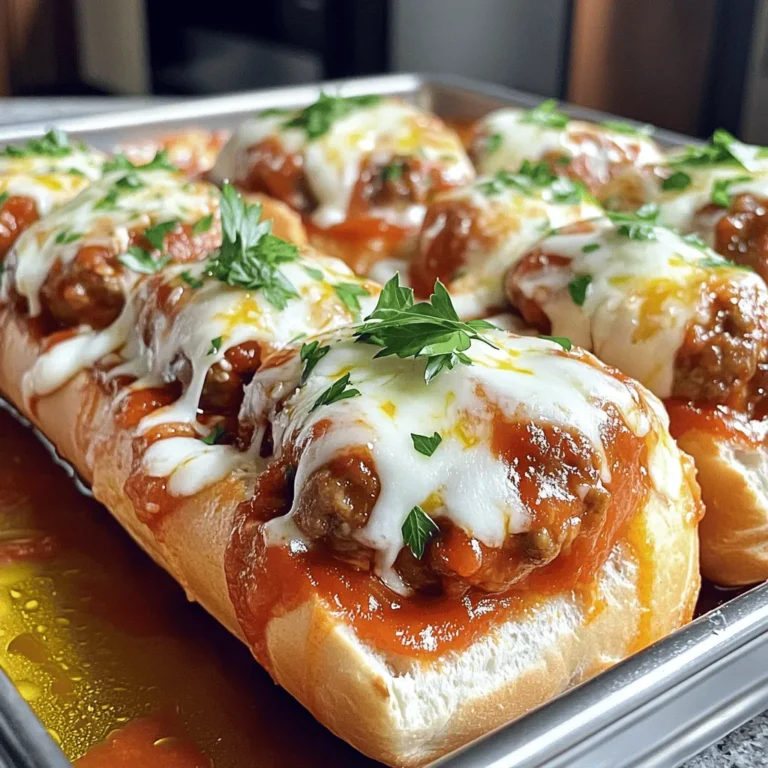 - 1 pound ground beef - 1/2 cup breadcrumbs - 1/4 cup grated Parmesan cheese - 1/4 cup fresh parsley, chopped - 1 clove garlic, minced - 1 egg, beaten - Salt and pepper to taste - 2 cups marinara sauce - 4 sub rolls - 1 cup shredded mozzarella cheese - Olive oil for drizzling Gather these ingredients to make the best meatball subs. Each one plays a key role in flavor and texture. The ground beef gives a hearty base. Breadcrumbs hold everything together. Parmesan cheese adds a salty kick. Fresh parsley brightens up the dish. Garlic brings in deep flavor, while the egg binds the mix. Marinara sauce coats the meatballs and keeps them moist. Sub rolls hold it all, and mozzarella melts into gooey goodness. - Spices for added flavor - Extra cheese varieties - Additional toppings (onions, peppers) Feel free to jazz up your meatball subs! Adding spices can change the flavor. Try red pepper flakes for heat or Italian seasoning for depth. Extra cheese can make it richer. You can also add toppings like sautéed onions or sweet bell peppers. These options let you customize your subs to fit your taste. Want to explore more? Check out the Full Recipe for more ideas! 1. Preheat your oven to 375°F (190°C). This step is key for cooking meatballs evenly. 2. In a large bowl, mix together the ground beef, breadcrumbs, Parmesan cheese, parsley, garlic, beaten egg, salt, and pepper. Be sure not to overmix. Just combine it well. 3. Form the mixture into meatballs, about 1 inch wide. Place them on a baking sheet. 4. Bake the meatballs for 20-25 minutes. They should be golden and cooked through. 5. While the meatballs bake, heat the marinara sauce in a saucepan over medium heat. Stir it gently as it warms. 1. Once the meatballs are done, add them to the marinara sauce. Let them simmer for 5 minutes. This adds flavor. 2. Open the sub rolls and drizzle a bit of olive oil on the inside. This gives a nice touch. 3. Spoon the meatballs and sauce into each sub roll. Use plenty of sauce for extra flavor. 4. Top each sub with shredded mozzarella cheese. The more, the better! 1. Return the subs to the oven for 5-7 minutes. Bake until the cheese melts and bubbles. 2. To get the best cheese melt, you can broil for the last minute. Keep an eye on them to avoid burning. Follow these steps for the perfect meatball subs. Enjoy the delicious flavors! - How to avoid dry meatballs To keep your meatballs moist, do not overmix the meat. Combine the ingredients gently. Adding breadcrumbs helps too. They soak up moisture and keep meatballs juicy. - Best practices when mixing meat Use your hands to mix the meat and other ingredients. This way, you control how much you mix. Just combine until mixed; don’t squeeze the meat too much. - Ensuring perfect cheese melt For a great cheese melt, place the subs in a hot oven. Bake them until the cheese bubbles. Using shredded cheese helps it melt quickly and evenly. - Garnishing options Fresh parsley adds color and flavor. You can also sprinkle some crushed red pepper for a kick. Parmesan cheese on top gives a nice finish too. - Side dishes that pair well Serve your meatball subs with a side salad for freshness. Crispy fries or sweet potato fries are also great. A warm bowl of soup can round out the meal perfectly. {{image_2}} You can switch up the meat in your meatball subs. Turkey or chicken meatballs are leaner options. They still pack great flavor. Just follow the same recipe steps. You'll get tasty results without the extra fat. If you want to try something different, go for vegetarian meatball subs. There are many great recipes using lentils or beans. These options provide a hearty texture and rich taste. You won't miss the meat at all! Sauce can make or break your meatball sub. You can use different marinara options to suit your taste. A roasted garlic marinara adds a nice touch. Or, try a basil marinara for a fresh twist. If you want some heat, consider spicy sauce additions. A dash of red pepper flakes can spice things up. You can also mix in hot sauce for more kick. Customize your sauce to make each sub unique! The bread you choose can change everything. Using different types of rolls can add fun. A soft hoagie roll is classic, but a crusty baguette works too. Don't forget about gluten-free options. There are many tasty gluten-free rolls available. They make it easy for everyone to enjoy meatball subs. No matter what bread you choose, it should hold the filling well. This keeps your subs messy-free and delicious! For the full recipe, check out the instructions above. To keep your meatball subs fresh, store them in the fridge. Use an airtight container. This helps prevent them from drying out. You should eat them within three days for the best taste. For meal prep, freezing works well. Wrap each sub tightly in plastic wrap. Then place them in a freezer bag. They can stay fresh for up to three months. When you are ready to eat, just thaw them in the fridge overnight. To reheat your meatball subs, use the oven for the best texture. Preheat the oven to 350°F (175°C). Place the subs on a baking sheet. Cover them with foil to keep them moist. Heat for about 15 minutes. This makes the bread crispy and the cheese melty. If you’re in a hurry, use the microwave. Just place the sub on a microwave-safe plate. Heat for 1-2 minutes. Check to see if it is warm throughout. Keep in mind, the bread might get soft this way. For more flavor, drizzle a bit of olive oil on top before reheating. Remember to enjoy your meatball subs with a side of extra marinara sauce for dipping. It’s a great way to add flavor back into your meal! For the full recipe, check out the earlier section. You can use crushed crackers or oats. Ground almonds work well too. For gluten-free diets, try almond flour or crushed cornflakes. These options help bind your meatballs while adding flavor. To keep meatballs moist, do not overmix the meat. Add an egg and some grated cheese. These ingredients help trap moisture. Cooking them in sauce also keeps them tender. Yes, you can make meatballs ahead. Form them and place on a tray. Freeze them before cooking for later use. You can also cook them and store in the fridge. Reheat them in sauce for quick meals. You can use provolone or gouda for a different taste. Feta adds a nice tangy touch. For a sharper flavor, try aged cheddar. Each cheese will give your meatball subs a unique twist. For the full recipe, check out the [Full Recipe]. You learned how to make easy meatball subs with simple steps. We covered main ingredients, from ground beef to marinara sauce. I shared tips on avoiding dry meatballs and suggested variations like turkey or veggie options. Remember, you can store leftovers for later use. Get creative with sauces and toppings to suit your taste. Enjoy making this dish with your own twists! Simple, fun, and delicious—meatball subs are a win for any meal.
