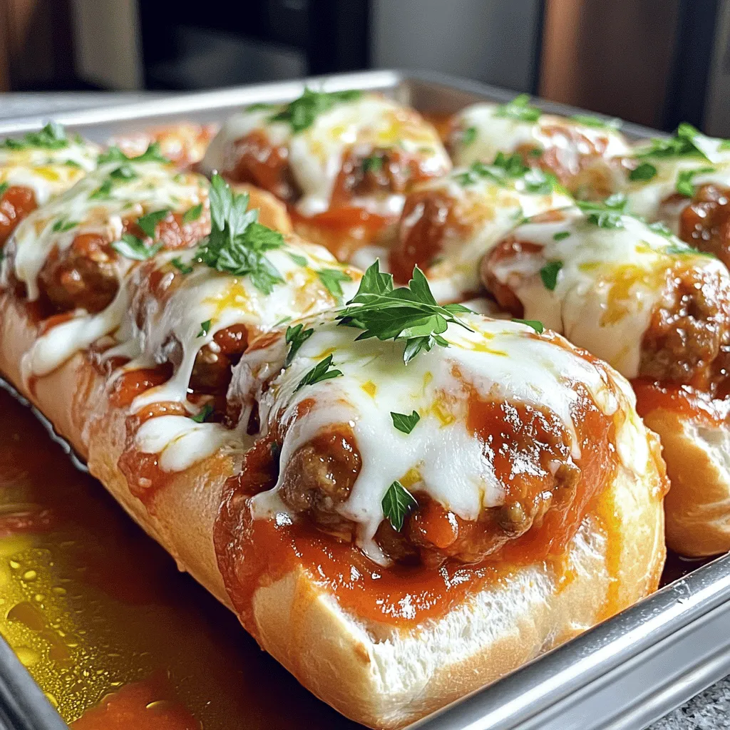 - 1 pound ground beef - 1/2 cup breadcrumbs - 1/4 cup grated Parmesan cheese - 1/4 cup fresh parsley, chopped - 1 clove garlic, minced - 1 egg, beaten - Salt and pepper to taste - 2 cups marinara sauce - 4 sub rolls - 1 cup shredded mozzarella cheese - Olive oil for drizzling Gather these ingredients to make the best meatball subs. Each one plays a key role in flavor and texture. The ground beef gives a hearty base. Breadcrumbs hold everything together. Parmesan cheese adds a salty kick. Fresh parsley brightens up the dish. Garlic brings in deep flavor, while the egg binds the mix. Marinara sauce coats the meatballs and keeps them moist. Sub rolls hold it all, and mozzarella melts into gooey goodness. - Spices for added flavor - Extra cheese varieties - Additional toppings (onions, peppers) Feel free to jazz up your meatball subs! Adding spices can change the flavor. Try red pepper flakes for heat or Italian seasoning for depth. Extra cheese can make it richer. You can also add toppings like sautéed onions or sweet bell peppers. These options let you customize your subs to fit your taste. Want to explore more? Check out the Full Recipe for more ideas! 1. Preheat your oven to 375°F (190°C). This step is key for cooking meatballs evenly. 2. In a large bowl, mix together the ground beef, breadcrumbs, Parmesan cheese, parsley, garlic, beaten egg, salt, and pepper. Be sure not to overmix. Just combine it well. 3. Form the mixture into meatballs, about 1 inch wide. Place them on a baking sheet. 4. Bake the meatballs for 20-25 minutes. They should be golden and cooked through. 5. While the meatballs bake, heat the marinara sauce in a saucepan over medium heat. Stir it gently as it warms. 1. Once the meatballs are done, add them to the marinara sauce. Let them simmer for 5 minutes. This adds flavor. 2. Open the sub rolls and drizzle a bit of olive oil on the inside. This gives a nice touch. 3. Spoon the meatballs and sauce into each sub roll. Use plenty of sauce for extra flavor. 4. Top each sub with shredded mozzarella cheese. The more, the better! 1. Return the subs to the oven for 5-7 minutes. Bake until the cheese melts and bubbles. 2. To get the best cheese melt, you can broil for the last minute. Keep an eye on them to avoid burning. Follow these steps for the perfect meatball subs. Enjoy the delicious flavors! - How to avoid dry meatballs To keep your meatballs moist, do not overmix the meat. Combine the ingredients gently. Adding breadcrumbs helps too. They soak up moisture and keep meatballs juicy. - Best practices when mixing meat Use your hands to mix the meat and other ingredients. This way, you control how much you mix. Just combine until mixed; don’t squeeze the meat too much. - Ensuring perfect cheese melt For a great cheese melt, place the subs in a hot oven. Bake them until the cheese bubbles. Using shredded cheese helps it melt quickly and evenly. - Garnishing options Fresh parsley adds color and flavor. You can also sprinkle some crushed red pepper for a kick. Parmesan cheese on top gives a nice finish too. - Side dishes that pair well Serve your meatball subs with a side salad for freshness. Crispy fries or sweet potato fries are also great. A warm bowl of soup can round out the meal perfectly. {{image_2}} You can switch up the meat in your meatball subs. Turkey or chicken meatballs are leaner options. They still pack great flavor. Just follow the same recipe steps. You'll get tasty results without the extra fat. If you want to try something different, go for vegetarian meatball subs. There are many great recipes using lentils or beans. These options provide a hearty texture and rich taste. You won't miss the meat at all! Sauce can make or break your meatball sub. You can use different marinara options to suit your taste. A roasted garlic marinara adds a nice touch. Or, try a basil marinara for a fresh twist. If you want some heat, consider spicy sauce additions. A dash of red pepper flakes can spice things up. You can also mix in hot sauce for more kick. Customize your sauce to make each sub unique! The bread you choose can change everything. Using different types of rolls can add fun. A soft hoagie roll is classic, but a crusty baguette works too. Don't forget about gluten-free options. There are many tasty gluten-free rolls available. They make it easy for everyone to enjoy meatball subs. No matter what bread you choose, it should hold the filling well. This keeps your subs messy-free and delicious! For the full recipe, check out the instructions above. To keep your meatball subs fresh, store them in the fridge. Use an airtight container. This helps prevent them from drying out. You should eat them within three days for the best taste. For meal prep, freezing works well. Wrap each sub tightly in plastic wrap. Then place them in a freezer bag. They can stay fresh for up to three months. When you are ready to eat, just thaw them in the fridge overnight. To reheat your meatball subs, use the oven for the best texture. Preheat the oven to 350°F (175°C). Place the subs on a baking sheet. Cover them with foil to keep them moist. Heat for about 15 minutes. This makes the bread crispy and the cheese melty. If you’re in a hurry, use the microwave. Just place the sub on a microwave-safe plate. Heat for 1-2 minutes. Check to see if it is warm throughout. Keep in mind, the bread might get soft this way. For more flavor, drizzle a bit of olive oil on top before reheating. Remember to enjoy your meatball subs with a side of extra marinara sauce for dipping. It’s a great way to add flavor back into your meal! For the full recipe, check out the earlier section. You can use crushed crackers or oats. Ground almonds work well too. For gluten-free diets, try almond flour or crushed cornflakes. These options help bind your meatballs while adding flavor. To keep meatballs moist, do not overmix the meat. Add an egg and some grated cheese. These ingredients help trap moisture. Cooking them in sauce also keeps them tender. Yes, you can make meatballs ahead. Form them and place on a tray. Freeze them before cooking for later use. You can also cook them and store in the fridge. Reheat them in sauce for quick meals. You can use provolone or gouda for a different taste. Feta adds a nice tangy touch. For a sharper flavor, try aged cheddar. Each cheese will give your meatball subs a unique twist. For the full recipe, check out the [Full Recipe]. You learned how to make easy meatball subs with simple steps. We covered main ingredients, from ground beef to marinara sauce. I shared tips on avoiding dry meatballs and suggested variations like turkey or veggie options. Remember, you can store leftovers for later use. Get creative with sauces and toppings to suit your taste. Enjoy making this dish with your own twists! Simple, fun, and delicious—meatball subs are a win for any meal.