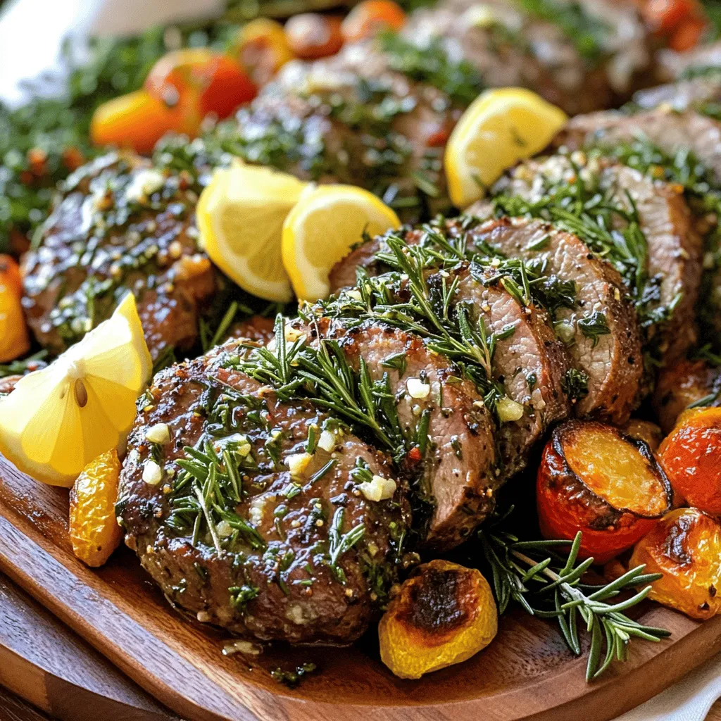 - 1 lb pork tenderloin - 3 tablespoons fresh rosemary, chopped - 2 tablespoons fresh thyme, chopped - 2 tablespoons fresh parsley, chopped - 4 cloves garlic, minced - 2 tablespoons Dijon mustard - 3 tablespoons olive oil - Salt and pepper to taste - 1 teaspoon lemon zest - 1 teaspoon honey To make the herb-crusted pork tenderloin, you need fresh herbs. I love using rosemary, thyme, and parsley. They add a bright, fresh taste that pairs well with the pork. The garlic gives it a nice kick, while Dijon mustard adds depth. Olive oil keeps the meat moist and helps the herbs stick. Lemon zest adds a hint of brightness. Honey brings a touch of sweetness that balances the flavors nicely. Salt and pepper are key to making everything pop. You can find the full recipe for this dish as it guides you through each step. This meal is simple yet elegant. It works for both a weeknight dinner and a special occasion. Enjoy your cooking! - Preheat oven to 400°F (200°C). This step helps the pork cook evenly. - Create the herb paste by mixing rosemary, thyme, parsley, garlic, Dijon mustard, olive oil, lemon zest, honey, salt, and pepper in a bowl. This mix adds great flavor. - Pat the pork tenderloin dry with paper towels. Place it in a baking dish. Dry meat helps the herb paste stick better. - Rub the herb mixture all over the tenderloin. Make sure it is coated well for the best taste. - Roast the tenderloin in the preheated oven for about 25-30 minutes. You want it to reach 145°F (63°C) inside. This ensures it's safe to eat and juicy. - Rest the tenderloin for 5-10 minutes after roasting. This lets the juices spread throughout the meat. - Slice the tenderloin into medallions and arrange them on a platter. It looks nice and is easy to serve. For a detailed look at the steps, check out the Full Recipe. - Best practices for seasoning: Start with a dry pork tenderloin. This helps the herb paste stick well. Use a mix of salt, pepper, and fresh herbs. I love rosemary, thyme, and parsley. They add depth to the dish. Rub the herb paste evenly onto all sides of the meat. This ensures every bite is full of flavor. - Resting meat for optimal tenderness: After cooking, let the tenderloin rest. Resting for 5-10 minutes helps the juices settle. This makes your pork tender and juicy. If you slice it right away, the juices run out. Always slice after resting for the best results. - Garnishing ideas: Add a touch of color with fresh herbs. Sprinkle chopped parsley on top. Lemon wedges also add brightness. They give a nice pop of color and flavor. - Side dish suggestions: Pair your herb-crusted pork with roasted veggies. Carrots, potatoes, and green beans work well. A light salad can balance the meal. Choose a simple vinaigrette to keep it fresh. For the complete recipe, check out the Full Recipe link! {{image_2}} You can play with different herbs in this dish. Try using fresh sage or dill for a unique taste. Each herb brings its own flavor. Mix and match to find what you like best. Marinades can also change the dish. A honey and soy sauce mix adds sweetness and depth. Or, try a citrus marinade with orange juice and zest. This gives a bright and fresh flavor. You can cook this pork tenderloin in different ways. Grilling gives a smoky taste. It also adds nice grill marks. Preheat your grill and cook the tenderloin for about 20 minutes. Make sure to turn it for even cooking. Baking is another easy method. It keeps the pork juicy and flavorful. Just follow the steps in the Full Recipe for oven cooking. If you want a hands-off option, try a slow cooker. Season the pork and place it in the cooker. Add some broth for moisture. Cook on low for 6-8 hours. This makes the meat tender and full of flavor. To store leftover pork tenderloin, let it cool first. Once cooled, slice it into pieces. Place the slices in an airtight container. You can also wrap the whole tenderloin in plastic wrap. This keeps it fresh. Store it in the fridge for up to three days. If you want to keep it longer, freeze it. Use freezer-safe bags or containers for freezing. It can last up to three months in the freezer. The best methods for reheating tenderloin are the oven or stovetop. For the oven, preheat it to 350°F (175°C). Place the tenderloin in a baking dish and cover it with foil. Heat for about 15-20 minutes. For the stovetop, slice the tenderloin and warm it in a skillet over low heat. Add a bit of broth or water to keep it moist. Stir it occasionally, so it heats evenly. This way, you maintain the flavor and moisture of the pork tenderloin. How can I tell if pork tenderloin is cooked? To check if your pork tenderloin is cooked, use a meat thermometer. The center should reach 145°F (63°C). This ensures the pork is safe to eat and still juicy. If you don’t have a thermometer, cut into the thickest part. The meat should be light pink and the juices should run clear. Can I use dried herbs instead of fresh? Yes, you can use dried herbs. They are handy when fresh ones aren't available. Use one-third of the amount of dried herbs as you would fresh. For example, if the recipe calls for three tablespoons of fresh rosemary, use just one tablespoon of dried rosemary. Dried herbs have a stronger flavor, so start small and adjust to taste. What should I serve with herb-crusted pork tenderloin? Herb-crusted pork tenderloin pairs well with many sides. Consider roasted vegetables like carrots, potatoes, or Brussels sprouts. A light salad with mixed greens and a tangy vinaigrette also complements the dish. For a heartier option, you might serve it with creamy mashed potatoes or a grain like quinoa. Explore options based on your taste and the season. For the full recipe, check out the Herb-Infused Roasted Tenderloin section. This blog post guides you through making a delicious herb-crusted pork tenderloin. You learned about the key ingredients, preparation steps, and cooking techniques to enhance flavor. I shared tips for serving and storing leftover pork, along with variations to try. Remember, cooking is about experimenting and enjoying the process. Use fresh herbs for the best taste, and don’t hesitate to try new methods. Embrace your culinary journey with this recipe, and make it your own!