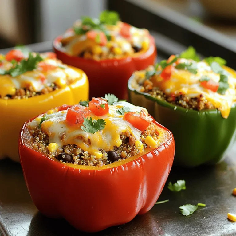 - 4 large bell peppers (any color) - 1 lb ground chicken - 1 cup cooked quinoa - 1 cup corn (fresh or frozen) - 1 cup black beans, rinsed and drained - 1 cup diced tomatoes (canned or fresh) - 1 small onion, finely chopped - 2 cloves garlic, minced - 1 teaspoon cumin - 1 teaspoon chili powder - Salt and pepper to taste - 1 cup shredded cheese (cheddar or Mexican blend) - Fresh cilantro for garnish (optional) To make chicken stuffed bell peppers, gather these fresh ingredients. Start with large bell peppers; any color works. Ground chicken provides protein and taste. Cooked quinoa adds texture and nutrition. Corn gives sweetness, while black beans add fiber. Diced tomatoes bring juiciness to the mix. For flavor, use a small onion and garlic. Cumin and chili powder spice up the dish. Don’t forget salt and pepper to taste. Finally, top with shredded cheese for a melty finish. This recipe is easy and fun. It combines healthy foods in a colorful package. You can customize it to fit your taste. For the full recipe details, check the Full Recipe section. Enjoy your cooking adventure! - Preheat the oven to 375°F (190°C). - Prepare bell peppers by cutting tops and removing seeds. This makes space for the filling. - In a skillet, sauté onion and garlic in olive oil until they turn translucent. This takes about 3-4 minutes. - Next, add ground chicken to the skillet. Cook until browned, breaking it apart. This should take about 6-8 minutes. - Then, stir in cooked quinoa, corn, black beans, diced tomatoes, cumin, chili powder, salt, and pepper. Mix well and let it simmer for 5 minutes. This helps the flavors blend nicely. - Stuff each bell pepper with the chicken mixture. Make sure to pack it in well. - Top each pepper with the shredded cheese. This will melt and create a tasty crust. - Cover the baking dish with foil and bake in the preheated oven for 25 minutes. After that, remove the foil and bake for another 10 minutes. Look for bubbly and golden cheese on top. You can find the Full Recipe for more details. This dish is perfect for a family meal or gathering! - Use fresh herbs for added flavor. They can brighten up your dish. - Ensure the filling is moist to avoid dry peppers. If too dry, add a splash of broth. - Pair with a simple side salad or crusty bread. This adds crunch and freshness. - Consider a drizzle of your favorite dressing before serving. It can enhance the taste. These tips will help you create the best chicken stuffed bell peppers. For the full recipe, check out the details above. {{image_2}} You can easily change the protein in your stuffed peppers. Ground turkey or beef works well. This swap gives you a new taste and texture. If you want to change the grain, use brown rice or cauliflower rice instead of quinoa. Both options make the dish lighter. Want to spice things up? Add diced jalapeños for heat. They bring a nice kick to the meal. You can also mix in different cheeses for a unique taste. Try mozzarella for a creamy effect, or pepper jack for extra spice. These little changes make a big difference in flavor. You can experiment with what you like best. Store any leftover chicken stuffed bell peppers in an airtight container. This keeps them fresh. I find they taste best within 3 to 4 days. After that, the peppers may lose their crispness. If you want to enjoy them later, make sure to refrigerate them right away. For easy meals in the future, you can freeze the unbaked stuffed peppers. Just wrap them well to avoid freezer burn. When you want to bake them, you can cook from frozen. Just remember to add extra time to the oven duration. This way, they warm up nicely and stay full of flavor. To make chicken stuffed bell peppers, start by prepping the bell peppers. Cut the tops off and remove the seeds. Lightly brush the outsides with olive oil. Place them in a baking dish. Next, heat olive oil in a skillet. Sauté chopped onion and minced garlic until they look soft. This takes about 3-4 minutes. Then, add the ground chicken. Cook it until it turns brown, which takes around 6-8 minutes. Now, mix in your cooked quinoa, corn, black beans, diced tomatoes, cumin, and chili powder. Stir well and simmer for 5 minutes. This step lets all the flavors combine. After that, take the skillet off the heat and blend in half of your shredded cheese. Fill each bell pepper with the chicken and quinoa mix. Top them with the rest of the cheese. Cover the dish with foil and bake at 375°F for 25 minutes. Remove the foil and bake for another 10 minutes until the cheese bubbles and turns golden. Let the peppers cool for a few minutes before serving. Garnish with fresh cilantro if you want. For the full recipe, check the detailed instructions above. Yes, you can make stuffed peppers ahead of time. Prepare the filling and stuff the peppers. Then, store them in the fridge for up to 24 hours. Cover them with foil or plastic wrap to keep them fresh. When you are ready to cook, bake them straight from the fridge. You may need to add a few extra minutes to the baking time. If you want to store them longer, freeze the stuffed peppers. Wrap each one in plastic wrap and place them in a freezer-safe bag. They can last for up to three months. When ready to eat, bake them from frozen. Just remember to add extra time for cooking. If you want to swap out quinoa, there are many options. You can use brown rice, white rice, or even cauliflower rice. These options are great for different dietary needs. For a protein boost, try adding lentils or chickpeas. You can mix and match according to your taste. If you prefer a grain-free option, try using chopped vegetables. Diced mushrooms or zucchini work well. They add a nice texture and flavor to the dish. Experiment with what you like best! We've covered how to make delicious chicken stuffed bell peppers. You learned about the fresh ingredients you'll need, along with easy steps for preparation, cooking, and assembling the dish. I also shared tips to enhance your meal and ideas for storing leftovers. These peppers are tasty, healthy, and versatile. Whether you stick to the recipe or try your own twists, you'll enjoy every bite. Make this dish your own, and savor the flavors!