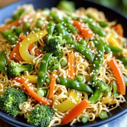 - 200g chow mein noodles - 1 cup bell peppers (mixed colors), thinly sliced - 1 cup snap peas, trimmed - 1 medium carrot, julienned - 1 cup broccoli florets - 3 cloves garlic, minced - 1 tablespoon fresh ginger, grated Chow mein noodles form the base of this dish. They are thin and cook quickly. Fresh vegetables add color and crunch, making the dish lively. Aromatics like garlic and ginger add a rich flavor. - 4 tablespoons soy sauce - 1 tablespoon sesame oil - 1 teaspoon sugar - Salt and pepper to taste Soy sauce gives a salty depth to the chow mein. Sesame oil adds a nutty hint. A touch of sugar balances the flavors. Salt and pepper enhance the taste, but use them wisely to avoid overpowering. - 2 green onions, chopped (for garnish) - Sesame seeds (for garnish) Green onions add freshness and crunch when sprinkled on top. Sesame seeds offer a nice nutty contrast. These toppings not only look good but also enhance the overall flavor. For the complete recipe, check out the Full Recipe. First, you need to cook the chow mein noodles. Follow the package instructions carefully. After they are cooked, drain them well. Rinse the noodles under cold water. This step keeps them from sticking together. Set the noodles aside for later. Next, heat the vegetable oil in a large skillet or wok over medium-high heat. Add the minced garlic and grated ginger. Stir them for about 30 seconds. You want to smell that great aroma! Now, add the bell peppers, snap peas, carrots, and broccoli. Stir-fry the veggies for about 5 to 7 minutes. They should be tender but still crisp. Push the cooked vegetables to one side of the skillet. In the empty space, add the cooked chow mein noodles. Pour in the soy sauce, sesame oil, and sugar. Mix everything together well. Toss the noodles with the veggies. Season with salt and pepper. Stir-fry for an extra 2 to 3 minutes. Make sure everything is heated and mixed well. Finally, transfer your easy veggie chow mein to a serving platter. - Best stir-frying practices: Use a hot skillet or wok. This helps the food cook fast. Add oil before the garlic and ginger. This keeps them from burning. Stir constantly. This ensures even cooking and flavor. - Maintaining vegetable crunch: Don't overcook your veggies. Stir-fry them until they are bright and slightly soft. This keeps them crunchy. Use high heat to seal in their freshness. - Adding spice or heat: Want some heat? Add red pepper flakes or sriracha. Start with a little and adjust to taste. This makes your chow mein exciting! - Using fresh herbs: Adding fresh herbs can brighten the dish. Try cilantro or basil. Chop them finely and mix in just before serving. This adds a fresh burst of flavor. - Serving suggestions: Serve your chow mein on a large platter. This shows off the colorful veggies. Pair it with chopsticks for fun! - Garnishing for appeal: Use chopped green onions and sesame seeds on top. This adds color and crunch. A squeeze of lime can also brighten the dish visually and in flavor. Try these tips to make your Easy Veggie Chow Mein even more delightful! For the complete method, check the Full Recipe. {{image_2}} You can make Easy Veggie Chow Mein more filling by adding protein. Tofu is a great choice. It absorbs flavors well and adds texture. Use firm or extra-firm tofu for the best results. Press it to remove excess water, then cube it. Sauté the tofu first until golden brown. Then, add it to the stir-fry with your veggies. Tempeh is another tasty option. This fermented soy product has a nutty flavor. Cut it into thin slices or cubes. Cook it in the skillet with oil until it’s crispy. You can also try seitan, which is made from wheat gluten. It has a chewy texture and works well in many dishes. Just sauté it until heated through, then mix it in. Feel free to swap out the veggies based on what you have. Seasonal vegetables are a fun way to change this dish. You can use zucchini, asparagus, or bell peppers in summer. In the cooler months, try carrots, kale, or winter squash. Frozen veggies are a great time-saver. They are picked at peak freshness and are often just as good as fresh. You can use a mix of frozen peas, carrots, and corn. Just add them to the stir-fry without thawing. They will cook quickly and keep your meal colorful. If you need a gluten-free option, use gluten-free soy sauce. It tastes similar but is safe for those with gluten issues. You can also make a homemade stir-fry sauce. Combine soy sauce, sesame oil, and a bit of honey for sweetness. This mix adds a nice zing to your chow mein. For more flavor, try adding a splash of rice vinegar or some chili paste. These small changes can elevate your dish and make it your own. Enjoy the process of creating your perfect Easy Veggie Chow Mein! Store your veggie chow mein in the fridge. Use airtight containers for best results. Leftovers should cool first, then go in the fridge. They stay fresh for about three days. When ready to eat, check for any off smells or colors. You can reheat chow mein on the stove or in the microwave. For the stove, add a splash of water in a pan and heat over medium. Stir often to keep it from sticking. In the microwave, cover the dish to keep moisture. Heat in short bursts, stirring in between. To keep that crunchy texture, reheat gently. If it seems dry, add a bit of soy sauce or water. This helps bring back the flavor and moisture. You can freeze chow mein for later use. Let it cool completely before packing it away. Use freezer-safe containers or bags. This helps prevent freezer burn. It can last for about a month in the freezer. To reheat from frozen, thaw it overnight in the fridge. Then, use the stove or microwave to heat it up. If you microwave it, remember to stir and add water if it looks dry. Enjoy your meal just like fresh! Yes, you can make this recipe gluten-free. Here are some easy swaps: - Noodles: Use rice noodles or gluten-free chow mein noodles. - Soy Sauce: Choose gluten-free soy sauce or tamari for a safe option. - Sugar: Most sugar is gluten-free, but check labels if you use special types. These changes will help you enjoy chow mein without gluten. To add heat, you can: - Chili Sauce: Stir in chili garlic sauce or sriracha while cooking. - Fresh Peppers: Add sliced jalapeños or red chili peppers. - Crushed Red Pepper: Sprinkle crushed red pepper flakes over the dish before serving. Adjust the heat to match your taste! Chow mein is great with many veggies. Here are my top picks: - Bell Peppers: They add color and sweetness. - Carrots: Their crunch is a nice contrast. - Broccoli: It gives a hearty bite. - Snap Peas: They bring a fresh, crisp texture. Feel free to mix and match to suit your taste! For the complete list of ingredients and detailed steps, check the [Full Recipe](#). In this blog post, I covered chow mein, from key ingredients to cooking steps. You learned about main ingredients like noodles and fresh veggies, and the importance of sauces. I shared tips on techniques and flavor boosts to enhance your dish. We explored protein options and storage tips for leftovers. When it comes to chow mein, you can easily make it your own. Experiment with different flavors and enjoy this tasty dish in many ways. Happy cooking!