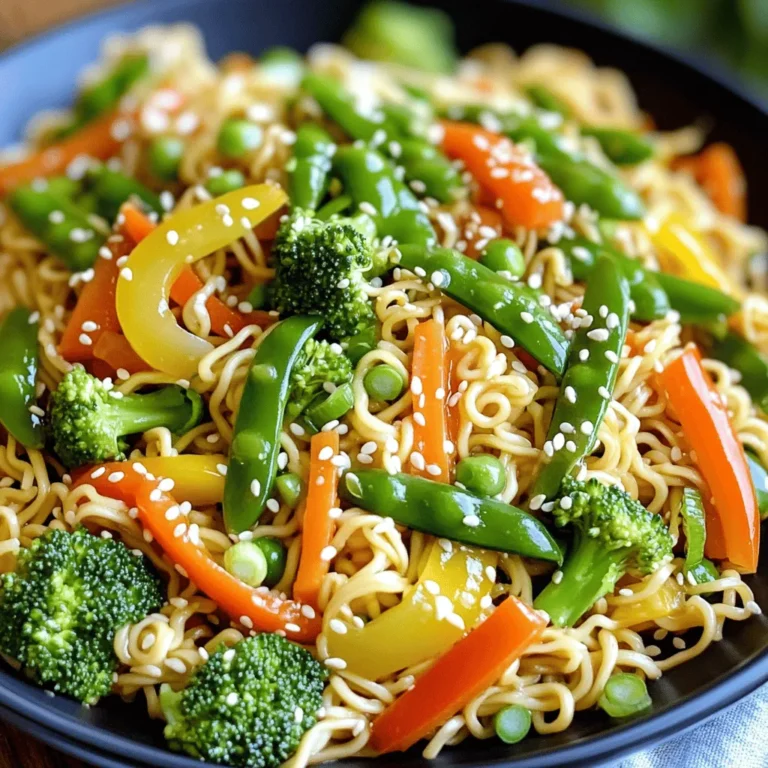 - 200g chow mein noodles - 1 cup bell peppers (mixed colors), thinly sliced - 1 cup snap peas, trimmed - 1 medium carrot, julienned - 1 cup broccoli florets - 3 cloves garlic, minced - 1 tablespoon fresh ginger, grated Chow mein noodles form the base of this dish. They are thin and cook quickly. Fresh vegetables add color and crunch, making the dish lively. Aromatics like garlic and ginger add a rich flavor. - 4 tablespoons soy sauce - 1 tablespoon sesame oil - 1 teaspoon sugar - Salt and pepper to taste Soy sauce gives a salty depth to the chow mein. Sesame oil adds a nutty hint. A touch of sugar balances the flavors. Salt and pepper enhance the taste, but use them wisely to avoid overpowering. - 2 green onions, chopped (for garnish) - Sesame seeds (for garnish) Green onions add freshness and crunch when sprinkled on top. Sesame seeds offer a nice nutty contrast. These toppings not only look good but also enhance the overall flavor. For the complete recipe, check out the Full Recipe. First, you need to cook the chow mein noodles. Follow the package instructions carefully. After they are cooked, drain them well. Rinse the noodles under cold water. This step keeps them from sticking together. Set the noodles aside for later. Next, heat the vegetable oil in a large skillet or wok over medium-high heat. Add the minced garlic and grated ginger. Stir them for about 30 seconds. You want to smell that great aroma! Now, add the bell peppers, snap peas, carrots, and broccoli. Stir-fry the veggies for about 5 to 7 minutes. They should be tender but still crisp. Push the cooked vegetables to one side of the skillet. In the empty space, add the cooked chow mein noodles. Pour in the soy sauce, sesame oil, and sugar. Mix everything together well. Toss the noodles with the veggies. Season with salt and pepper. Stir-fry for an extra 2 to 3 minutes. Make sure everything is heated and mixed well. Finally, transfer your easy veggie chow mein to a serving platter. - Best stir-frying practices: Use a hot skillet or wok. This helps the food cook fast. Add oil before the garlic and ginger. This keeps them from burning. Stir constantly. This ensures even cooking and flavor. - Maintaining vegetable crunch: Don't overcook your veggies. Stir-fry them until they are bright and slightly soft. This keeps them crunchy. Use high heat to seal in their freshness. - Adding spice or heat: Want some heat? Add red pepper flakes or sriracha. Start with a little and adjust to taste. This makes your chow mein exciting! - Using fresh herbs: Adding fresh herbs can brighten the dish. Try cilantro or basil. Chop them finely and mix in just before serving. This adds a fresh burst of flavor. - Serving suggestions: Serve your chow mein on a large platter. This shows off the colorful veggies. Pair it with chopsticks for fun! - Garnishing for appeal: Use chopped green onions and sesame seeds on top. This adds color and crunch. A squeeze of lime can also brighten the dish visually and in flavor. Try these tips to make your Easy Veggie Chow Mein even more delightful! For the complete method, check the Full Recipe. {{image_2}} You can make Easy Veggie Chow Mein more filling by adding protein. Tofu is a great choice. It absorbs flavors well and adds texture. Use firm or extra-firm tofu for the best results. Press it to remove excess water, then cube it. Sauté the tofu first until golden brown. Then, add it to the stir-fry with your veggies. Tempeh is another tasty option. This fermented soy product has a nutty flavor. Cut it into thin slices or cubes. Cook it in the skillet with oil until it’s crispy. You can also try seitan, which is made from wheat gluten. It has a chewy texture and works well in many dishes. Just sauté it until heated through, then mix it in. Feel free to swap out the veggies based on what you have. Seasonal vegetables are a fun way to change this dish. You can use zucchini, asparagus, or bell peppers in summer. In the cooler months, try carrots, kale, or winter squash. Frozen veggies are a great time-saver. They are picked at peak freshness and are often just as good as fresh. You can use a mix of frozen peas, carrots, and corn. Just add them to the stir-fry without thawing. They will cook quickly and keep your meal colorful. If you need a gluten-free option, use gluten-free soy sauce. It tastes similar but is safe for those with gluten issues. You can also make a homemade stir-fry sauce. Combine soy sauce, sesame oil, and a bit of honey for sweetness. This mix adds a nice zing to your chow mein. For more flavor, try adding a splash of rice vinegar or some chili paste. These small changes can elevate your dish and make it your own. Enjoy the process of creating your perfect Easy Veggie Chow Mein! Store your veggie chow mein in the fridge. Use airtight containers for best results. Leftovers should cool first, then go in the fridge. They stay fresh for about three days. When ready to eat, check for any off smells or colors. You can reheat chow mein on the stove or in the microwave. For the stove, add a splash of water in a pan and heat over medium. Stir often to keep it from sticking. In the microwave, cover the dish to keep moisture. Heat in short bursts, stirring in between. To keep that crunchy texture, reheat gently. If it seems dry, add a bit of soy sauce or water. This helps bring back the flavor and moisture. You can freeze chow mein for later use. Let it cool completely before packing it away. Use freezer-safe containers or bags. This helps prevent freezer burn. It can last for about a month in the freezer. To reheat from frozen, thaw it overnight in the fridge. Then, use the stove or microwave to heat it up. If you microwave it, remember to stir and add water if it looks dry. Enjoy your meal just like fresh! Yes, you can make this recipe gluten-free. Here are some easy swaps: - Noodles: Use rice noodles or gluten-free chow mein noodles. - Soy Sauce: Choose gluten-free soy sauce or tamari for a safe option. - Sugar: Most sugar is gluten-free, but check labels if you use special types. These changes will help you enjoy chow mein without gluten. To add heat, you can: - Chili Sauce: Stir in chili garlic sauce or sriracha while cooking. - Fresh Peppers: Add sliced jalapeños or red chili peppers. - Crushed Red Pepper: Sprinkle crushed red pepper flakes over the dish before serving. Adjust the heat to match your taste! Chow mein is great with many veggies. Here are my top picks: - Bell Peppers: They add color and sweetness. - Carrots: Their crunch is a nice contrast. - Broccoli: It gives a hearty bite. - Snap Peas: They bring a fresh, crisp texture. Feel free to mix and match to suit your taste! For the complete list of ingredients and detailed steps, check the [Full Recipe](#). In this blog post, I covered chow mein, from key ingredients to cooking steps. You learned about main ingredients like noodles and fresh veggies, and the importance of sauces. I shared tips on techniques and flavor boosts to enhance your dish. We explored protein options and storage tips for leftovers. When it comes to chow mein, you can easily make it your own. Experiment with different flavors and enjoy this tasty dish in many ways. Happy cooking!