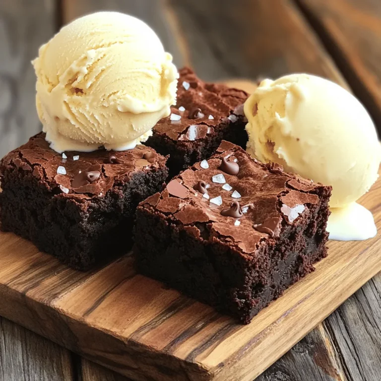 - 1 cup (225g) unsalted butter, melted - 2 cups (400g) granulated sugar - 4 large eggs - 1 teaspoon vanilla extract - 1 cup (125g) all-purpose flour - 1 cup (90g) unsweetened cocoa powder - 1/2 teaspoon baking powder - 1/4 teaspoon salt - 1 cup (175g) semi-sweet chocolate chips - 1/2 cup (120ml) brewed coffee (optional) - Sea salt flakes for sprinkling (optional) Each ingredient plays a key role. The butter gives the brownies their rich flavor. Granulated sugar sweetens and helps create a nice crust. Eggs provide moisture and help the brownies rise. Vanilla adds depth to the flavor. All-purpose flour gives structure. The cocoa powder is what makes them chocolatey. Baking powder helps them rise slightly. Salt balances the sweetness. Chocolate chips add gooey goodness. If you use brewed coffee, it enhances the chocolate taste. - Healthier ingredient swaps: Use applesauce instead of butter for a lower-fat option. - Nut options: Add walnuts or pecans for a crunchy texture. - Alternative sweeteners: Try using coconut sugar or honey for a natural sweet taste. These swaps can keep the brownies tasty. You can mix and match to suit your needs. Each choice can change the flavor and texture just enough to make it special. For more details, check the Full Recipe. 1. Preheat your oven to 350°F (175°C). Grease a 9x13 inch baking pan or line it with parchment paper. This makes for easy removal later. 2. In a large bowl, mix the wet ingredients. Whisk together 1 cup of melted butter and 2 cups of granulated sugar. Mix until it looks glossy. Add 4 eggs, one at a time. Stir well after each addition. Finally, add 1 teaspoon of vanilla extract. 3. Now, let's integrate the dry ingredients. In a separate bowl, sift together 1 cup of all-purpose flour, 1 cup of cocoa powder, 1/2 teaspoon of baking powder, and 1/4 teaspoon of salt. Gradually fold this dry mix into the wet mix with a spatula. Be gentle; overmixing can ruin the texture. 1. Pour the batter into the prepared pan. Spread it out evenly with a spatula to ensure even baking. 2. Bake in the preheated oven for 25-30 minutes. The brownies are done when a toothpick inserted into the center comes out mostly clean, with a few moist crumbs. 1. Let the brownies cool properly. Once done, remove them from the oven. Place the pan on a wire rack to cool. 2. Cut and present the brownies. Once cooled, cut them into squares. For a nice touch, serve them on a rustic wooden board or a decorative plate. A scoop of vanilla ice cream and a drizzle of chocolate sauce can make them even better! 3. Enjoying fresh vs. storing for later. Fresh brownies taste amazing, but you can store extras. Keep them in an airtight container. They last a few days, but I bet they won’t last that long! For the full recipe, refer to the earlier section. To get that rich, fudgy texture, you must not overmix the batter. Overmixing can add air to the mixture and make the brownies cakey. Mix just until the dry ingredients blend in. Adjust your baking time based on your oven. If your brownies look too wet, add a few more minutes. Just watch them closely. Want to boost the flavor? Try adding a bit of espresso. It deepens the chocolate taste and makes them even richer. You can also switch up your chocolate chips. Use flavored ones like mint or caramel for an extra kick. These small changes can make a big difference. One mistake to steer clear of is using cold ingredients. Cold eggs or butter can shock the batter. Always use room temperature items for better mixing. Another big mistake is overbaking. If you bake too long, your brownies will dry out. Aim for a toothpick test that leaves a few moist crumbs for the best fudgy result. For the full recipe, check out the detailed instructions above. {{image_2}} You can easily mix up the flavor of your brownies. Try mint chocolate brownies by adding mint extract. Just a teaspoon gives the brownies a fresh twist. Another fun option is peanut butter swirl brownies. Drop spoonfuls of peanut butter into the batter and swirl it around before baking. This gives you a sweet and salty treat. Do you need gluten-free brownies? You can substitute all-purpose flour with almond or coconut flour. These options keep the brownies soft and tasty. If you want vegan brownies, use flax eggs instead of regular eggs. Just mix one tablespoon of ground flaxseed with three tablespoons of water. Let it sit for a few minutes until it thickens. Toppings can take your brownies to the next level. A scoop of vanilla ice cream pairs perfectly with warm brownies. You can also drizzle chocolate sauce or caramel on top. For a rich finish, try whipped cream or chocolate ganache. Just warm some cream and mix it with chocolate. Pour it over the brownies for a decadent touch. For more ideas, check the Full Recipe! To keep your homemade fudgy brownies fresh, you need the right storage. Place them in an airtight container. This keeps moisture out and helps maintain their rich texture. If you don’t have one, wrap them tightly in plastic wrap. Avoid leaving them exposed to air. Storing brownies at room temperature works well for a few days. This makes them easy to grab for a sweet snack. If you want them to last longer, refrigeration is an option. However, this can change their texture, making them a bit more firm. Freezing is a great way to save brownies for later enjoyment. Start by cutting them into squares. Wrap each square in plastic wrap. Then, place them in a freezer bag or container. Make sure to label the bag with the date. To thaw, simply take out a square and let it sit at room temperature for about 30 minutes. You can also heat them in the microwave for a few seconds. This brings back their fudgy goodness. Enjoy your frozen treats anytime! Check the full recipe for more tips on how to make these brownies perfect. Fudgy brownies come from a mix of key ingredients. The melted butter adds richness. Eggs create moisture. Cocoa powder gives deep chocolate flavor. Using less flour also helps. This keeps the texture dense and chewy. Yes, you can use cocoa powder in place of chocolate. For every ounce of chocolate, use 3 tablespoons of cocoa powder. Add one tablespoon of fat, like butter or oil, to balance. This swap keeps your brownies rich and tasty. Look for a few signs to check if brownies are ready. The edges should look firm, while the center stays slightly soft. If you insert a toothpick, it should have some moist crumbs. A clean toothpick means they are overbaked. Homemade brownies can last about 3 to 4 days at room temperature. Store them in an airtight container to keep them fresh. If you want them to last longer, consider freezing them. They can stay good in the freezer for up to 3 months. Absolutely! You can add more chocolate chips for extra flavor. I recommend using up to 1 ½ cups. Be careful, as too many can make the brownies too soft. Balance is key to keep that fudgy texture. To make great brownies, start with quality ingredients. Follow the step-by-step guide for perfect results. Avoid common mistakes like overmixing or using cold ingredients. Try fun variations like mint or peanut butter swirl. Store them properly to keep them fresh. Brownies can be a tasty treat any time. Using this guide, you can wow your friends with your baking skills. Enjoy every bite and share them with loved ones!
