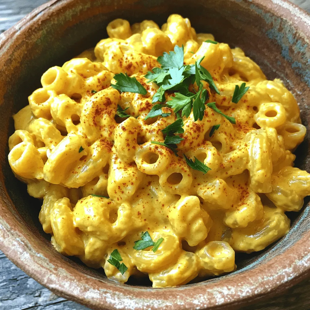 For a great vegan mac and cheese, you need these key ingredients: - 2 cups elbow macaroni - 1 cup raw cashews (soaked for at least 2 hours) - 1/4 cup nutritional yeast - 1/2 cup almond milk (or other plant-based milk) - 2 tablespoons lemon juice - 1 tablespoon Dijon mustard - 1/2 teaspoon garlic powder - 1/2 teaspoon onion powder - Salt and pepper to taste These ingredients work together to create a creamy and rich sauce. The cashews give a smooth texture, while the nutritional yeast adds a cheesy flavor. If you want to enhance your vegan mac and cheese, consider these optional ingredients: - 1/4 teaspoon smoked paprika - Fresh parsley, chopped (for garnish) Smoked paprika gives a nice depth and warmth. Fresh parsley adds a pop of color and freshness to the dish. You can easily swap out some ingredients if you have allergies. Here are some options: - Use gluten-free pasta instead of regular elbow macaroni. - Replace cashews with sunflower seeds for a nut-free version. - Use oat milk or soy milk if almond milk is not suitable. These substitutions keep your dish tasty while catering to dietary needs. Remember, cooking is all about customizing to your taste! For the full recipe, check out the details above. Start by boiling water in a large pot. Add a pinch of salt to the water. Once the water boils, add 2 cups of elbow macaroni. Cook the pasta for about 8 to 10 minutes. Stir occasionally to prevent sticking. When done, drain the pasta in a colander. Rinse with cold water to stop the cooking process. Set the macaroni aside while you make the cheese sauce. For the cheese sauce, you need a blender. First, soak 1 cup of raw cashews for at least 2 hours. Drain the cashews and add them to the blender. Next, add 1/4 cup of nutritional yeast and 1/2 cup of almond milk. Squeeze in 2 tablespoons of lemon juice and add 1 tablespoon of Dijon mustard. Toss in 1/2 teaspoon of garlic powder and 1/2 teaspoon of onion powder. If you want a smoky taste, include 1/4 teaspoon of smoked paprika. Blend this mix on high until it’s smooth and creamy. If the sauce is too thick, add more almond milk until you reach the right texture. Now it’s time to mix the pasta and sauce. Pour the cashew cheese sauce into a large pot set over low heat. Stir it continuously until warm, which takes about 2-3 minutes. Next, gently fold the cooked elbow macaroni into the sauce. Make sure all the pasta is coated well. Cook for another 2 minutes to let the flavors blend together. Taste the dish and adjust the seasoning with salt and pepper if needed. Serve hot, and don’t forget to garnish with fresh parsley for a pop of color and taste. For the full recipe, check the details provided earlier. To create the creamiest sauce, start with soaked cashews. Soaking helps them blend smoothly. Use a high-speed blender for best results. Combine soaked cashews with almond milk and nutritional yeast. Blend until you achieve a velvety texture. If your sauce is too thick, add more almond milk slowly. This keeps it creamy without losing flavor. To adjust flavors, taste your sauce as you go. Add a pinch of salt for depth. Lemon juice gives it a bright kick. If you prefer a tangy twist, try more Dijon mustard. Smoked paprika adds a nice warmth if you want it. Feel free to mix and match spices to find your perfect taste. When cooking the pasta, follow package directions for best results. Drain the pasta well to avoid excess water. When adding the sauce, cook on low heat. Stir gently to coat the pasta without breaking it. Keep it on the heat for a few minutes. This helps meld the flavors together perfectly. For the best outcome, serve it hot right away. For the full recipe, check out the details above. {{image_2}} You can easily make vegan mac and cheese gluten-free. Just use gluten-free elbow macaroni. Many brands offer great options. Follow the same cooking steps from the recipe. Your cheese sauce will still be creamy and tasty. If you need a nut-free cheese alternative, try sunflower seeds. Sunflower seeds give a nice, creamy texture. Soak them like you do with cashews. Blend them with the same ingredients from the recipe. You can also use store-bought nut-free vegan cheese for a quicker option. Adding veggies makes your vegan mac and cheese even better! Spinach, broccoli, or peas work well. Cook them with the pasta for just a few minutes. Then mix them into your cheese sauce. This adds color and boosts nutrition. You can feel good about your meal! For the full recipe, check out the details above. To keep leftover vegan mac and cheese fresh, place it in an airtight container. Make sure to cool it to room temperature first. Then, seal the lid tightly. This helps prevent air from getting in and drying out your dish. You can store it in the fridge for up to five days. If you want to keep it longer, freeze it for up to three months. Reheating vegan mac and cheese is easy. You can use a microwave or a stovetop. For the microwave, place a portion on a plate, cover it with a damp paper towel, and heat for one to two minutes. Stir it halfway through to warm evenly. On the stovetop, add the mac and cheese to a pot. Add a splash of almond milk to help it stay creamy. Heat over low heat, stirring often until warm. The shelf life of your ingredients can affect your dish. Raw cashews last about six months in a cool, dry place. Nutritional yeast can last up to two years if stored in a cool, dark area. Almond milk usually stays good for seven to ten days after opening. Always check the expiration dates on your ingredients to ensure freshness. For more detailed steps, refer to the Full Recipe. The best vegan cheese alternatives include cashew cheese, almond cheese, and coconut cheese. Cashew cheese works well in mac and cheese. It has a creamy texture and a mild flavor. Nutritional yeast also adds a cheesy taste. You can find many brands of vegan cheese in stores. Look for ones that melt well for the best results. Yes, you can make this dish oil-free. Use raw cashews as your base. They create a creamy texture without oil. Add almond milk for extra smoothness. Nutritional yeast adds flavor without added fat. Just be sure to blend until smooth. This keeps your mac and cheese rich and creamy without oil. To make vegan mac and cheese spicier, add some hot sauce. You can also sprinkle in cayenne pepper or chili powder. Start with a small amount and taste as you mix. Adjust the heat to your liking. You can even add diced jalapeños for a fresh kick. These changes give your dish an exciting twist! In this post, we explored the best ingredients for vegan mac and cheese. You learned how to create a creamy cashew sauce and cook perfect pasta. We discussed tips for customizing the flavors and making it gluten-free or nut-free. I shared how to store leftovers and answered common questions. Vegan mac and cheese can be easy and fun. With these ideas, you can enjoy a dish that is tasty and good for you. Try out your favorite ingredients and share your results!