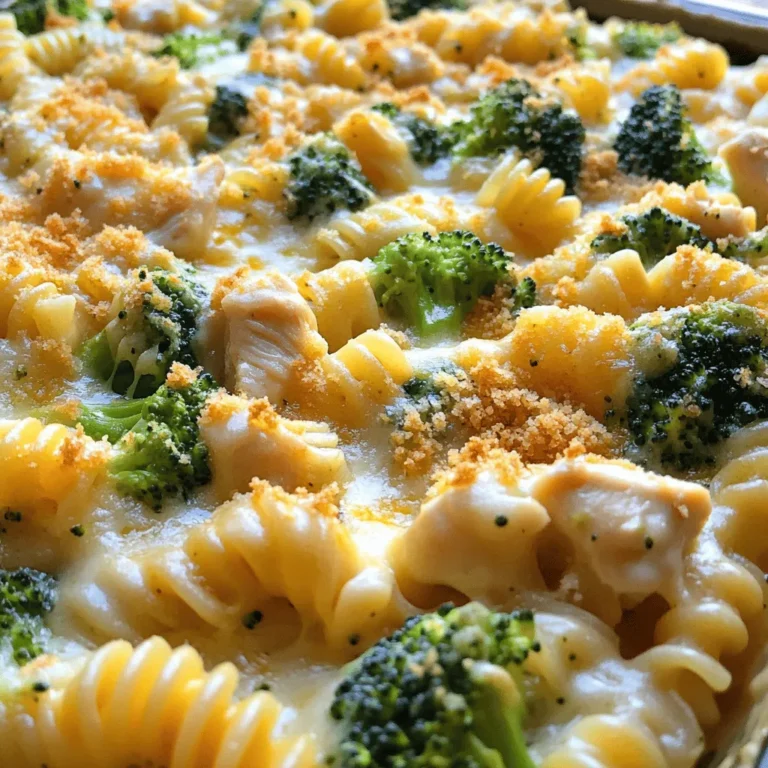 This Chicken and Broccoli Alfredo Bake is a tasty, easy meal. It combines chicken, pasta, and broccoli in a creamy sauce. You can use store-bought or homemade Alfredo sauce. This dish is perfect for busy nights. - 2 cups cooked rotini pasta - 1 lb chicken breast, diced - 2 cups broccoli florets (fresh or frozen) - 4 cups Alfredo sauce (store-bought or homemade) - 1 cup shredded mozzarella cheese - 1 cup grated Parmesan cheese - 1 teaspoon garlic powder - 1 teaspoon Italian seasoning - Salt and black pepper to taste - 1 tablespoon olive oil - ¼ cup breadcrumbs (optional for topping) This dish serves six people. Each serving has about: - Calories: 450 - Protein: 30g - Carbohydrates: 45g - Fat: 20g - Fiber: 3g The chicken provides protein. The broccoli adds fiber and vitamins. Enjoy this dish for a balanced meal. Start by preheating your oven to 350°F (175°C). This step warms the oven for baking. Next, heat olive oil in a large skillet over medium heat. Add the diced chicken, then season it with garlic powder, Italian seasoning, salt, and black pepper. Cook the chicken for about 5 to 7 minutes. You want it browned and cooked through. If you use fresh broccoli, blanch it in boiling water for 2 to 3 minutes. This makes it tender. Drain the broccoli and set it aside. If using frozen broccoli, just thaw it and drain the water. In a large mixing bowl, combine the cooked rotini pasta, cooked chicken, broccoli, and Alfredo sauce. Stir everything well until coated. This helps each piece absorb the creamy sauce. Once mixed, transfer the mixture into a greased 9x13 inch baking dish. This size dish holds all the tasty layers. Now, sprinkle the top with shredded mozzarella and grated Parmesan cheese. If you like a crispy topping, add breadcrumbs. Cover the dish with aluminum foil and place it in the oven. Bake for 20 minutes. After that time, remove the foil. Bake for another 10 to 15 minutes. You will know it's ready when the cheese is bubbly and golden brown. Once done, take it out of the oven and let it cool for a few minutes. Then, it’s ready to serve and enjoy! For the full recipe, check out the complete details above. To make your Chicken and Broccoli Alfredo Bake shine, focus on balance. Use fresh ingredients when possible. Fresh broccoli adds a nice crunch and flavor. Don't skip the cheeses; they create a creamy texture. For a crispy top, consider adding breadcrumbs. They give a nice contrast to the creamy filling. Cook the chicken until it’s golden brown. This adds flavor. Cut it into even pieces for uniform cooking. Use a meat thermometer to ensure it reaches 165°F. This keeps your chicken juicy and safe to eat. Season well with garlic powder and Italian seasoning. This simple step boosts flavor. For fresh broccoli, blanch it first. Boil it for 2-3 minutes, then cool it quickly in ice water. This keeps the bright green color and crispness. If using frozen broccoli, thaw it and drain well. Excess water can make your bake soggy. Make sure all the water is gone before mixing it in. These tips will help you create a delicious Chicken and Broccoli Alfredo Bake that everyone will love. For the full recipe, check out the detailed instructions above. {{image_2}} You can easily swap some ingredients to fit your taste. If you want a lighter dish, use turkey instead of chicken. You can also choose whole wheat pasta for more fiber. For a dairy-free option, use a plant-based Alfredo sauce. This change still keeps the taste creamy but cuts out the dairy. Feel free to add more veggies to your bake. Spinach, bell peppers, or zucchini all work great. Just chop them up and mix them in with the chicken and pasta. More vegetables add color and nutrients, making your dish even better. Remember to adjust the cooking time if some veggies need longer to cook. If Alfredo sauce isn't your favorite, you have options. Try using marinara sauce for a tangy twist. You can mix in pesto for a fresh, herby flavor. Each sauce gives a new spin to the same recipe. Don’t be afraid to experiment with what you have on hand. Just stay true to the flavors you love for the best results. For the full recipe, check the earlier section. After enjoying your Chicken and Broccoli Alfredo Bake, let the leftovers cool. Store them in an airtight container. This helps keep the flavors fresh. You can keep leftovers in the fridge for up to three days. If you want to eat them later, freezing is a great option. To reheat, you can use the microwave or the oven. If using a microwave, place a portion on a microwave-safe plate. Heat for about 1-2 minutes, stirring halfway through. If you prefer the oven, preheat it to 350°F (175°C). Place the bake in a baking dish, cover it with foil, and heat for about 15-20 minutes. This helps keep it moist. You can freeze the Chicken and Broccoli Alfredo Bake for up to three months. To do this, let it cool completely. Then, wrap it tightly in plastic wrap and aluminum foil. When you’re ready to eat, thaw it in the fridge overnight. To reheat, follow the instructions above. Enjoy your delicious meal again! For the full recipe, check the earlier section. Yes, you can make this dish ahead of time. Prepare the Chicken and Broccoli Alfredo Bake up to step six. Then, cover it and store it in the fridge for up to two days. When you're ready to enjoy it, bake it straight from the fridge. Just add a few extra minutes to the baking time to ensure it's hot all the way through. If you want to swap out the Alfredo sauce, there are great options. You can use a creamy cheese sauce, like a béchamel. You could also try a homemade white sauce made with milk and flour. For a lighter touch, consider a simple olive oil and garlic mix. Just make sure it blends well with the chicken and broccoli. Making the Chicken and Broccoli Alfredo Bake lighter is simple. Use whole wheat or gluten-free pasta for more fiber. Choose low-fat or fat-free Alfredo sauce to cut down on calories. You can also add more vegetables, like spinach or bell peppers, for added nutrients. Reducing the cheese or switching to a sprinkle of nutritional yeast can also help lighten it up. This article covers how to make a tasty Chicken and Broccoli Alfredo Bake. You learned about the ingredients, the recipe steps, and some helpful tips. I shared ways to change the dish with different veggies or sauces. Lastly, I discussed storing leftovers and reheating them. Cooking should be fun and easy. With this guide, you can enjoy a delicious meal that fits your taste and needs. Happy cooking!