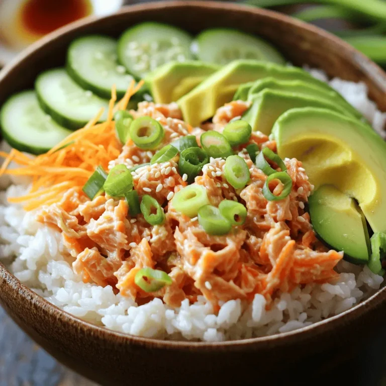 - 1 cup sushi rice - 1 can (5 oz) tuna in water, drained - 1 tablespoon mayonnaise - 1 teaspoon sriracha - 1 tablespoon rice vinegar - 1 teaspoon sugar - 1/2 teaspoon salt - 1 small avocado, sliced - 1/2 cucumber, thinly sliced - 1/4 cup shredded carrots - 2 green onions, chopped - Sesame seeds, for garnish When I make Easy Spicy Tuna Sushi Bowls, I love how simple the ingredients are. You start with sushi rice, which gives the bowls their classic base. Canned tuna is a great choice for this dish. It’s easy to find and quick to use. I often choose a brand packed in water for a lighter taste. Mixing in mayonnaise and sriracha gives the tuna a creamy, spicy kick. The seasoning is just as important. Rice vinegar adds a nice tang. Sugar helps balance the flavors, while salt enhances everything. When you fold this mixture into the rice, it makes the dish come alive. For toppings, I always include sliced avocado. It adds creaminess and a fresh taste. Thinly sliced cucumber gives a nice crunch. Shredded carrots add color and sweetness. Chopped green onions bring a fresh bite, while sesame seeds finish everything off perfectly. Want to explore the full recipe? Check out the Full Recipe for all the details. 1. Start by rinsing the sushi rice. Place it in a bowl and cover it with cold water. Swirl the rice gently, then drain the water. Repeat this step until the water runs clear. This helps remove excess starch. 2. Next, cook the rice. In a medium saucepan, combine the rinsed rice and 1 1/4 cups of water. Bring it to a boil over medium heat. Once boiling, reduce the heat to low. Cover the pot and let it simmer for 18 minutes. The water should be absorbed by then. 3. After cooking, remove the pot from heat and let it sit, covered, for 10 minutes. This helps the rice finish cooking and become fluffy. 4. Now, season the rice. In a small bowl, mix 1 tablespoon of rice vinegar, 1 teaspoon of sugar, and 1/2 teaspoon of salt until dissolved. Gently fold this mixture into the warm rice. Let it cool to room temperature. 1. In another bowl, combine 1 can of drained tuna, 1 tablespoon of mayonnaise, and 1 teaspoon of sriracha. Mix well until the tuna is fully coated. 2. If you love heat, add more sriracha to taste. Adjust the spice to suit your preference. 1. To put it all together, divide the cooled sushi rice into serving bowls. 2. Top each bowl with the spicy tuna mixture. Then, add your favorite toppings: sliced avocado, cucumber, shredded carrots, and chopped green onions. 3. Finish with a sprinkle of sesame seeds for extra crunch. Serve with soy sauce on the side for drizzling or dipping. For the complete recipe, check out the Full Recipe. Enjoy your delicious bowls! To make great sushi rice, you need the right texture. First, rinse the rice well. Rinsing removes excess starch. This helps the rice become sticky. Use cold water and rinse until the water runs clear. After rinsing, cook the rice in the right amount of water. Use 1 cup of sushi rice to 1 and 1/4 cups of water. Boil it, then simmer on low for 18 minutes. Let it rest for 10 minutes after cooking. This step makes the rice fluffy and soft. You can add many flavors to your spicy tuna. Try using sesame oil for a nutty flavor. You can also add chopped scallions or fresh cilantro for brightness. If you want it spicier, add more sriracha. Taste as you mix to find your perfect heat level. Everyone has different spice preferences, so make it yours! Presentation can elevate your dish. Serve the sushi bowls in colorful bowls or plates. Place the rice in the center, then arrange the toppings around it. You can create a rainbow effect with the veggies. Drizzle some soy sauce on top for a nice touch. Pair your bowls with a side of seaweed salad or miso soup for a complete meal. This makes the meal more exciting and visually appealing! {{image_2}} You can switch up the protein in your spicy tuna sushi bowls. If you prefer something different, try using cooked shrimp or salmon. Both options taste great and add a nice twist. For those who like plant-based meals, tofu or chickpeas make excellent choices. Tofu absorbs flavors well and gives a nice texture. Chickpeas add protein and a bit of crunch. Sauces can really change the game in your bowls. You can explore different spicy mayo recipes to find your perfect flavor. Mix mayo with sriracha or go bold with wasabi for a kick. You can also try alternative sauces like ponzu or sesame oil, which add depth and richness. Experimenting with sauces helps you find your favorite taste. If you want to make your meal gluten-free or low-carb, there are easy swaps. Use cauliflower rice instead of sushi rice for a light option. You can also adjust the veggies based on what you have at home. If you’re out of cucumber, try bell peppers or radishes. This flexibility makes it easy to enjoy tasty bowls anytime. For the full recipe, check out the [Full Recipe]. To keep your Easy Spicy Tuna Sushi Bowls fresh, store leftovers properly. First, let the sushi rice cool to room temperature. Place the rice in an airtight container. For the spicy tuna, do the same. Use another airtight container. This keeps both items fresh and safe. Make sure to seal the containers tightly. Leftovers can last for up to three days in the fridge. After that, the rice and tuna may spoil. Watch for signs of spoilage. If you see any off smells or discoloration, throw it away. It’s better to be safe than sorry. Reheat sushi rice gently. The best method is to steam it. Add a splash of water and cover it. This keeps the rice moist. You can also microwave it. Heat in short bursts and stir often. If you have leftover spicy tuna, you can use it in other meals. Mix it into a salad or spread it on toast. You can even use it in a wrap. This way, you transform leftovers into something new and tasty. For the full recipe, refer back to the recipe section. It takes about 15 minutes to prep and 30 minutes to cook. The total time is around 45 minutes. You can enjoy this tasty meal in no time! Yes, you can make sushi rice ahead of time. Just cool it, then store it in an airtight container. Keep it in the fridge for up to three days. When ready, just let it come to room temperature before using it in your bowls. Sriracha adds heat and flavor, but it’s not a must. You can skip it or use less. If you want a milder taste, try mixing in some mayo with a bit of lemon juice instead. For more heat, add more sriracha or use a different hot sauce. Yes, canned tuna works well in sushi recipes. It’s easy and saves time. Just make sure to drain the tuna before mixing it. This way, your bowls won’t get soggy. If you don’t have sushi rice, you can use jasmine or basmati rice. Quinoa is another great option for a healthy twist. Just make sure to adjust cooking times for different grains. This blog post outlined how to make easy and tasty spicy tuna sushi bowls. We covered ingredients, step-by-step instructions, and tips for perfect sushi rice. I also shared how to customize your bowls with different proteins and sauces. Remember, sushi bowls are fun to make and enjoy. Experiment with flavors and toppings to find your favorites. Don't fear leftovers—they store well and can be creatively repurposed. Enjoy your sushi-making journey!