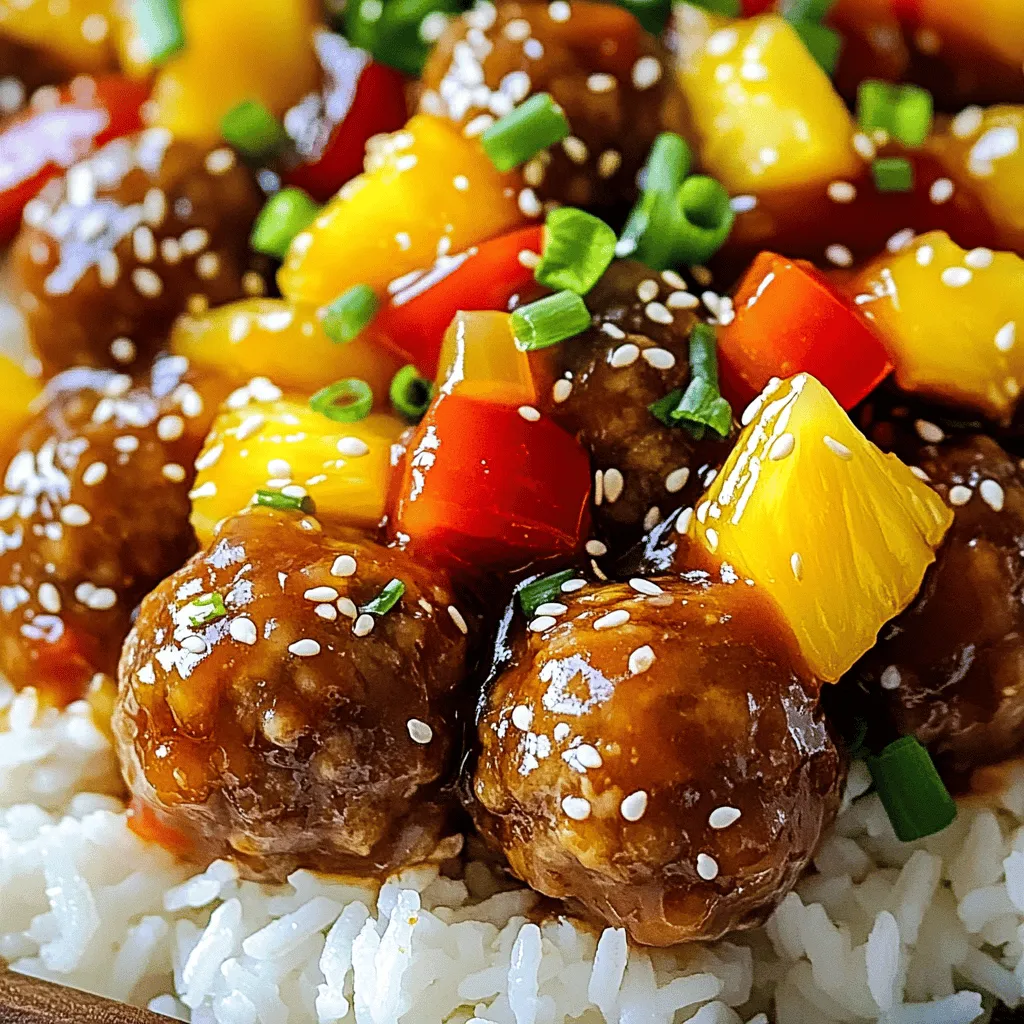 - 1 lb ground beef - 1/2 cup breadcrumbs - 1/4 cup finely chopped onion - 1 cup sweet and sour sauce - 2 tablespoons soy sauce - 1 tablespoon cornstarch (for thickening) - 2 tablespoons vegetable oil This list makes sweet and sour meatballs a fun dish. You start with ground beef, which adds flavor and protein. Breadcrumbs help give the meatballs a nice texture. The chopped onion adds sweetness and depth to the flavor. For the sauce, sweet and sour sauce shines. It balances taste with a mix of sweetness and tang. Soy sauce adds umami, enhancing the overall flavor. If you want a thicker sauce, you can use cornstarch. It makes the sauce cling better to the meatballs. Vegetable oil is needed for cooking the meatballs. It helps brown them evenly, creating a delicious crust. You can find the Full Recipe to guide you step by step. Enjoy crafting this delightful dish! 1. Mixing the meatball ingredients: In a large bowl, combine the ground beef, breadcrumbs, finely chopped onion, grated Parmesan cheese, egg, salt, and pepper. Use your hands to mix until everything is well blended. This step is important for flavor and texture. 2. Forming meatballs: Next, take small portions of the mixture and roll them into balls about 1 inch in diameter. Make sure they are evenly sized for even cooking. Place them on a plate as you form them. 1. Browning in the skillet: Heat vegetable oil in a large skillet over medium heat. Carefully add the meatballs in batches. Cook them for about 3-4 minutes on each side until they turn a nice brown color. This step adds flavor and keeps them juicy. 2. Removing and setting aside: Once browned, remove the meatballs from the skillet. Set them aside on a plate. Be gentle to avoid breaking them apart. 1. Sautéing bell pepper and pineapple: In the same skillet, add the chopped bell pepper and pineapple chunks. Sauté for 3-4 minutes until the vegetables are tender. This adds a sweet crunch to your dish. 2. Adding sauce and meatballs to skillet: Pour the sweet and sour sauce and soy sauce into the skillet. Stir to mix well. If you want a thicker sauce, dissolve cornstarch in a tablespoon of water and add it. Finally, return the meatballs to the skillet. Gently mix everything and let it simmer on low heat for 10 minutes. The flavors will meld beautifully. For the complete guide, refer to the Full Recipe. To get perfect sweet and sour meatballs, even browning is key. Start by heating your skillet on medium. If you crowd the pan, the meatballs will steam instead of brown. Cook them in batches. This way, they get that nice golden crust. Adjusting seasoning is also important. After cooking the meatballs, taste the sauce. If it needs more flavor, add a pinch of salt or a dash of soy sauce. Small changes make a big difference! When serving sweet and sour meatballs, rice or noodles are great bases. The sauce pairs well with both. Place a scoop of rice on each plate, then add a generous helping of meatballs on top. For a pop of color, use garnishes. Chopped green onions or sesame seeds add beauty and flavor. You can also sprinkle some fresh herbs for an extra touch. If you want to change the meat, use ground turkey or chicken. Both options are leaner but still tasty. They cook well with the sweet and sour sauce. For sauce variations, you can make your own sweet and sour sauce at home. Mix vinegar, sugar, and ketchup for a quick recipe. This allows you to control the sweetness and tanginess. You can also try adding different fruits like mango or peach for a unique twist. For the full recipe, check out Sweet & Sour Meatballs . {{image_2}} You can use turkey or chicken instead of beef for meatballs. These options make the dish leaner and lighter. They still taste great with sweet and sour sauce. If you prefer plant-based meals, try using plant-based meat alternatives. These options are tasty and can fit into many diets. You can choose between homemade or store-bought sauces. Homemade sauce often tastes fresher and allows for more control over flavors. If you want to adjust the sauce, you can change the sweetness or tanginess. Add more sugar for sweetness or vinegar for tang. This way, you can tailor the dish to your taste. Adding vegetables is a fun way to enhance the dish. Carrots or snap peas add color and crunch. You can also mix in different flavor profiles by using spices like ginger or garlic. Experimenting with these ingredients can create a unique twist on the classic recipe. For the full recipe, check out the [Full Recipe]. To keep your sweet and sour meatballs fresh, refrigeration is key. Place your leftovers in an airtight container. This helps keep them moist and tasty. For best results, eat them within three to four days. After that, they might lose flavor and texture. Freezing cooked meatballs is simple and great for meal prep. First, let the meatballs cool completely. Then, place them in a single layer on a baking sheet. Freeze for about one hour. Once frozen, transfer them to a freezer-safe bag or container. This way, you can grab what you need later. To thaw, move them to the fridge overnight. For reheating, place them in a skillet over low heat or microwave them until warm. Making sweet and sour meatballs ahead saves time on busy days. You can prepare the meatballs and sauce in advance. Store each in separate containers. This keeps the meatballs from getting soggy. When ready to serve, heat them up and combine. For portioning, consider using a muffin tin. This helps you make even servings. Each meatball is a perfect bite-sized treat! Check the Full Recipe for more details. It takes about 30 minutes to cook sweet and sour meatballs. You spend 15 minutes prepping and 15 minutes cooking. The meatballs brown in just 3-4 minutes per side. Let them simmer in the sauce for 10 minutes. This gives them time to soak up the flavors. Yes, you can make sweet and sour meatballs ahead of time. Prepare the meatballs and cook them. Allow them to cool and store in the fridge for up to three days. You can also freeze them for up to three months. When ready to serve, simply reheat in the sauce on the stove. Sweet and sour meatballs pair well with many sides. Here are a few ideas: - Steamed rice - Egg noodles - Quinoa - Stir-fried vegetables - A fresh salad These sides balance the sweet flavor of the meatballs. To thicken sweet and sour sauce, you can use cornstarch. Mix one tablespoon of cornstarch with a tablespoon of water. Add this mixture to the sauce while cooking. Stir well and let it simmer for a few minutes. This will give your sauce a nice thickness. You can also reduce the sauce by simmering it longer. In this blog post, we explored making sweet and sour meatballs. We covered key ingredients like ground beef, breadcrumbs, and a tasty sauce blend. I shared step-by-step cooking instructions and helpful tips for a great meal. You also learned about different meat options, sauce variations, and storage tips. With this guide, you can easily create a delicious dish. Experiment with flavors and share them with friends or family. Enjoy every bite of your homemade sweet and sour meatballs!