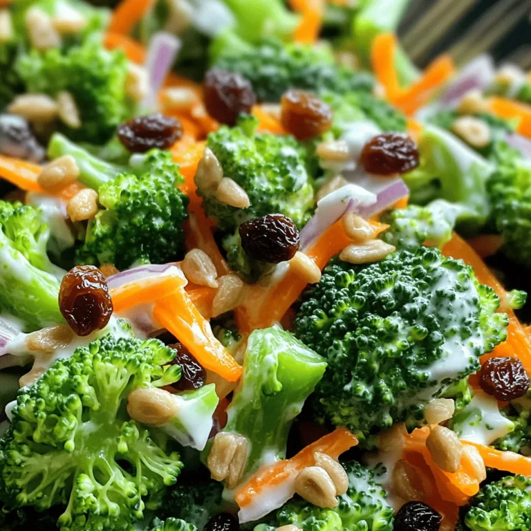 The key to a great classic broccoli salad lies in fresh and vibrant ingredients. Here’s what you need: - 4 cups fresh broccoli florets - 1 cup shredded carrots - ½ cup red onion, finely chopped - ½ cup raisins - ½ cup sunflower seeds - ¾ cup Greek yogurt - 2 tablespoons apple cider vinegar - 2 tablespoons honey - Salt and pepper to taste For those who like to customize, here are some optional ingredients: - Chopped bell peppers for a crunchy twist - Bacon bits for extra flavor - Chopped apples for a sweet crunch Feel free to mix and match as you please! The classic broccoli salad is all about balancing flavors and textures. Each ingredient adds something special, making this dish a colorful delight. You can find the full recipe [here]. Start with fresh broccoli florets. Rinse them well under cold water. This removes dirt and bugs. Cut the broccoli into small, bite-sized pieces. Use a sharp knife for clean cuts. Next, blanch the broccoli. Boil water in a pot. Add the chopped broccoli to the boiling water for 1-2 minutes. This brightens the color and keeps it crunchy. Immediately transfer the broccoli to an ice bath. This stops the cooking process and sets the bright green color. Now, let's mix in other veggies and fruits. In a large bowl, add the blanched broccoli. Toss in shredded carrots, chopped red onion, raisins, and sunflower seeds. Each adds a nice crunch and flavor. Next, prepare the dressing. In a separate bowl, whisk together Greek yogurt, apple cider vinegar, honey, salt, and pepper. Mix until smooth and creamy. This dressing ties all the flavors together nicely. Pour the dressing over the broccoli mixture. Gently toss it all together. Ensure that every piece is coated with the dressing. This helps the flavors blend well. Now, chill the salad. Place it in the refrigerator for at least 30 minutes. This allows the flavors to meld. Enjoy the refreshing taste of your Classic Broccoli Salad! For a detailed recipe, check the Full Recipe. To make the best dressing for your broccoli salad, keep it simple. You can use Greek yogurt, apple cider vinegar, and honey. This mix gives a creamy taste with a hint of sweet and tangy. If you want a lighter dressing, try using plain yogurt mixed with lemon juice. To adjust the sweetness and acidity, add more honey for sweetness. If you want it more tangy, add more vinegar. Taste as you go. You want a balance that suits your style. For extra flavor, consider adding crispy bacon bits or diced apples. Both add a nice crunch and flavor boost. You can also use nuts like walnuts or almonds for a richer taste. When storing your salad, keep the dressing separate until you are ready to serve. This keeps the veggies crisp. If you need to store leftovers, use a tight container. The salad will stay fresh for about three days in the fridge. For the full recipe, check out the complete guide on Crunchy Classic Broccoli Salad. {{image_2}} You can make your broccoli salad even better. One easy swap is using low-fat yogurt. It keeps the creamy texture while cutting calories. You can also add nuts, like almonds or walnuts, instead of sunflower seeds. They give a nice crunch and boost protein. Don't be afraid to mix it up! Adding fruits like apples or grapes can add sweetness. You can also toss in peppers for a bit of a kick. If you like spicy, try a sriracha dressing. For a savory twist, use a garlic or herb dressing. Feel free to play with flavors! For the full recipe, check out the Crunchy Classic Broccoli Salad. To keep your Classic Broccoli Salad fresh, use an airtight container. Glass or plastic containers work well. Make sure the lid fits tight. Store the salad in the fridge. It stays good for up to three days. If you notice any browning, it’s time to toss it. Can you freeze broccoli salad? No, it’s not a great idea. Freezing changes the texture of the broccoli and other veggies. This can make them mushy when thawed. If you must freeze it, try freezing just the dressing. Store it separately in a sealed bag. When you’re ready to eat, thaw the dressing in the fridge overnight. Reheat it gently on the stove. Then, mix it with fresh broccoli and other ingredients from the Full Recipe. This keeps your salad tasting fresh! To cut broccoli for a salad, start with fresh broccoli. First, rinse it well. Next, use a sharp knife to slice off the florets. Cut them into bite-sized pieces. Aim for uniform sizes to ensure even cooking. If you want, you can also chop the stems. They add crunch and nutrients to your salad. This technique keeps the broccoli fresh and bright. Yes, you can make Classic Broccoli Salad ahead of time. I recommend preparing it a day in advance. The flavors meld better when they sit together. Store it in an airtight container. Keep it in the fridge until you are ready to serve. However, add crunchy toppings, like sunflower seeds, just before serving. This keeps them crisp. Serving Classic Broccoli Salad warm is not typical. The taste and texture change when heated. Warm broccoli loses its crunch and bright color. However, if you prefer it warm, blanch the broccoli less. This keeps some firmness. Just be mindful that the dressing may not taste the same. It's best enjoyed cold. To wrap up, we explored how to make a tasty Classic Broccoli Salad. You learned the key ingredients and step-by-step preparation. I shared tips for the best dressing and how to boost the flavor. We also discussed variations to suit your taste and proper storage methods. Enjoying a healthy salad is easy with the right steps. Try customizing it to fit your needs for the best results. Eating fresh food supports your health. Happy salad making!