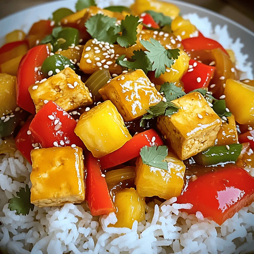 - 1 block firm tofu, pressed and cubed - 1 cup bell peppers (red, yellow, green), sliced - 1 cup pineapple chunks (fresh or canned) - 1 small onion, sliced - 2 cloves garlic, minced - 1-inch piece ginger, grated - 3 tablespoons soy sauce - 3 tablespoons rice vinegar - 2 tablespoons honey or maple syrup - 1 tablespoon cornstarch mixed with 2 tablespoons water (slurry) - 2 tablespoons vegetable oil - Sesame seeds for garnish - Fresh cilantro for garnish - Cooked jasmine rice for serving When I prepare Sweet and Sour Pork Stir-Fry, I focus on fresh ingredients. The tofu gives a nice texture and absorbs the sauce well. I love using bell peppers for their sweet crunch. Pineapple adds a juicy burst, making every bite exciting. The soy sauce and rice vinegar create a tangy base. Honey or maple syrup brings in sweetness, balancing flavors perfectly. The cornstarch slurry thickens the sauce, giving it a glossy finish. Using sesame seeds and cilantro at the end adds color and flavor. Serve this over fluffy jasmine rice. It makes a complete meal that's as tasty as it is beautiful. For the full recipe, check out the details above. - Press and cube the tofu. - Slice the vegetables (bell peppers, onion). - Mince garlic and grate ginger. First, you need to press the tofu to remove excess moisture. This step is key. It helps the tofu become crispy when cooked. After pressing, cube the tofu into 1-inch pieces. Pat them dry with a paper towel to soak up any remaining moisture. Next, slice the bell peppers and onion. You can use red, yellow, or green bell peppers for color and flavor. The onion adds sweetness and depth to the dish. Finally, mince the garlic and grate the ginger. These two ingredients bring bold flavors and warmth to your stir-fry. - Heat vegetable oil and fry tofu until golden brown. - Sauté vegetables until softened. - Add pineapple and cook briefly. In a large skillet or wok, heat vegetable oil over medium-high heat. Add the tofu cubes in a single layer. Fry them until they are golden brown and crispy. This takes about 3 to 4 minutes on each side. Once done, remove the tofu and set it aside. In the same skillet, add more oil if needed. Sauté the sliced onion and bell peppers for about 3 to 4 minutes. You want them to soften but still have a little crunch. Then add the minced garlic and grated ginger. Stir for about a minute to bring out their aroma. Now, add the pineapple chunks. Cook them for another 2 minutes. This step helps release their sweet juices and adds a nice contrast to the savory tofu. - Mix soy sauce, rice vinegar, and honey. - Thicken sauce with cornstarch slurry. - Combine tofu and sauce until evenly coated. In a small bowl, mix the soy sauce, rice vinegar, and honey. This blend creates the sweet and tangy base for your dish. Next, make a cornstarch slurry by mixing cornstarch with water. Add this to the skillet to thicken the sauce. Stir constantly until the sauce becomes glossy and slightly thickened, about 2 minutes. Finally, add the fried tofu back into the pan. Gently fold it into the sauce until it is well coated. Cook for another minute to warm the tofu. Your sweet and sour pork stir-fry is almost ready! For the full recipe, check the details above. To make your sweet and sour pork stir-fry perfect, here are some simple tips: - Ensure tofu is patted dry for better frying. This helps it crisp up nicely. - Adjust cooking time based on stovetop variations. Some stoves heat faster than others. A beautiful dish makes the meal even better. Here’s how to present your stir-fry: - Serve over fluffy jasmine rice. This adds a nice base and absorbs the sauce. - Utilize garnishes for enhanced visual appeal. A sprinkle of sesame seeds and fresh cilantro adds color. Want to kick your stir-fry up a notch? Try these ideas: - Experiment with different vegetables or proteins. Swap bell peppers for broccoli or add shrimp. - Adjust sweetness by varying honey or maple syrup. Taste as you go to find your perfect balance. For the full recipe, check out the details above! {{image_2}} You can change up the veggies in your stir-fry. Try adding broccoli, snap peas, or carrots for extra crunch. These vegetables cook quickly and add a nice color. You can also swap in seasonal vegetables based on what you find fresh at the market. This keeps your dish exciting and flavorful. While tofu is a great choice, you can switch it out for chicken, shrimp, or beef. Each protein brings its own taste and texture to the dish. If you want a vegetarian option, consider using tempeh. It has a nutty flavor and works well with the sweet and sour sauce. The sauce is key to the flavor. You can use different types of vinegar, like apple cider or white vinegar. Each type adds a unique twist. Also, try different sweeteners like agave or brown sugar. These swaps can change the taste and make the dish your own. For the full recipe, check out the Tangy Citrus Sweet and Sour Tofu Stir-Fry. Store any leftover Sweet and Sour Pork Stir-Fry in an airtight container. This helps keep the flavors fresh. It’s best to eat the stir-fry within 3-4 days for the best taste. After that, the quality may drop. Freezing this stir-fry is not a good idea. Tofu can become mushy once thawed. If you must freeze, consider freezing the sauce separately. This way, you can use it later with fresh ingredients. For reheating, use a skillet on medium heat. This method keeps the texture nice. Stir it gently until it is heated through. Avoid using the microwave, as it can make the tofu rubbery. Enjoy your meal just like it was fresh! Making this dish is quick and easy. It takes about 15 minutes to prep and another 15 minutes to cook. So, the total time is just 30 minutes. Perfect for a busy weeknight! Yes, you can use frozen vegetables. Just remember to adjust the cooking time. Frozen veggies may need a bit longer to cook through. Keep an eye on them to ensure they heat evenly. To keep tofu crispy, press it well. Remove excess moisture by placing it between paper towels and using a weight. Make sure it is dry before cooking. This simple step makes a big difference in texture! For a complete meal, serve this stir-fry with jasmine rice or noodles. The rice absorbs the sauce well, making every bite a flavorful delight. You can also sprinkle some sesame seeds on top for added crunch. This blog post covered the key ingredients and steps for a perfect Sweet and Sour Tofu stir-fry. We discussed preparation, cooking tips, and ways to make your dish shine. Your stir-fry will benefit from proper tofu pressing and mixing flavorful sauces. Experiment with veggies and proteins to fit your taste! Remember to store leftovers properly for the best flavor later. Now, get cooking and enjoy your delightful meal. It's time to try it yourself!