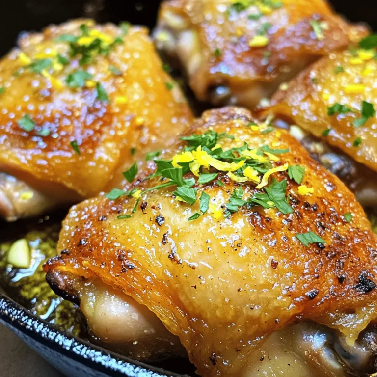 - 4 bone-in, skin-on chicken thighs - 4 cloves garlic, minced - Zest of 1 lemon - 1/4 cup freshly squeezed lemon juice - 2 tablespoons olive oil - 1 teaspoon dried oregano - 1 teaspoon smoked paprika - Salt and pepper to taste - Fresh parsley, chopped (for garnish) You can serve the chicken with sides like rice, roasted veggies, or a fresh salad. For extra flavor, try adding herbs like thyme or rosemary. A sprinkle of red pepper flakes can add some heat. Enjoy exploring these options! 1. First, preheat your oven to 425°F (220°C). This temperature helps the chicken cook evenly. 2. In a small bowl, mix 4 minced garlic cloves, lemon zest, lemon juice, olive oil, oregano, smoked paprika, salt, and pepper. This creates a tasty marinade. 3. Place 4 chicken thighs in a large bowl or zip-top bag. Pour the marinade over the chicken, ensuring each piece is coated. 4. Let the chicken marinate for at least 30 minutes, or up to 4 hours in the fridge. The longer it sits, the more flavor it gains. 1. Heat a large oven-safe skillet over medium-high heat. Add a little olive oil if needed to prevent sticking. 2. Once hot, place the chicken thighs skin-side down in the skillet. Sear them for about 5-7 minutes until the skin turns golden brown and crispy. 3. Flip the chicken thighs over. Then, transfer the skillet to your preheated oven. Bake for 25-30 minutes. Use a meat thermometer to confirm the internal temperature reaches 165°F (75°C). 1. To plate the dish, arrange the chicken thighs on a large serving platter. This makes a beautiful presentation. 2. For extra flavor, drizzle any pan juices over the chicken before serving. This adds a rich taste and keeps the meat moist. Be sure to check out the Full Recipe for more details on this delicious dish! To get the best flavor from your chicken thighs, marinate them well. Here are some best practices: - Use a sealable bag or a bowl to coat the chicken evenly. - Make sure the marinade covers every piece. - For the best taste, marinate for at least 30 minutes. - If you have time, let the chicken sit in the fridge for up to 4 hours. Longer marination helps the flavors soak in deeply. Crispy skin on chicken makes every meal special. Follow these tips for success: - Start by searing the skin side down in a hot skillet. - Cook for about 5-7 minutes until it turns golden brown. - Flip the chicken before baking. - Bake it at 425°F until the inside reaches 165°F. This method keeps the chicken juicy while ensuring a crispy finish. A great presentation makes any dish pop. Here are some serving ideas: - Garnish with fresh parsley for a bright touch. - Pair the chicken with roasted veggies or rice. - Serve with a light salad to balance the meal. Adding a refreshing drink, like lemonade, complements the dish nicely. For the full recipe, check out the earlier sections. {{image_2}} Grilling and baking give different results. - Grilling: This method adds a smoky flavor. The chicken gets nice grill marks. It cooks fast, usually in about 20 minutes. - Baking: This method keeps the chicken juicy. It takes longer, around 30 minutes. Baking is great for a hands-off approach. You can also use a slow cooker. It’s perfect for busy weeknights. Just place the marinated chicken in the cooker. Cook on low for 6-8 hours. The chicken will be tender and full of flavor. You can change the taste of your dish easily. - Herbs and Spices: Try adding rosemary or thyme for a different taste. You can also use chili powder for heat. - Vegetables: Add bell peppers or zucchini in the last 15 minutes of cooking. They will soak up the chicken's flavor and add color. Making this dish fit your diet is simple. - Gluten-Free: All the basic ingredients are gluten-free. Just check your spices to be sure. - Low-Calorie: Use skinless chicken thighs or remove the skin after cooking. This lowers the fat and calorie count. You can find the full recipe to help you get started. To store leftovers, let the chicken cool first. Place it in an airtight container. This keeps the chicken fresh. I recommend eating it within three days. If you plan to enjoy it later, store it properly. You can freeze the chicken for future meals. Wrap the cooked chicken in plastic wrap tightly. Then, place it in a freezer bag. Make sure to remove as much air as possible. This helps prevent freezer burn. When you want to eat it, thaw it in the fridge overnight. To reheat and keep the chicken juicy, use the oven. Preheat it to 350°F (175°C). Place the chicken in an oven-safe dish. Add a splash of broth or water to help with moisture. Cover it with foil to trap steam. Heat for about 15-20 minutes. This warms it up and keeps the flavor. Enjoy your Lemon Garlic Chicken Thighs warm and tasty! For the full recipe, check out the earlier section. How long to bake chicken thighs for best results? Bake chicken thighs at 425°F (220°C) for 25-30 minutes. This time ensures juicy meat and crispy skin. Always check the internal temperature. It should reach 165°F (75°C) for safe eating. Can I use boneless chicken thighs instead? Yes, you can use boneless thighs. They will cook faster, around 20-25 minutes. Adjust the cooking time to avoid drying them out. How long can Lemon Garlic Chicken Thighs be stored in the fridge? You can store them in the fridge for up to 4 days. Keep them in an airtight container to maintain freshness. Can you freeze cooked Lemon Garlic Chicken Thighs? Absolutely! Freeze them for up to 3 months. Let them cool fully before packing them in freezer-safe bags. What can I substitute for olive oil? If you need a substitute, use canola oil or avocado oil. Both work well and add nice flavor. Can I use lemon juice from a bottle instead of fresh? You can use bottled lemon juice, but fresh is best. Fresh juice gives a brighter taste and better aroma. For the best flavor, always choose fresh when you can. In this blog post, we explored the easy steps to make Lemon Garlic Chicken Thighs. We covered the ingredients, preparation, cooking methods, and serving ideas. Remember to marinate your chicken for the best flavor and to check for doneness as it cooks. These tips ensure juicy, tender meat every time. Feel free to try different herbs and cooking methods to suit your taste. With these insights, you'll impress anyone at the dinner table and enjoy delicious meals together. Happy cooking!