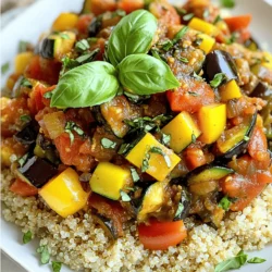 To make a hearty Rustic Ratatouille with Quinoa, gather these fresh ingredients: - 1 cup quinoa, rinsed - 2 cups vegetable broth - 1 medium eggplant, diced - 1 zucchini, diced - 1 yellow bell pepper, diced - 1 medium onion, diced - 2 cloves garlic, minced - 2 large tomatoes, diced - 1 teaspoon dried thyme - 1 teaspoon dried basil - 1 tablespoon olive oil - Salt and pepper to taste - Fresh basil leaves for garnish This mix of veggies and herbs brings color and flavor to your plate. Each ingredient plays a part. The quinoa serves as a great base, soaking up all the delicious juices from the ratatouille. The eggplant adds a creamy texture, while the zucchini and bell pepper give a fresh crunch. The garlic and onion provide a savory depth. I love using fresh, seasonal produce when I can. It makes this dish taste even better. Make sure to rinse the quinoa well. This removes the bitter coating and helps it cook nicely. For the full recipe, check out the instructions that follow. Enjoy the process of cooking and savor each bite! Bringing broth to a boil Start by pouring 2 cups of vegetable broth into a medium pot. Turn the heat to high and bring it to a boil. This will create a warm base for your quinoa. Cooking quinoa to fluffy perfection Once the broth boils, add 1 cup of rinsed quinoa. Stir it gently, then reduce the heat to low. Cover the pot and let it simmer for about 15 minutes. When done, the quinoa should be fluffy, and all the liquid should be absorbed. Set it aside for later. Cooking onion and garlic In a large skillet, heat 1 tablespoon of olive oil over medium heat. Add 2 cloves of minced garlic and 1 diced onion. Cook them for about 5 minutes until the onion turns translucent. This step builds a strong flavor base for your ratatouille. Adding eggplant and adjusting cooking time Next, add 1 medium diced eggplant to the skillet. Cook for another 5 minutes, stirring occasionally. The eggplant should start to soften, adding depth to the dish. Incorporating remaining vegetables and seasonings Now, add 1 diced zucchini and 1 diced yellow bell pepper to the skillet. Sauté everything for 5 more minutes. Then, stir in 2 diced tomatoes, 1 teaspoon of dried thyme, 1 teaspoon of dried basil, salt, and pepper to taste. Simmering to meld flavors Cover the skillet and let the ratatouille simmer for 10 to 15 minutes. This allows all the flavors to blend beautifully. When the vegetables are tender, your ratatouille is ready to serve over the quinoa. Garnish with fresh basil leaves for a lovely touch. Rinsing quinoa is key for a great texture. Dust and bits can stick to the seeds. Rinse under cold water in a fine mesh strainer. This washes away the bitter coating. The water-to-quinoa ratio is also crucial. Use two cups of liquid for every cup of quinoa. This ensures it cooks perfectly and stays fluffy. Add fresh herbs to boost the flavor. Thyme and basil work well with ratatouille. You can also try parsley or oregano. They add freshness and depth to the dish. Taste as you cook. Adjust salt and pepper to your liking. A squeeze of lemon can also brighten the flavors. Garnish with fresh basil leaves for a pop of color. You can also sprinkle some feta cheese on top. This adds a creamy contrast to the dish. Serve the ratatouille over a bed of quinoa. This makes for a complete meal. Pair it with a green salad for a well-rounded plate. For the full recipe, check out the [Full Recipe]. {{image_2}} For a vegetarian or vegan twist, you can boost protein by adding chickpeas or lentils. These legumes mix well with the ratatouille and add a hearty texture. You can also try using tofu, which soaks up flavors beautifully. For a creamy touch without dairy, consider cashew cream or coconut milk. These options add richness and keep it plant-based. Ratatouille can change with the seasons. If you find eggplant or zucchini hard to get, swap in seasonal veggies like squash or bell peppers. Fresh herbs always taste better, so use basil, thyme, or parsley when you can. If fresh herbs are not available, dried ones work too, just remember to use less since they are more potent. Serving ratatouille over quinoa is a great start. For side dishes, think of crusty bread or a simple salad. If you have leftovers, use them for wraps or toss them into a salad. You can even blend the ratatouille to make a delicious sauce for pasta. It’s all about being creative and using what you have on hand. For the full recipe, check out the detailed steps above. To keep your Rustic Ratatouille with Quinoa fresh, store it in an airtight container. Place it in the fridge if you plan to eat it within three days. Make sure it cools to room temperature before sealing. For longer storage, you can freeze the ratatouille. Use freezer-safe bags or containers to avoid freezer burn. It can last up to three months in the freezer. When you're ready to eat it, thaw it in the fridge overnight. To reheat your ratatouille, the best method is on the stove. This way, you help keep the veggies crispy. Heat a skillet over medium heat and add a splash of water or broth. Stir gently until it's hot all the way through. Alternatively, you can use a microwave. Place it in a microwave-safe bowl, cover it loosely, and heat it in short bursts. Check every 30 seconds to avoid overcooking. Enjoy your meal with all its flavors intact! The total time for this dish is about 40 minutes. You need 15 minutes to prep the ingredients and about 25 minutes to cook. This makes it great for a weeknight meal. Yes, you can add protein easily. Cooked chicken or shrimp can work well. If you prefer plant-based options, try chickpeas or lentils. They will add nutrition and heartiness. If you want a different base, several options exist. Brown rice or farro are good choices. You can also try couscous or barley for a unique twist. You can store leftovers in the fridge for about 3 to 4 days. Make sure to keep them in an airtight container. If you want to keep them longer, you can freeze portions for up to 3 months. This blog post covered a delightful quinoa dish with fresh vegetables. You learned about the essential ingredients, easy cooking steps, and clever tips for the best results. We discussed variations for special diets and creative serving options. Proper storage ensures your meal stays fresh longer. Remember, using fresh ingredients and herbs can truly elevate your dish. Experiment and make this recipe your own. Enjoy your cooking journey and share your tasty results!