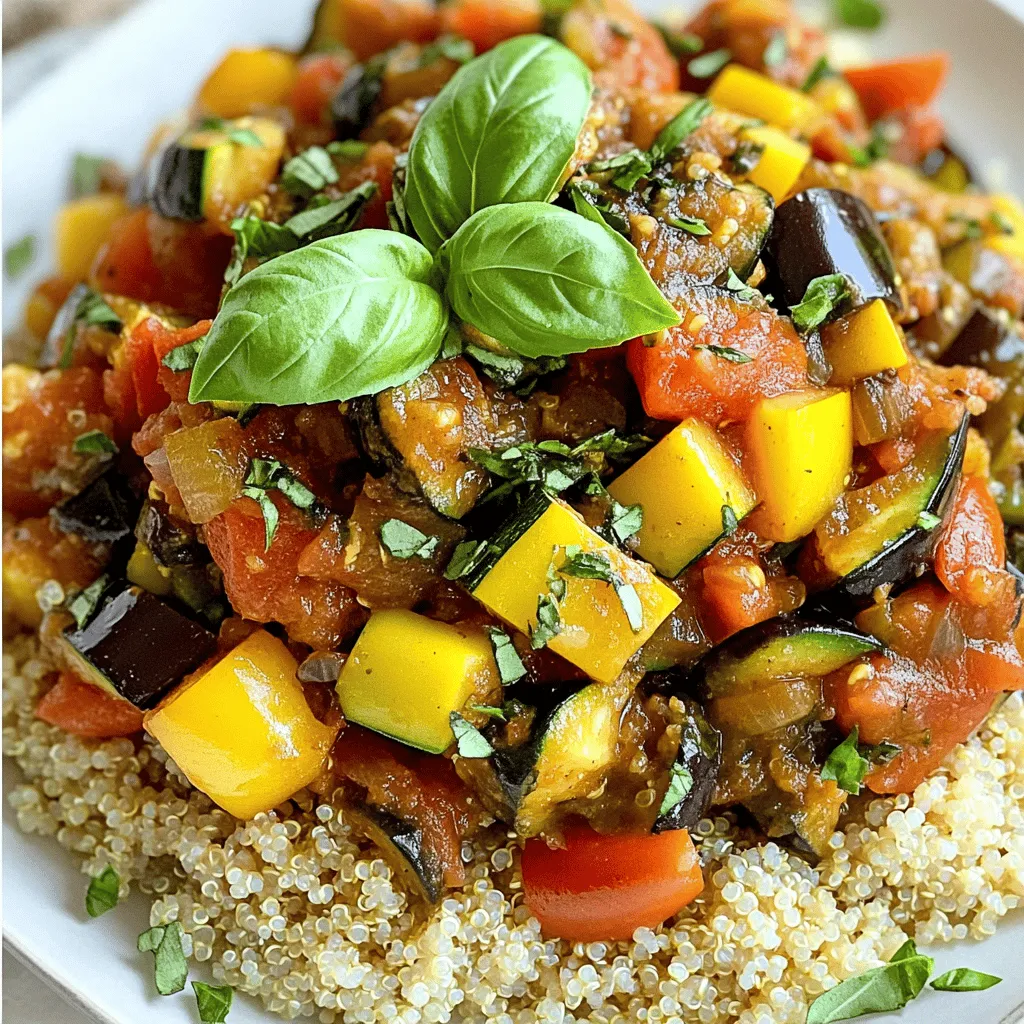 To make a hearty Rustic Ratatouille with Quinoa, gather these fresh ingredients: - 1 cup quinoa, rinsed - 2 cups vegetable broth - 1 medium eggplant, diced - 1 zucchini, diced - 1 yellow bell pepper, diced - 1 medium onion, diced - 2 cloves garlic, minced - 2 large tomatoes, diced - 1 teaspoon dried thyme - 1 teaspoon dried basil - 1 tablespoon olive oil - Salt and pepper to taste - Fresh basil leaves for garnish This mix of veggies and herbs brings color and flavor to your plate. Each ingredient plays a part. The quinoa serves as a great base, soaking up all the delicious juices from the ratatouille. The eggplant adds a creamy texture, while the zucchini and bell pepper give a fresh crunch. The garlic and onion provide a savory depth. I love using fresh, seasonal produce when I can. It makes this dish taste even better. Make sure to rinse the quinoa well. This removes the bitter coating and helps it cook nicely. For the full recipe, check out the instructions that follow. Enjoy the process of cooking and savor each bite! Bringing broth to a boil Start by pouring 2 cups of vegetable broth into a medium pot. Turn the heat to high and bring it to a boil. This will create a warm base for your quinoa. Cooking quinoa to fluffy perfection Once the broth boils, add 1 cup of rinsed quinoa. Stir it gently, then reduce the heat to low. Cover the pot and let it simmer for about 15 minutes. When done, the quinoa should be fluffy, and all the liquid should be absorbed. Set it aside for later. Cooking onion and garlic In a large skillet, heat 1 tablespoon of olive oil over medium heat. Add 2 cloves of minced garlic and 1 diced onion. Cook them for about 5 minutes until the onion turns translucent. This step builds a strong flavor base for your ratatouille. Adding eggplant and adjusting cooking time Next, add 1 medium diced eggplant to the skillet. Cook for another 5 minutes, stirring occasionally. The eggplant should start to soften, adding depth to the dish. Incorporating remaining vegetables and seasonings Now, add 1 diced zucchini and 1 diced yellow bell pepper to the skillet. Sauté everything for 5 more minutes. Then, stir in 2 diced tomatoes, 1 teaspoon of dried thyme, 1 teaspoon of dried basil, salt, and pepper to taste. Simmering to meld flavors Cover the skillet and let the ratatouille simmer for 10 to 15 minutes. This allows all the flavors to blend beautifully. When the vegetables are tender, your ratatouille is ready to serve over the quinoa. Garnish with fresh basil leaves for a lovely touch. Rinsing quinoa is key for a great texture. Dust and bits can stick to the seeds. Rinse under cold water in a fine mesh strainer. This washes away the bitter coating. The water-to-quinoa ratio is also crucial. Use two cups of liquid for every cup of quinoa. This ensures it cooks perfectly and stays fluffy. Add fresh herbs to boost the flavor. Thyme and basil work well with ratatouille. You can also try parsley or oregano. They add freshness and depth to the dish. Taste as you cook. Adjust salt and pepper to your liking. A squeeze of lemon can also brighten the flavors. Garnish with fresh basil leaves for a pop of color. You can also sprinkle some feta cheese on top. This adds a creamy contrast to the dish. Serve the ratatouille over a bed of quinoa. This makes for a complete meal. Pair it with a green salad for a well-rounded plate. For the full recipe, check out the [Full Recipe]. {{image_2}} For a vegetarian or vegan twist, you can boost protein by adding chickpeas or lentils. These legumes mix well with the ratatouille and add a hearty texture. You can also try using tofu, which soaks up flavors beautifully. For a creamy touch without dairy, consider cashew cream or coconut milk. These options add richness and keep it plant-based. Ratatouille can change with the seasons. If you find eggplant or zucchini hard to get, swap in seasonal veggies like squash or bell peppers. Fresh herbs always taste better, so use basil, thyme, or parsley when you can. If fresh herbs are not available, dried ones work too, just remember to use less since they are more potent. Serving ratatouille over quinoa is a great start. For side dishes, think of crusty bread or a simple salad. If you have leftovers, use them for wraps or toss them into a salad. You can even blend the ratatouille to make a delicious sauce for pasta. It’s all about being creative and using what you have on hand. For the full recipe, check out the detailed steps above. To keep your Rustic Ratatouille with Quinoa fresh, store it in an airtight container. Place it in the fridge if you plan to eat it within three days. Make sure it cools to room temperature before sealing. For longer storage, you can freeze the ratatouille. Use freezer-safe bags or containers to avoid freezer burn. It can last up to three months in the freezer. When you're ready to eat it, thaw it in the fridge overnight. To reheat your ratatouille, the best method is on the stove. This way, you help keep the veggies crispy. Heat a skillet over medium heat and add a splash of water or broth. Stir gently until it's hot all the way through. Alternatively, you can use a microwave. Place it in a microwave-safe bowl, cover it loosely, and heat it in short bursts. Check every 30 seconds to avoid overcooking. Enjoy your meal with all its flavors intact! The total time for this dish is about 40 minutes. You need 15 minutes to prep the ingredients and about 25 minutes to cook. This makes it great for a weeknight meal. Yes, you can add protein easily. Cooked chicken or shrimp can work well. If you prefer plant-based options, try chickpeas or lentils. They will add nutrition and heartiness. If you want a different base, several options exist. Brown rice or farro are good choices. You can also try couscous or barley for a unique twist. You can store leftovers in the fridge for about 3 to 4 days. Make sure to keep them in an airtight container. If you want to keep them longer, you can freeze portions for up to 3 months. This blog post covered a delightful quinoa dish with fresh vegetables. You learned about the essential ingredients, easy cooking steps, and clever tips for the best results. We discussed variations for special diets and creative serving options. Proper storage ensures your meal stays fresh longer. Remember, using fresh ingredients and herbs can truly elevate your dish. Experiment and make this recipe your own. Enjoy your cooking journey and share your tasty results!