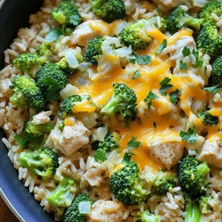 To make this cheesy chicken broccoli rice skillet, you need fresh and simple ingredients. Here’s what you will need: - 1 lb (450g) boneless, skinless chicken breasts, diced - 1 cup uncooked brown rice - 2 cups broccoli florets - 1 medium onion, chopped - 3 cloves garlic, minced - 3 cups chicken broth - 1 cup shredded cheddar cheese - 1 teaspoon paprika - 1 teaspoon olive oil - Salt and pepper to taste - Fresh parsley for garnish (optional) These ingredients come together for a delightful meal that is both satisfying and simple to prepare. I love using brown rice for its nutty flavor and added health benefits. Fresh broccoli adds vibrant color and crunch. The chicken provides protein, while cheddar cheese melts into a gooey topping that brings it all together. Trust me, this dish will be a hit at your table! If you want to dive deeper into how to prepare this tasty meal, check out the Full Recipe. First, heat the olive oil in a large skillet over medium-high heat. The oil will help cook the chicken evenly. Next, add the diced chicken. Season it with salt, pepper, and paprika. Cook the chicken until it is browned and cooked through. This should take about 6 to 8 minutes. Once done, remove the chicken from the skillet and set it aside. This step adds nice flavor to your dish. In the same skillet, toss in the chopped onion and minced garlic. Sauté them for about 3 to 4 minutes until the onion is soft and clear. This brings out the sweet taste of the onion. After that, stir in 1 cup of uncooked brown rice. Mix it well with the onion and garlic. Now, pour in 3 cups of chicken broth. Bring it to a boil, then lower the heat. Cover the skillet and let it simmer for 20 minutes. This will cook the rice perfectly. After 20 minutes, it’s time to add the broccoli florets. Stir gently to combine everything, then cover the skillet again. Cook for another 5 to 7 minutes until the broccoli is tender. Next, mix the cooked chicken back into the skillet. Finally, sprinkle 1 cup of shredded cheddar cheese on top. Cover the skillet for a few minutes to let the cheese melt. This creates a creamy finish to your meal. For the full recipe, you can refer to the earlier section. For the best rice texture, adjust the cooking time. Brown rice takes longer to cook than white rice. If your rice is still firm after 20 minutes, let it simmer a few more minutes. To keep broccoli vibrant, add it during the last 5-7 minutes. This way, it stays bright green and crisp. Overcooking makes it dull and mushy, which is not what we want. Spice things up with your favorite seasonings. You can try garlic powder, onion powder, or even a pinch of cayenne for heat. Mix and match to find the flavor you love. Fresh herbs like thyme or basil add a nice touch too. Sprinkle them in at the end for a fresh burst. They can brighten up your dish and make it taste amazing. Garnishing can make your dish shine. Use fresh parsley to add color and flavor on top. A sprinkle of paprika can also give it a nice pop. For serving, consider using bright plates. This makes the colors of the dish stand out. You can even add a side salad for extra crunch and color. For the full recipe, check out the complete guide. {{image_2}} You can switch up the protein in this recipe. Instead of chicken, try turkey or tofu. Both options add their own unique flavors. Turkey gives a leaner taste, while tofu absorbs the sauce well. Cheese is another area for swaps. Use mozzarella for a milder flavor, or gouda for a smokier taste. Each cheese brings something special to your skillet. If you need a gluten-free option, use quinoa or cauliflower rice instead of brown rice. Both will work well with the other ingredients and keep the dish hearty. For a vegan version, replace chicken with chickpeas or lentils. Use plant-based cheese to keep that cheesy vibe. These swaps let everyone enjoy this tasty meal! To keep your cheesy chicken broccoli rice skillet fresh, store it in an airtight container. Refrigerate within two hours after cooking. This helps prevent bacteria growth. The dish stays good for about 3 to 4 days in the fridge. If you want to keep it longer, freezing is a great option. For freezing, allow the skillet to cool completely. Then, place it in a freezer-safe container or bag. This keeps the flavors locked in. You can freeze it for up to three months. Label the container with the date so you remember when you made it. When it's time to eat leftovers, you have two good options: microwave or stovetop. For the microwave, place a portion in a safe dish and cover it. Heat for 1-2 minutes, checking often. Stir halfway through to warm evenly. If you prefer the stovetop, use a skillet over medium heat. Add a splash of chicken broth or water to keep it moist. Stir often until heated through. This method helps keep the texture nice and the cheese melty. Whichever way you choose, enjoy your cheesy chicken broccoli rice skillet just like it was fresh! How long does the dish keep in the fridge? The cheesy chicken broccoli rice skillet lasts about 3 to 4 days in the fridge. Store it in an airtight container. Make sure it cools down before you place it in the fridge. Can I use white rice instead of brown rice? Yes, you can use white rice. Just adjust the cooking time. White rice cooks faster than brown rice, so check it after about 15 minutes. The texture will be slightly different, but still tasty. What to do if the rice is undercooked? If the rice is undercooked, add a little more chicken broth or water. Cover the skillet and cook for a few more minutes. Check the rice often to ensure it cooks evenly. How can I add more vegetables to the dish? You can add veggies like bell peppers, carrots, or peas. Just chop them small and add them when you add the broccoli. This way, they cook evenly and blend well with the flavors. Can I substitute fresh broccoli for frozen? Yes, you can use frozen broccoli. Just make sure to thaw it first. This will help it cook evenly and avoid excess water in the dish. What cheese works best in this recipe? Shredded cheddar cheese works great in this recipe. You could also try mozzarella or Monterey Jack for a different flavor. Just make sure it melts well for that creamy texture. For the full recipe, check out [Full Recipe]. This article covered a delicious cheesy chicken skillet. You learned how to cook chicken, prepare rice, and mix in veggies and cheese. I shared tips for texture, enhancing flavors, and creative presentation. You can even swap ingredients to fit your diet. Proper storage and reheating advice will keep leftovers tasty. Cooking can be fun and easy. With this one-pot meal, you can enjoy good food without fuss. Now, get cooking and share this dish with others!