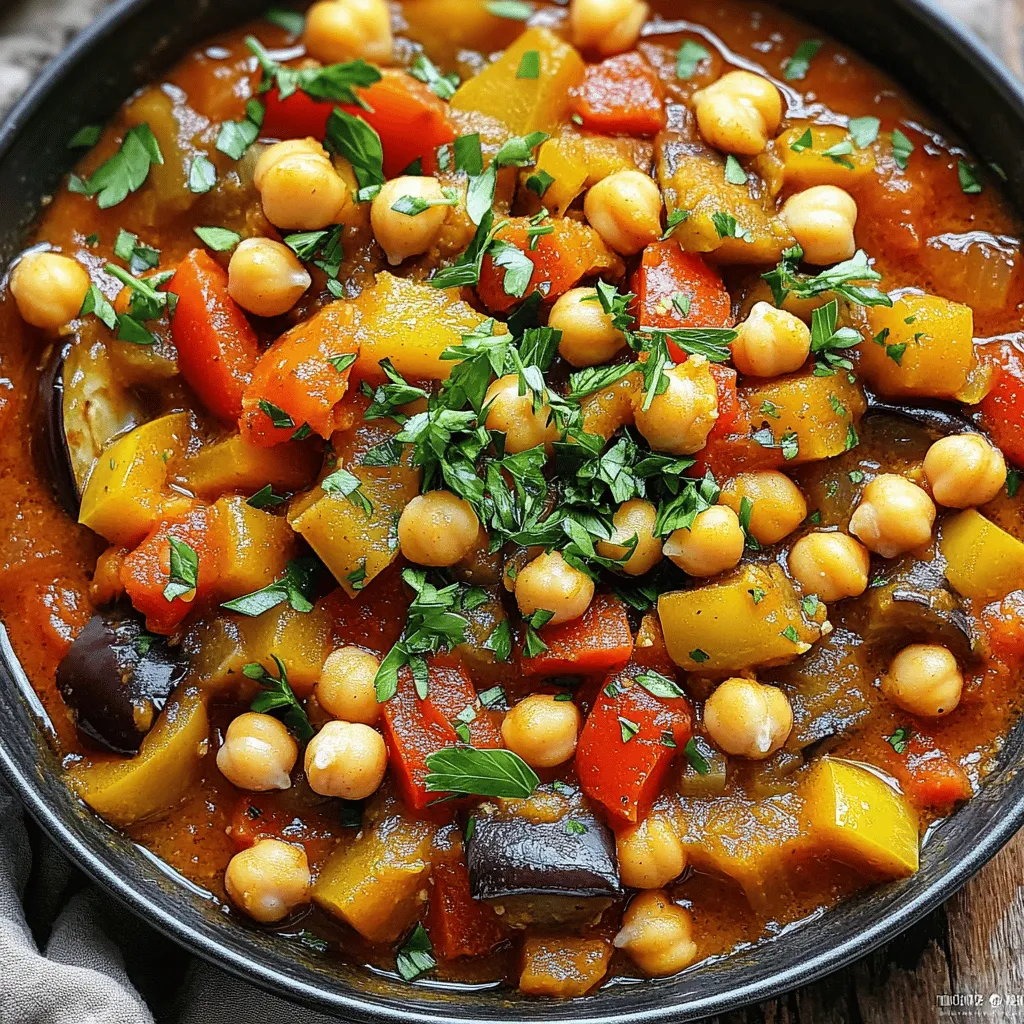 - 1 large eggplant, diced - 1 can (15 oz) chickpeas, drained and rinsed - 1 medium onion, chopped - 2 cloves garlic, minced - 1 red bell pepper, diced - 1 yellow bell pepper, diced Eggplant and chickpeas are the stars of this dish. The eggplant adds a rich, creamy texture, while the chickpeas provide protein and heartiness. Use a large eggplant for this recipe to ensure you have enough for a filling stew. Canned chickpeas save time and give you that delicious bean flavor without the fuss. - 2 teaspoons ground cumin - 1 teaspoon smoked paprika - ½ teaspoon cinnamon Spices bring this stew to life. Ground cumin gives a warm, earthy flavor. Smoked paprika adds a hint of smokiness that pairs well with the eggplant. A touch of cinnamon adds depth and warmth, making each bite comforting and rich. - 1 can (14 oz) diced tomatoes - 2 cups vegetable broth - Fresh parsley for garnish Diced tomatoes add acidity and brightness to balance the rich flavors. Vegetable broth keeps the dish light and enhances the overall taste. Fresh parsley adds a pop of color and freshness on top, making your stew not just tasty but also beautiful. For the full recipe, check out the Full Recipe link. Dicing and chopping are key steps. They help cook the veggies evenly. I like to cut the eggplant into small cubes. This makes it cook faster and blend better with other flavors. When chopping onions and garlic, use a sharp knife for clean cuts. Draining chickpeas is also important. Rinse them under cold water to remove the canning liquid. This helps reduce sodium and improves flavor. Pat them dry with a towel to avoid excess moisture in the stew. To start cooking, heat olive oil in a large pot on medium heat. Add the chopped onion and minced garlic. Sauté them for about five minutes until the onion looks clear. Next, stir in the diced eggplant and bell peppers. Cook these for about seven to eight minutes, stirring often until they soften. Now, it’s time to add spices. Stir in the ground cumin, smoked paprika, and cinnamon. This will coat the veggies in a warm spice mix. Pour in the diced tomatoes and vegetable broth. Bring this mix to a gentle boil. Once boiling, reduce the heat to low. Add the drained chickpeas and season with salt and pepper. Cover the pot and let it simmer for thirty minutes. Stir occasionally, so nothing sticks to the bottom. Garnishing your stew makes it pop! I recommend using fresh chopped parsley for a bright touch. Serve the stew hot for the best flavor. It tastes great as a main dish or with a side of rice or bread. Enjoy sharing this hearty meal with friends and family! For the full recipe, check out the details above. To make your eggplant and chickpea stew shine, use fresh herbs. Fresh parsley adds a bright note. You can also try fresh thyme or basil. Dried herbs work, but they lack the same punch. Fresh ingredients give your dish a vibrant taste. Adjusting seasoning is key. Taste as you go. Salt enhances flavors, while pepper adds warmth. If you want a kick, consider adding a pinch of chili flakes. Personalize to fit your taste. Cooking should be fun, so don’t be afraid to experiment! Getting the right texture is important. Aim for a thick, hearty stew. Simmering helps the flavors blend. If you like a smoother stew, mash some chickpeas with a fork. This thickens the dish and adds creaminess. Cooking time matters too. If you want softer veggies, let it simmer longer. For crunch, reduce cooking time. Keep an eye on your stew. Adjusting cooking time helps you achieve the texture you love. Use the right tools for a great stew. A large pot is essential for cooking. It allows for even heating and ample space. A wooden spoon works well for stirring. It helps prevent scratching your pot. For serving, a ladle is best. It makes dishing out the stew easy. Consider a large bowl for serving. This way, everyone can enjoy this hearty dish. Check out the Full Recipe for more details on these kitchen essentials! {{image_2}} You can change the eggplant and chickpeas if you want. Try zucchini or bell peppers instead of eggplant. For chickpeas, you can use lentils or black beans. These swaps keep the stew tasty while adding new textures. Spices can change the flavor of your stew. For a Moroccan twist, add coriander and turmeric. If you want an Italian taste, use basil and oregano. You can also add proteins like chicken or tofu. They make the dish heartier and more filling. You can make this stew gluten-free by checking your broth. Use a gluten-free vegetable broth. For a vegan option, ensure all ingredients are plant-based. To lower sodium, use low-sodium broth and skip added salt. This way, everyone can enjoy this dish. For the full recipe, check the recipe section above. After cooking, let the stew cool before storing. Place it in an airtight container. This keeps the flavors fresh. I recommend using glass or BPA-free plastic containers. They seal well and help prevent spills. You can store it in the fridge for up to four days. Make sure to label the container with the date. To freeze the stew, let it cool completely first. Then, transfer it to freezer-safe bags or containers. Remove as much air as possible to prevent freezer burn. You can freeze the stew for up to three months. When ready to eat, thaw it in the fridge overnight. Reheat it on the stove over medium heat. Stir occasionally for even warming. In the fridge, the stew lasts about four days. In the freezer, it stays good for three months. Always check for signs of spoilage. If you see mold, off smells, or changes in color, discard it. Fresh flavors are key for a tasty meal! How can I make this stew spicy? You can add red pepper flakes or chopped jalapeños. Mix them in while cooking. You can also use spicy paprika or add a dash of hot sauce before serving. Adjust the heat to your taste. Can I omit the chickpeas for a lighter version? Yes, you can skip the chickpeas. This will make the dish lighter. You can also add other veggies like zucchini or spinach for more flavor and texture. What if my stew is too thick? If your stew is thick, add more vegetable broth. Stir well and let it simmer on low. This will help balance the texture without losing flavor. How do I fix over-seasoning? To fix over-seasoning, add more vegetables or broth. This can dilute the strong flavors. Taste as you go to find the right balance. What are the health benefits of this dish? This stew is rich in fiber and protein. The eggplant adds vitamins and minerals. The chickpeas support heart health and digestion. Is this stew suitable for meal prep? Yes, this stew is great for meal prep. It stores well in the fridge for up to five days. You can also freeze it for future meals. Just reheat when you're ready to enjoy! For the complete recipe, check out the Full Recipe. Eggplant and chickpea stew blends simple ingredients for great flavor. You’ve learned about the key components, cooking steps, and tips for a perfect dish. Remember to adapt recipes to your taste and dietary needs. Storage tips help keep leftovers fresh. Whether you enjoy it as a meal or share it, this stew will please your palate. Embrace your creativity and make it yours. Happy cooking!