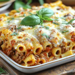 To make a great baked ziti, you need these key ingredients: - 12 ounces ziti pasta - 2 tablespoons olive oil - 1 onion, chopped - 3 cloves garlic, minced - 1 pound ground beef or turkey - 1 can (28 ounces) crushed tomatoes - 1 can (15 ounces) tomato sauce - 2 teaspoons dried Italian herbs (basil, oregano, thyme) - Salt and pepper to taste - 2 cups ricotta cheese - 2 cups shredded mozzarella cheese - 1 cup grated Parmesan cheese - Fresh basil or parsley, for garnish Using high-quality ingredients makes a big difference. Fresh pasta, ripe tomatoes, and good cheese all add to the dish's taste. When you choose the best, your baked ziti will shine. You can easily customize your baked ziti with some tasty add-ins. Here are a few ideas: - Protein alternatives: Use ground turkey, Italian sausage, or even plant-based meat for a twist. - Vegetable options: Spinach, bell peppers, or mushrooms can boost nutrition and flavor. Add them to the meat sauce or mix them in with the pasta. These options let you make the dish your own. You can create a ziti that fits your taste and dietary needs. To cook the ziti pasta, boil a large pot of salted water. Add the ziti and cook it until it's al dente, which means it should be firm but not hard. This usually takes about 8-10 minutes. Stir the pasta often to keep it from sticking together. Drain the pasta in a colander, but do not rinse it. Rinsing washes away the starch that helps the sauce cling to the pasta. To avoid overcooking the pasta, set a timer. Check the pasta a minute or two before the time is up. If you see it’s close to done, take it off the heat. Remember, it will cook a bit more when you bake it. While the pasta cooks, heat olive oil in a large skillet over medium heat. Add chopped onion and minced garlic. Cook these for about 3-4 minutes until the onion is soft and clear. This step builds a strong flavor base. Next, add the ground meat. I like using beef or turkey. Break it apart with a wooden spoon and cook until it’s brown, which takes about 5-7 minutes. Make sure to cook it all the way to avoid any pink spots. Once the meat is cooked, mix in crushed tomatoes and tomato sauce. Add dried herbs, salt, and pepper. Let this simmer for about 10 minutes. This time allows the flavors to blend well. In a large bowl, combine the cooked ziti pasta with ricotta cheese. Stir in half of the mozzarella cheese until well mixed. This step adds creaminess to the dish. Now, fold in the meat sauce. Mix until everything is well combined. Transfer this mixture into a greased baking dish. Spread it out evenly. Top with the rest of the mozzarella cheese and grated Parmesan cheese. Layering cheese gives the best melt and flavor. Preheat your oven to 375°F (190°C). This step is crucial for even cooking. Cover the baking dish with aluminum foil. Bake it for 25 minutes. This keeps the moisture in. After that, remove the foil and bake for another 15 minutes. This step allows the cheese to brown and bubble, making it extra delicious. Let the baked ziti cool for a few minutes before serving. This cooling time helps set the layers. For an extra touch, you can garnish with fresh basil or parsley. To keep your baked ziti moist, use enough sauce. A dry dish lacks flavor. Add a little extra tomato sauce if needed. This adds moisture and keeps it tasty. For a cheesy top, broil your ziti for a few minutes after baking. This will give a nice golden crust without burning it. Mushy pasta ruins baked ziti. Always cook the ziti to al dente. This keeps the pasta firm during baking. It helps avoid a soggy dish. Season your sauce well. Not enough seasoning can make your dish bland. Use salt, pepper, and herbs to boost the flavor. Baked ziti pairs well with a fresh salad. A simple green salad with a light dressing works great. You can also serve garlic bread on the side. It adds crunch and flavor. For a drink, a medium-bodied red wine like Chianti complements baked ziti nicely. It enhances the flavors without overpowering them. {{image_2}} You can easily make baked ziti vegetarian. Try using plant-based proteins like lentils or tempeh. They add texture and flavor. You can also add spinach or mushrooms. These veggies boost nutrition and taste. Spinach adds a fresh touch. Mushrooms give a hearty feel. They make the dish rich and satisfying. For those needing gluten-free options, choose gluten-free pasta. Many brands offer quality choices that taste great. Make sure your sauces are gluten-free. Always check the labels. This way, everyone can enjoy baked ziti without worry. Don’t be afraid to experiment! Different cheeses can change the whole dish. Try mixing in gouda or provolone for a unique twist. You can also add spicy elements for heat. A dash of red pepper flakes can make it exciting. Just remember to balance flavors to keep it comforting. To keep your baked ziti fresh, place it in an airtight container. This helps keep moisture in and prevent drying out. It’s best to refrigerate leftovers within two hours of cooking. Baked ziti usually lasts about 3 to 5 days in the fridge. Just make sure to check for signs of spoilage before eating. If it looks off or smells bad, it’s better to toss it. You can freeze baked ziti both before and after baking. If you want to freeze it before cooking, assemble the dish as usual. Then, cover it tightly with plastic wrap and foil. Label it with the date. It can stay in the freezer for up to 3 months. If you freeze it after baking, let it cool completely first. Wrap it well and store it in a freezer-safe container. To thaw frozen baked ziti, move it to the fridge the night before you plan to eat it. This helps it thaw slowly and safely. When you're ready to reheat, preheat your oven to 375°F (190°C). Cover the dish with foil to keep it moist and bake for about 30 minutes. Remove the foil for the last 10 minutes to crisp the cheese. Enjoy your comforting meal again! Baking ziti takes about 40 minutes. First, cover it with foil and bake for 25 minutes. Then, take off the foil and bake for an extra 15 minutes. This helps the cheese melt nicely and get a bit bubbly. You can adjust the time if you like it more crispy. Yes, you can make baked ziti ahead of time! Prepare it fully and store it in the fridge for up to two days. Just cover it well with foil. You can also freeze it for up to three months. If frozen, let it thaw in the fridge overnight before baking. To reheat baked ziti, use the oven. Preheat it to 350°F (175°C). Place the ziti in an oven-safe dish. Add a splash of water or sauce to keep it moist. Cover it with foil and heat for about 20 minutes. This keeps the pasta from drying out and helps the cheese stay creamy. For a quick reference, check out the [Cheesy Comfort Baked Ziti](#). In this post, I shared how to make a delicious baked ziti. I covered essential ingredients, cooking techniques, and common mistakes to avoid. Remember, using high-quality ingredients makes a big difference. You can customize your dish with add-ins and variations. Proper storage ensures you enjoy leftovers later. With these tips, you can create a tasty meal that your family will love. Check out the full recipe for Cheesy Comfort Baked Ziti to get started. Happy cooking!