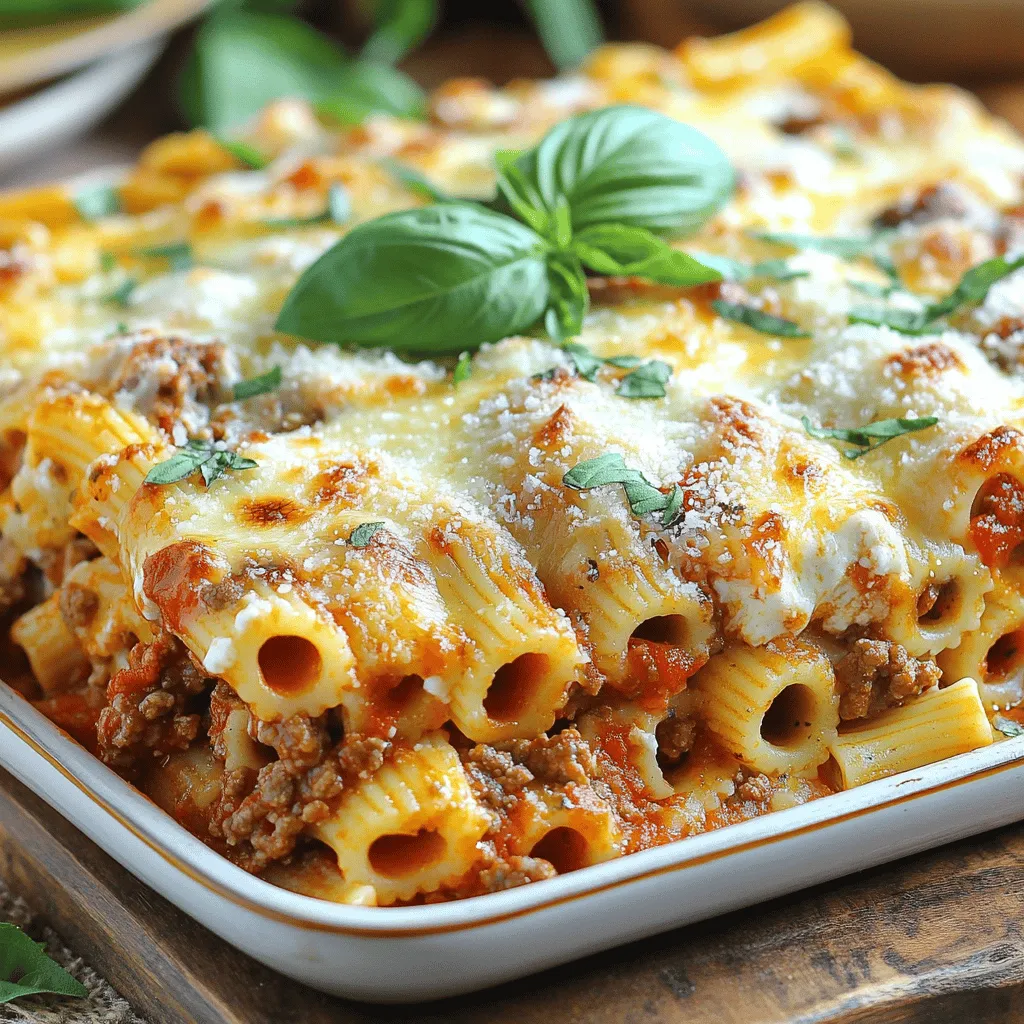 To make a great baked ziti, you need these key ingredients: - 12 ounces ziti pasta - 2 tablespoons olive oil - 1 onion, chopped - 3 cloves garlic, minced - 1 pound ground beef or turkey - 1 can (28 ounces) crushed tomatoes - 1 can (15 ounces) tomato sauce - 2 teaspoons dried Italian herbs (basil, oregano, thyme) - Salt and pepper to taste - 2 cups ricotta cheese - 2 cups shredded mozzarella cheese - 1 cup grated Parmesan cheese - Fresh basil or parsley, for garnish Using high-quality ingredients makes a big difference. Fresh pasta, ripe tomatoes, and good cheese all add to the dish's taste. When you choose the best, your baked ziti will shine. You can easily customize your baked ziti with some tasty add-ins. Here are a few ideas: - Protein alternatives: Use ground turkey, Italian sausage, or even plant-based meat for a twist. - Vegetable options: Spinach, bell peppers, or mushrooms can boost nutrition and flavor. Add them to the meat sauce or mix them in with the pasta. These options let you make the dish your own. You can create a ziti that fits your taste and dietary needs. To cook the ziti pasta, boil a large pot of salted water. Add the ziti and cook it until it's al dente, which means it should be firm but not hard. This usually takes about 8-10 minutes. Stir the pasta often to keep it from sticking together. Drain the pasta in a colander, but do not rinse it. Rinsing washes away the starch that helps the sauce cling to the pasta. To avoid overcooking the pasta, set a timer. Check the pasta a minute or two before the time is up. If you see it’s close to done, take it off the heat. Remember, it will cook a bit more when you bake it. While the pasta cooks, heat olive oil in a large skillet over medium heat. Add chopped onion and minced garlic. Cook these for about 3-4 minutes until the onion is soft and clear. This step builds a strong flavor base. Next, add the ground meat. I like using beef or turkey. Break it apart with a wooden spoon and cook until it’s brown, which takes about 5-7 minutes. Make sure to cook it all the way to avoid any pink spots. Once the meat is cooked, mix in crushed tomatoes and tomato sauce. Add dried herbs, salt, and pepper. Let this simmer for about 10 minutes. This time allows the flavors to blend well. In a large bowl, combine the cooked ziti pasta with ricotta cheese. Stir in half of the mozzarella cheese until well mixed. This step adds creaminess to the dish. Now, fold in the meat sauce. Mix until everything is well combined. Transfer this mixture into a greased baking dish. Spread it out evenly. Top with the rest of the mozzarella cheese and grated Parmesan cheese. Layering cheese gives the best melt and flavor. Preheat your oven to 375°F (190°C). This step is crucial for even cooking. Cover the baking dish with aluminum foil. Bake it for 25 minutes. This keeps the moisture in. After that, remove the foil and bake for another 15 minutes. This step allows the cheese to brown and bubble, making it extra delicious. Let the baked ziti cool for a few minutes before serving. This cooling time helps set the layers. For an extra touch, you can garnish with fresh basil or parsley. To keep your baked ziti moist, use enough sauce. A dry dish lacks flavor. Add a little extra tomato sauce if needed. This adds moisture and keeps it tasty. For a cheesy top, broil your ziti for a few minutes after baking. This will give a nice golden crust without burning it. Mushy pasta ruins baked ziti. Always cook the ziti to al dente. This keeps the pasta firm during baking. It helps avoid a soggy dish. Season your sauce well. Not enough seasoning can make your dish bland. Use salt, pepper, and herbs to boost the flavor. Baked ziti pairs well with a fresh salad. A simple green salad with a light dressing works great. You can also serve garlic bread on the side. It adds crunch and flavor. For a drink, a medium-bodied red wine like Chianti complements baked ziti nicely. It enhances the flavors without overpowering them. {{image_2}} You can easily make baked ziti vegetarian. Try using plant-based proteins like lentils or tempeh. They add texture and flavor. You can also add spinach or mushrooms. These veggies boost nutrition and taste. Spinach adds a fresh touch. Mushrooms give a hearty feel. They make the dish rich and satisfying. For those needing gluten-free options, choose gluten-free pasta. Many brands offer quality choices that taste great. Make sure your sauces are gluten-free. Always check the labels. This way, everyone can enjoy baked ziti without worry. Don’t be afraid to experiment! Different cheeses can change the whole dish. Try mixing in gouda or provolone for a unique twist. You can also add spicy elements for heat. A dash of red pepper flakes can make it exciting. Just remember to balance flavors to keep it comforting. To keep your baked ziti fresh, place it in an airtight container. This helps keep moisture in and prevent drying out. It’s best to refrigerate leftovers within two hours of cooking. Baked ziti usually lasts about 3 to 5 days in the fridge. Just make sure to check for signs of spoilage before eating. If it looks off or smells bad, it’s better to toss it. You can freeze baked ziti both before and after baking. If you want to freeze it before cooking, assemble the dish as usual. Then, cover it tightly with plastic wrap and foil. Label it with the date. It can stay in the freezer for up to 3 months. If you freeze it after baking, let it cool completely first. Wrap it well and store it in a freezer-safe container. To thaw frozen baked ziti, move it to the fridge the night before you plan to eat it. This helps it thaw slowly and safely. When you're ready to reheat, preheat your oven to 375°F (190°C). Cover the dish with foil to keep it moist and bake for about 30 minutes. Remove the foil for the last 10 minutes to crisp the cheese. Enjoy your comforting meal again! Baking ziti takes about 40 minutes. First, cover it with foil and bake for 25 minutes. Then, take off the foil and bake for an extra 15 minutes. This helps the cheese melt nicely and get a bit bubbly. You can adjust the time if you like it more crispy. Yes, you can make baked ziti ahead of time! Prepare it fully and store it in the fridge for up to two days. Just cover it well with foil. You can also freeze it for up to three months. If frozen, let it thaw in the fridge overnight before baking. To reheat baked ziti, use the oven. Preheat it to 350°F (175°C). Place the ziti in an oven-safe dish. Add a splash of water or sauce to keep it moist. Cover it with foil and heat for about 20 minutes. This keeps the pasta from drying out and helps the cheese stay creamy. For a quick reference, check out the [Cheesy Comfort Baked Ziti](#). In this post, I shared how to make a delicious baked ziti. I covered essential ingredients, cooking techniques, and common mistakes to avoid. Remember, using high-quality ingredients makes a big difference. You can customize your dish with add-ins and variations. Proper storage ensures you enjoy leftovers later. With these tips, you can create a tasty meal that your family will love. Check out the full recipe for Cheesy Comfort Baked Ziti to get started. Happy cooking!