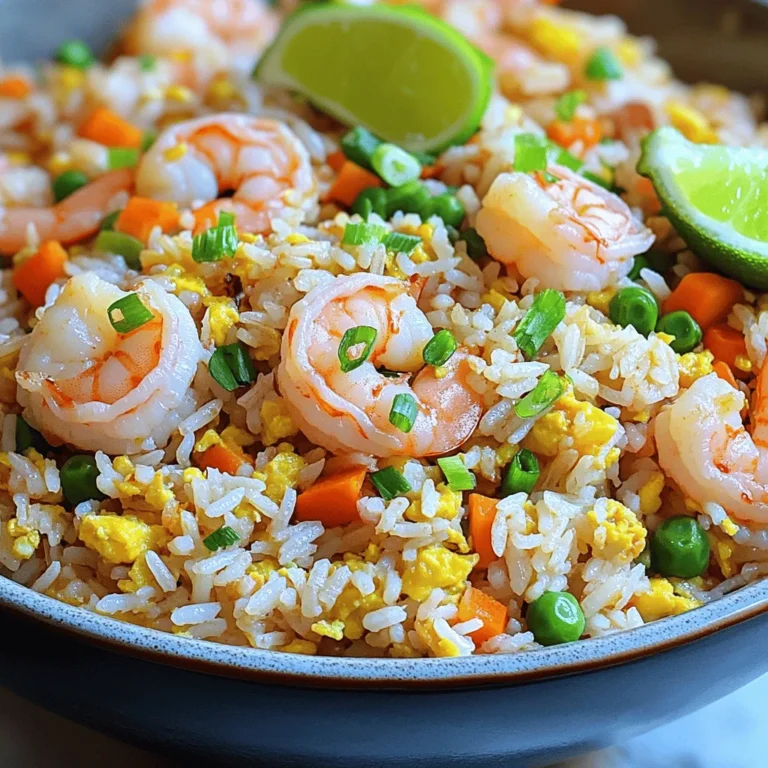 - 1 cup uncooked jasmine rice - 1 pound shrimp, peeled and deveined - 1 cup mixed frozen vegetables (peas, carrots, corn) In this recipe, I start with uncooked jasmine rice. It gives a soft texture. I also use shrimp that is peeled and deveined. This saves time and effort. The mixed frozen vegetables add color and nutrients. - 2 tablespoons vegetable oil - 2 eggs, beaten - 3 tablespoons soy sauce Vegetable oil is perfect for cooking this dish. It has a high smoke point. Beaten eggs add protein and richness. Soy sauce brings a savory depth to the fried rice. - 1 tablespoon sesame oil - 1 garlic clove, minced - Salt and pepper to taste Sesame oil adds a nutty flavor. Garlic gives a fragrant touch. I use salt and pepper to balance all the tastes. Each ingredient plays a key role in making this meal memorable. For the full recipe, check the section above. 1. Rinse and drain the rice: Start by rinsing 1 cup of uncooked jasmine rice under cold water. This helps remove excess starch. Drain the rice until the water runs clear. 2. Cooking the rice: In a medium saucepan, combine the rinsed rice with 2 cups of water. Bring it to a boil over high heat. Once boiling, reduce the heat to low, cover the pot, and let it simmer for 18-20 minutes. After cooking, remove it from the heat and let it sit, still covered, for 5 more minutes. Fluff the rice with a fork before using it. 1. Heating the skillet: Grab a large skillet or wok. Heat 1 tablespoon of vegetable oil over medium-high heat. The oil should shimmer but not smoke. 2. Cooking the shrimp to perfection: Add 1 pound of peeled and deveined shrimp to the skillet. Let them cook for about 2-3 minutes on each side. The shrimp should turn pink and be fully cooked. Once done, remove the shrimp from the skillet and set them aside. 1. Sautéing garlic and scrambling eggs: In the same skillet, add another tablespoon of vegetable oil. Then, throw in 1 minced garlic clove and sauté for about 30 seconds until it smells great. Next, pour in 2 beaten eggs and scramble them until fully cooked. Push the eggs to one side of the skillet. 2. Stir-frying vegetables: Add 1 cup of mixed frozen vegetables, like peas, carrots, and corn. Stir-fry them for about 2-3 minutes until they are heated through. 3. Final assembly of the fried rice: Now, add the cooked rice back into the skillet. Toss in the cooked shrimp, 3 tablespoons of soy sauce, 1 tablespoon of sesame oil, and 3 sliced green onions. Season with salt and pepper to taste. Mix everything together until it is well combined and hot. Check out the Full Recipe for more detailed steps and tips! - Best way to cook shrimp: Start with a hot skillet. Use medium-high heat for best results. Cook shrimp for 2-3 minutes on each side. They should turn pink and opaque. Overcooking makes shrimp tough. - How to achieve fluffy rice: Rinse your jasmine rice under cold water. This removes excess starch. Use a 1:2 rice-to-water ratio. Cook with a lid on and let it rest afterward. Fluff the rice gently with a fork. - Adjusting soy sauce and sesame oil: Start with the amounts in the Full Recipe. You can always add more soy sauce for saltiness. For a nutty flavor, adjust the sesame oil to taste. - Other herbs and spices to enhance flavor: Add minced ginger for a fresh kick. You can also sprinkle in some chili flakes for heat. Fresh herbs like cilantro can brighten the dish. - Presentation tips for a beautiful dish: Serve your shrimp fried rice in a large bowl. Top it with sliced green onions. A small sprinkle of sesame seeds adds a nice touch. - Suggested accompaniments: Lime wedges bring a zesty contrast. Serve with a side of soy sauce for extra dipping. Pickled vegetables can also add a fun crunch. {{image_2}} You can switch up the protein in your shrimp fried rice. Chicken or tofu work well. - Chicken: Cut chicken breast into small pieces. Cook it the same way as shrimp. - Tofu: Use firm tofu. Cut it into cubes and sauté until golden. You can also try adding different seafood. Scallops or crab meat can bring new flavors. Fresh or frozen veggies can change your dish. Seasonal vegetables add color and taste. - Recommended Seasonal Vegetables: Try bell peppers, zucchini, or snap peas. They bring crunch and flavor. - Fresh vs. Frozen: Fresh veggies taste bright. Frozen ones are quick and easy. Both types work well, so choose what you have. Spices and sauces can boost flavor. Simple changes make a big difference. - Incorporating Spices: Add minced ginger for warmth. Chili flakes can give heat. - Different Sauces: Experiment with oyster sauce or teriyaki. Each sauce changes the dish’s profile. These tweaks let you make your shrimp fried rice unique. For more ways to adjust this dish, check the Full Recipe. To store leftover shrimp fried rice, put it in an airtight container. Make sure it cools down first to keep it fresh. In the fridge, your shrimp fried rice lasts up to three days. Check for any off smells or changes in texture before eating. To freeze shrimp fried rice, let it cool completely. Then, place it in a freezer-safe container or a heavy-duty freezer bag. Remove as much air as possible before sealing. This dish can stay fresh in the freezer for about two months. When you are ready to eat, thaw it overnight in the fridge. Reheat it in a skillet over medium heat for best results. To prevent sogginess, do not add extra liquid when storing. Cool the rice and shrimp before sealing. To avoid freezer burn, wrap the dish tightly or use vacuum-sealed bags. This keeps your meal tasting fresh even after freezing. Making shrimp fried rice takes around 40 minutes. Here's the time breakdown: - Prep Time: 15 minutes - Cook Time: 25 minutes This quick meal fits into your busy schedule easily. You can whip up a tasty dish in no time. Yes, using leftover rice is a great idea. Day-old rice works best for fried rice. Here are some benefits: - Texture: Cold rice has a firmer texture. It won’t get mushy when cooking. - Flavor: Leftover rice absorbs flavors well. - Time-Saving: It cuts down your prep time. To use it, just make sure it’s stored in the fridge. Break up any clumps before adding it to the pan. Yes, you can make this recipe gluten-free. Here are some alternatives: - Soy Sauce: Use tamari or coconut aminos for a gluten-free option. - Vegetable Oil: Most vegetable oils are gluten-free. Check labels to be sure. - Other Ingredients: Ensure all other ingredients are gluten-free. This way, you can enjoy shrimp fried rice without worry. If you don’t have shrimp, don't worry! Here are some good alternatives: - Chicken: Cooked, diced chicken works well. - Tofu: Firm tofu adds protein and absorbs flavors nicely. - Other Seafood: Try scallops or crab for a seafood twist. These options still keep the dish tasty and satisfying. You can enjoy shrimp fried rice your way! This blog post covered the essential ingredients needed for shrimp fried rice. We explored cooking techniques to prepare tender shrimp and fluffy rice. I shared seasoning tips to enhance flavor and serving suggestions for a beautiful dish. You can also try various proteins and vegetables for tasty twists. In conclusion, shrimp fried rice is a simple, adaptable dish. With these tips, you can easily make it at home. Enjoy crafting your unique version today!