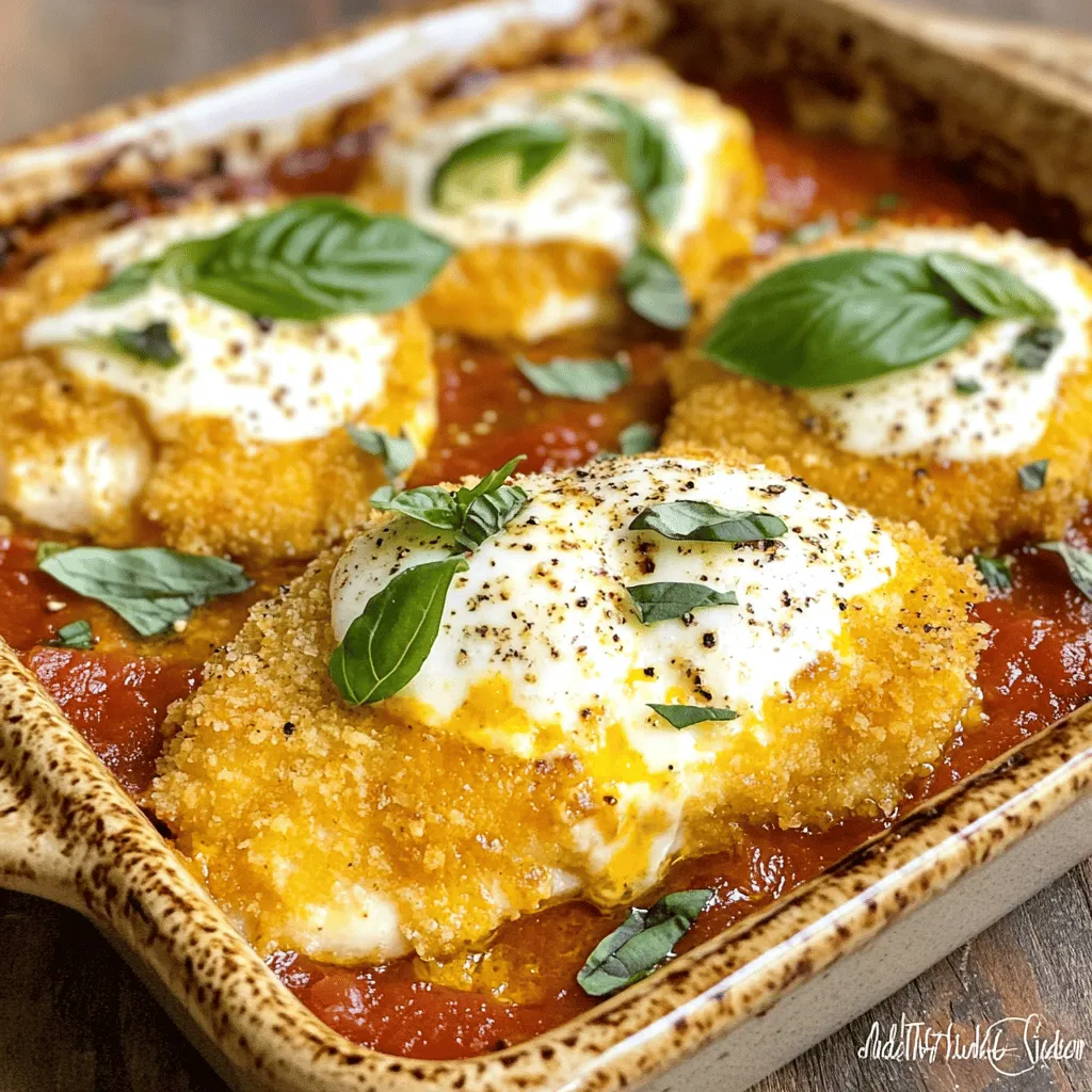To make a tasty Baked Chicken Parmesan, you will need these main ingredients: - 4 boneless, skinless chicken breasts - 1 cup breadcrumbs (preferably Italian seasoned) - 1/2 cup grated Parmesan cheese - 1 cup marinara sauce (homemade or store-bought) - 1 1/2 cups shredded mozzarella cheese - 2 large eggs, beaten - 1 teaspoon garlic powder - 1 teaspoon dried oregano - Salt and pepper to taste - Olive oil spray These ingredients bring a great mix of flavors and textures. The chicken gives a nice base, while the cheeses add creaminess. The marinara sauce adds a burst of tomato goodness that makes this dish shine. You can tweak the recipe with these optional ingredients: - Fresh basil leaves for garnish - Spices like red pepper flakes for a kick - Different cheeses like provolone or fontina - Vegetables like spinach or mushrooms for added nutrition Feel free to get creative! Changing a few ingredients can make the dish your own. Baked Chicken Parmesan is not only delicious but also balanced. A serving (one chicken breast) contains roughly: - Calories: 400 - Protein: 40g - Fat: 18g - Carbohydrates: 20g - Fiber: 1g This dish packs a protein punch, which helps keep you full. It also features carbs from the breadcrumbs. If you want to lighten it up, you can use less cheese or serve it with a salad. For the full recipe, check out the instructions provided earlier. To make Baked Chicken Parmesan, start by gathering your ingredients. You will need: - 4 boneless, skinless chicken breasts - 1 cup breadcrumbs (preferably Italian seasoned) - 1/2 cup grated Parmesan cheese - 1 cup marinara sauce (homemade or store-bought) - 1 1/2 cups shredded mozzarella cheese - 2 large eggs, beaten - 1 teaspoon garlic powder - 1 teaspoon dried oregano - Salt and pepper to taste - Fresh basil leaves for garnish (optional) - Olive oil spray First, preheat your oven to 400°F (200°C). Then, take a baking dish and lightly grease it with olive oil spray. In a shallow bowl, mix the breadcrumbs, grated Parmesan, garlic powder, oregano, salt, and pepper. In another bowl, beat the eggs until smooth. Dip each chicken breast into the eggs, letting the extra drip off. Then coat the chicken with the breadcrumb mix. Press down to make sure it sticks well. After coating, place the chicken breasts in the baking dish. Lightly spray the tops with olive oil spray. Bake the chicken for 20-25 minutes. You want it golden and cooked through. Next, pull the dish from the oven. Spoon marinara sauce over each piece of chicken. Then, sprinkle mozzarella cheese on top. Return the dish to the oven for another 10-15 minutes. The cheese should be melted and bubbly. Once done, let the chicken rest for a few minutes before serving. For a great meal, serve your Baked Chicken Parmesan warm. It pairs well with a side of pasta or a simple salad. You can also add fresh basil leaves on top for a nice touch. For a twist, try serving it with garlic bread or over a bed of sautéed spinach. If you're feeling adventurous, add some crushed red pepper flakes for a spicy kick. Enjoy your delicious creation! For the complete recipe, check out the [Full Recipe]. To get that perfect crispy coating, follow some simple steps. First, make sure to use fresh breadcrumbs for the best texture. You can also mix in some Italian herbs to boost the flavor. Next, press the breadcrumbs firmly onto the chicken. This helps them stick better. A light spray of olive oil on top before baking is key. It helps the coating turn golden and crispy. Avoid these common mistakes for a better dish. Don't skip the egg dip; it’s crucial for the coating. If the chicken is too wet, the crumbs won’t stick. Make sure to dry the chicken with paper towels first. Also, don’t overcrowd the baking dish. Give each piece space to cook evenly. Finally, resist the urge to skip the resting time after baking. Letting the chicken rest keeps it juicy. Baked Chicken Parmesan pairs well with several sides. A simple green salad with a light vinaigrette balances the meal. Garlic bread is a classic choice that everyone loves. You can also serve it over pasta for a hearty dinner. If you want something lighter, steamed veggies are a great option. For a refreshing drink, try iced tea or a light white wine. {{image_2}} You can make Baked Chicken Parmesan lighter. Use skinless chicken thighs instead of breasts. They stay juicy and add flavor. Swap out breadcrumbs for crushed almonds or oats. This keeps the crunch without the carbs. A low-fat cheese can also reduce calories while still tasting great. You can customize this dish with different ingredients. Try using whole wheat breadcrumbs for a healthier twist. If you want a gluten-free option, use almond flour or gluten-free breadcrumbs. Substitute marinara with pesto for a fresh flavor. You can also add spinach or mushrooms to boost nutrition. To elevate the taste, mix fresh herbs into the breadcrumb mix. Basil, parsley, or thyme bring freshness. You can add a dash of red pepper flakes for heat. For extra richness, drizzle balsamic glaze over the chicken before serving. These small changes create a big impact on taste! If you're interested in trying out the full recipe, refer to the Baked Chicken Parmesan Delight section above. After enjoying your Baked Chicken Parmesan, let leftovers cool to room temperature. Place them in an airtight container. This keeps them fresh and helps avoid sogginess. Store the container in the fridge. These leftovers can last for up to three days. To reheat, preheat your oven to 350°F (175°C). Place the chicken on a baking sheet. Cover with foil to keep moisture in. Heat for about 15-20 minutes. If you want the cheese to melt more, remove the foil for the last few minutes. You can also use a microwave, but the oven keeps it crispier. If you want to save some for later, freezing is a great option. Wrap each piece in plastic wrap, then place them in a freezer bag. This helps prevent freezer burn. You can freeze the chicken for up to three months. To thaw, move it to the fridge overnight before reheating. For the best taste, always bake from frozen rather than microwaving. Enjoy your Baked Chicken Parmesan later with great flavor! You can tell when chicken is done by checking its internal temperature. Use a meat thermometer. The chicken should reach 165°F (75°C). When you cut into it, the juices should run clear. If the juices are pink, it needs more time. I usually bake it for about 20-25 minutes. Then, I add the sauce and cheese for another 10-15 minutes. This keeps the chicken juicy and tender. Yes, you can mix it up! While mozzarella is classic, you can try provolone or gouda. For a sharper taste, use aged cheddar or fontina. You can also blend different cheeses for unique flavors. Just remember to keep the cheese melty and gooey. This will enhance the dish's overall taste. Absolutely! You can prepare it a day in advance. Just follow the steps to coat the chicken. Place it in a baking dish, but don’t add sauce or cheese yet. Cover it tightly and store it in the fridge. When ready to bake, add the sauce and cheese before cooking. This makes it easy for busy days. You can have a tasty meal without the rush! For the full recipe, refer to the earlier section. Baked Chicken Parmesan is a delicious meal that you can easily make at home. You learned about the main and optional ingredients, along with how to prepare, bake, and serve this dish. We discussed tips to ensure a crispy coating and common mistakes to avoid. You can even try variations for healthier meals or different flavors. Don’t forget about storing leftovers safely. Now, you have all the knowledge to enjoy this dish and impress your family with your cooking skills. Enjoy your tasty chicken!
